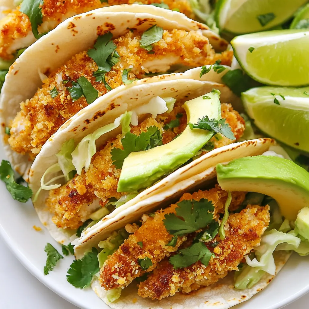 For crispy poblano chicken tacos, you will need: - 2 boneless, skinless chicken breasts - 2 large poblano peppers - 1 cup all-purpose flour - 2 large eggs - 1 cup breadcrumbs (preferably panko) - 8 small corn tortillas - 1 cup shredded cabbage - 1 avocado, sliced - 1/4 cup fresh cilantro, chopped - 1 lime, cut into wedges - Hot sauce (optional) The flavor comes from this seasoning mix. You will use: - 1 teaspoon paprika - 1 teaspoon garlic powder - 1 teaspoon cumin - 1 teaspoon salt - 1/2 teaspoon black pepper Add some extra flair with these toppings: - Fresh cilantro - Avocado slices - Lime wedges - Hot sauce for heat This list gives you everything to create a tasty taco experience. Each ingredient plays a role in flavor and texture. Enjoy mixing these tasty elements together! {{ingredient_image_2}} To start, we need to roast the poblano peppers. First, preheat your oven to 400°F (200°C). Place the peppers on a baking sheet. Roast them for about 20 minutes. Make sure to turn them often. The skin will blister and char. This adds great flavor! After roasting, cover them with aluminum foil. Let them steam for about 10 minutes. This makes peeling easier. Once cool, peel off the charred skin. Remove the seeds and slice them into strips. While the peppers roast, let's prep the chicken breasts. Use a meat mallet or a rolling pin. Pound the chicken to an even thickness of about 1/2 inch. This helps the chicken cook evenly. Then, set up your breading station. In one dish, mix all-purpose flour, paprika, garlic powder, cumin, salt, and black pepper. This spice mix gives the chicken a nice kick. In another dish, beat two eggs until mixed well. Now it's time to bread the chicken. Take each pounded breast. First, dredge it in the seasoned flour. Shake off any extra flour. Next, dip it in the egg wash. Make sure it is fully coated. Finally, roll it in breadcrumbs. Press gently to make sure the coating sticks. Heat some oil in a skillet over medium heat. Once the oil is hot, add the breaded chicken. Cook for about 6-7 minutes on each side. You want them golden brown and cooked through. After cooking, let them rest for a few minutes before cutting into strips. This helps keep them juicy! To make your chicken extra crispy, use panko breadcrumbs. They provide a great crunch. Ensure the chicken is thin. Pound it to about 1/2 inch thick. This helps it cook evenly. When frying, let the oil get hot before you add the chicken. This seals in moisture and creates a crispy crust. Cook each side for 6 to 7 minutes until golden brown. Warming your tortillas is key for a great taco. You can heat them in a dry skillet. Just a minute on each side works well. If you prefer, hold them over a flame. This makes them soft and pliable. Soft tortillas will wrap around the filling nicely. Presentation matters! Arrange your tacos on a colorful platter. Place lime wedges and a bowl of hot sauce in the center. This makes it look inviting. Add fresh cilantro leaves on top for color. It adds flavor and looks great! Serve immediately for the best taste. Pro Tips Chicken Tenderness: Pound the chicken breasts evenly to ensure they cook uniformly and remain juicy. Perfectly Roasted Poblanos: Don’t skip the steaming step after roasting; it makes peeling the skins much easier! Breadcrumb Crunch: Use panko breadcrumbs for an extra crispy coating that adds delightful texture to your tacos. Tortilla Warm-Up: Warm the corn tortillas just before assembling to keep them soft and pliable, preventing them from cracking. {{image_4}} If you want to switch up the chicken, there are many great options. You can use pork, beef, or turkey for a different flavor. Each meat needs the same breading steps. Just make sure to cook it thoroughly. If you like seafood, shrimp or fish work well too. They cook fast and add a fresh taste. For a tasty vegetarian taco, you can swap the chicken for hearty veggies. Try using eggplant, zucchini, or mushrooms. You can also use tofu or tempeh. Marinate them in the same spices as the chicken. This adds a lot of flavor. Just roast or pan-fry them until they are golden and tender. You can adjust the spice in these tacos to fit your taste. If you like heat, add cayenne pepper or chili powder to the breading mix. You can also add spicy salsa on top. For milder tacos, skip the hot sauce and use a cooling sauce like yogurt. This way, everyone can enjoy the tacos just how they like them! To store leftover tacos, first, remove the fillings from the tortillas. This helps keep the tortillas from getting soggy. Place the chicken, poblano strips, and any other fillings in an airtight container. Store them in the fridge for up to three days. Keep the tortillas in a separate bag. This way, they stay fresh and don’t lose their texture. To reheat your tacos, use a skillet for best results. Heat the skillet over medium heat. Add a small amount of oil to the pan. Place the chicken and poblano strips in the skillet. Heat for about 3-4 minutes, flipping halfway through. This keeps the chicken crispy. For the tortillas, warm them in a dry skillet for 1-2 minutes on each side. This makes them soft and easy to fold. If you want to freeze the tacos, start by cooling the fillings completely. Place the chicken and poblanos in a freezer-safe bag. Press out as much air as possible before sealing. You can freeze the mixture for up to three months. For the tortillas, wrap them tightly in foil or plastic wrap. Thaw everything in the fridge overnight before reheating. This keeps your tacos tasty and fresh for later! Yes, you can. If you want a milder taste, try bell peppers. They add sweetness. For more heat, use jalapeños or serranos. These peppers bring different flavors to your tacos. Experiment with what you like best! You can use flour tortillas if you prefer. They are soft and easy to wrap. Lettuce leaves also work well for a low-carb option. They add crunch and freshness without carbs. Choose what fits your meal best! Add hot sauce or sliced jalapeños for a kick. You can also sprinkle in chili powder when breading chicken. If you love heat, mix in diced fresh peppers with the cabbage. Adjust the spice to match your taste! In this post, we explored the key ingredients for flavorful tacos, from the chicken to the seasonings. I shared step-by-step instructions for perfect preparation, cooking methods, and tips to make your tacos extra crispy. We also discussed variations for different diets and how to store leftovers safely. In closing, tacos are versatile and fun. You can customize them easily to fit your taste. Enjoy making these delicious bites for any meal!