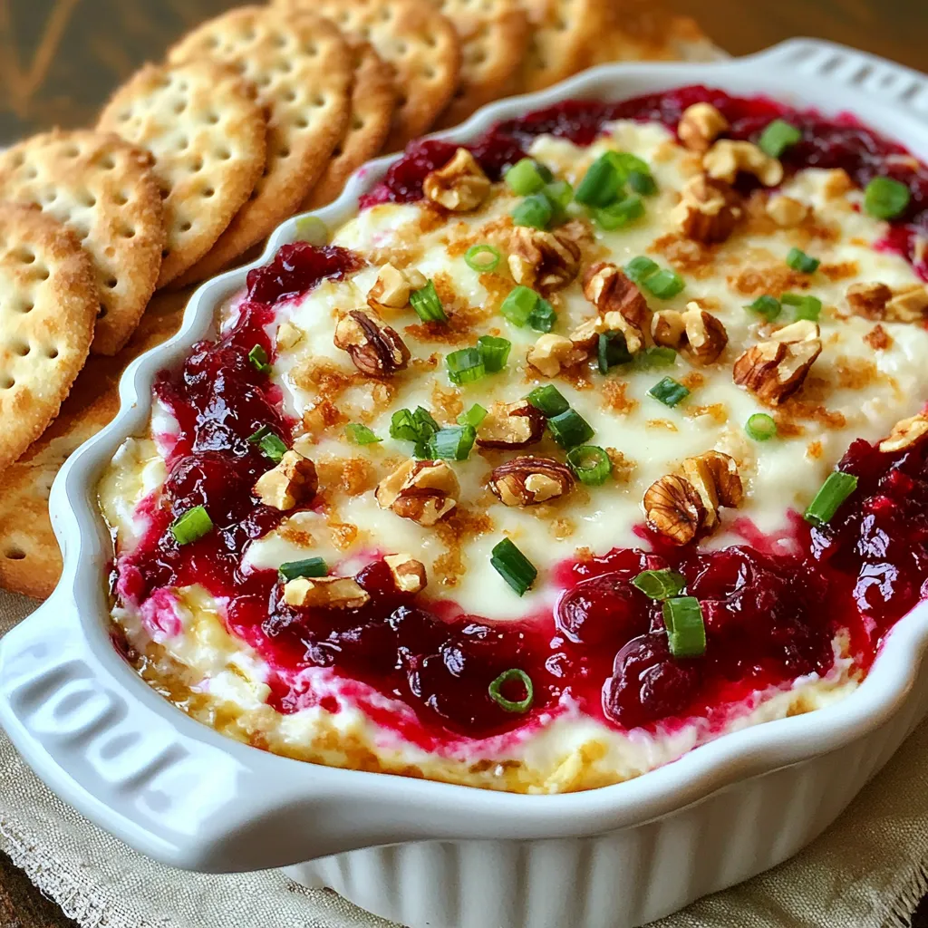 To make this delicious dip, gather these simple ingredients: - 8 oz cream cheese, softened to room temperature - 1 cup cranberry sauce (store-bought or homemade) - 1/2 cup shredded mozzarella cheese - 1/4 cup chopped green onions (plus extra for garnish, optional) - 1/2 teaspoon garlic powder - 1/4 teaspoon freshly ground black pepper - 1/2 teaspoon dried thyme For extra crunch and flavor, consider adding: - 1/2 cup chopped walnuts (optional, for added texture) This dip pairs well with a range of items. Try serving it with: - Assorted crackers - Toasted baguette slices {{ingredient_image_2}} First, you need to preheat your oven to 350°F (175°C). This step is key for a good bake. While the oven warms up, gather your ingredients. You will need cream cheese, cranberry sauce, mozzarella cheese, and green onions. Also, get your garlic powder, black pepper, and dried thyme ready. If you want a crunchy twist, have walnuts on hand. In a medium mixing bowl, add the softened cream cheese. Then, pour in the cranberry sauce and add the shredded mozzarella. Next, toss in the chopped green onions. Sprinkle the garlic powder, black pepper, and dried thyme into the bowl. Mix everything until it becomes creamy and smooth. If you choose to add walnuts, fold them in gently at this stage. Now, take a small baking dish and transfer your creamy mixture into it. Spread it out evenly so it cooks well. Place the dish in the preheated oven and let it bake for 25-30 minutes. You will know it’s ready when the dip is bubbly and the top is golden. After taking it out of the oven, let it cool for 5 minutes. This will help you serve it without burning your fingers! Serve the warm dip with assorted crackers or toasted baguette slices. If you like, add extra chopped green onions for a pop of color. Bake your dip at 350°F (175°C). This temperature helps it bake evenly and stay creamy. Set your timer for 25-30 minutes. Look for bubbling edges and a golden top. This tells you it’s ready to serve. To get a smooth texture, use softened cream cheese. Mix it well with the cranberry sauce and cheese. If you want crunch, add chopped walnuts. Fold them in gently to keep the dip creamy. Let it cool for a few minutes after baking. This makes it easier to scoop without burning your fingers. For a great look, use a nice baking dish. A rustic or colorful dish makes the dip pop. Arrange crackers or toasted baguette slices around it. This invites guests to dive in. You can also sprinkle extra green onions on top for color and flavor. Pro Tips Use Room Temperature Cream Cheese: Ensure your cream cheese is softened to room temperature for a smooth and creamy dip. This will help it blend better with the other ingredients. Experiment with Cheese: While mozzarella adds a nice stretch, feel free to mix in other cheeses like cheddar or gouda for a richer flavor profile. Customize Your Garnish: Add a sprinkle of pomegranate seeds or fresh herbs like thyme or parsley on top for a pop of color and freshness. Make Ahead for Convenience: Prepare the dip a day in advance and store it in the refrigerator. Just bake it when you’re ready to serve for a hassle-free appetizer. {{image_4}} You can change the cheese for a new taste. Try using goat cheese for a tangy kick. Feta cheese adds a salty flavor. Creamy ricotta gives a smooth texture. Mix and match to find your favorite blend. Want to spice things up? Add jalapeños for heat. Fresh herbs like basil or rosemary add zest. For a sweet twist, stir in some honey or maple syrup. Each add-in brings a new layer to your dip. If you want a vegetarian dip, skip the walnuts. Replace them with seeds like pumpkin or sunflower. They add crunch without the nuts. You can also use a nut-free cream cheese alternative to keep it safe for everyone. Enjoy your dip without worry! To keep your baked cranberry cream cheese dip fresh, let it cool down first. Then, transfer it to an airtight container. Store it in the fridge for up to three days. This way, you can enjoy it later without losing its rich flavor. When you’re ready to enjoy the dip again, preheat your oven to 350°F (175°C). Place the dip in an oven-safe dish. Heat it for about 15 minutes or until it’s warm and bubbly. You can also use a microwave. Just warm it in short bursts, stirring in between, until it’s hot. If you want to save some dip for later, freezing is a good option. Use a freezer-safe container and store it for up to three months. To thaw, place it in the fridge overnight. When you’re ready, follow the reheating instructions to enjoy it like new. Yes, you can prepare this dip ahead of time. Mix all the ingredients and place them in a baking dish. Cover it and store it in the fridge. When ready to serve, bake it as directed. This makes it easy for parties or gatherings. If you want to swap cream cheese, try using Greek yogurt or ricotta cheese. These options will give a creamy texture. However, the taste will change slightly. If you use Greek yogurt, choose plain to avoid added flavors. The dip is done when it bubbles and has a golden brown top. Bake it for about 25-30 minutes at 350°F (175°C). Keep an eye on it to avoid overcooking. A light golden color means it’s ready to enjoy. This dip is best served warm. Cold, it may not have the same creamy texture. However, if you prefer it cold, you can chill it and serve it as a spread. Just remember, it won’t have that gooey, melty feel. This blog covered all you need for Baked Cranberry Cream Cheese Dip. We explored the key ingredients, baking steps, and great tips. You can customize the dip for added texture and taste. Remember to store leftovers properly and know how to reheat them. Whether you make it ahead of time or change the flavors, this dip is sure to please. Dive into this easy recipe and enjoy every bite!