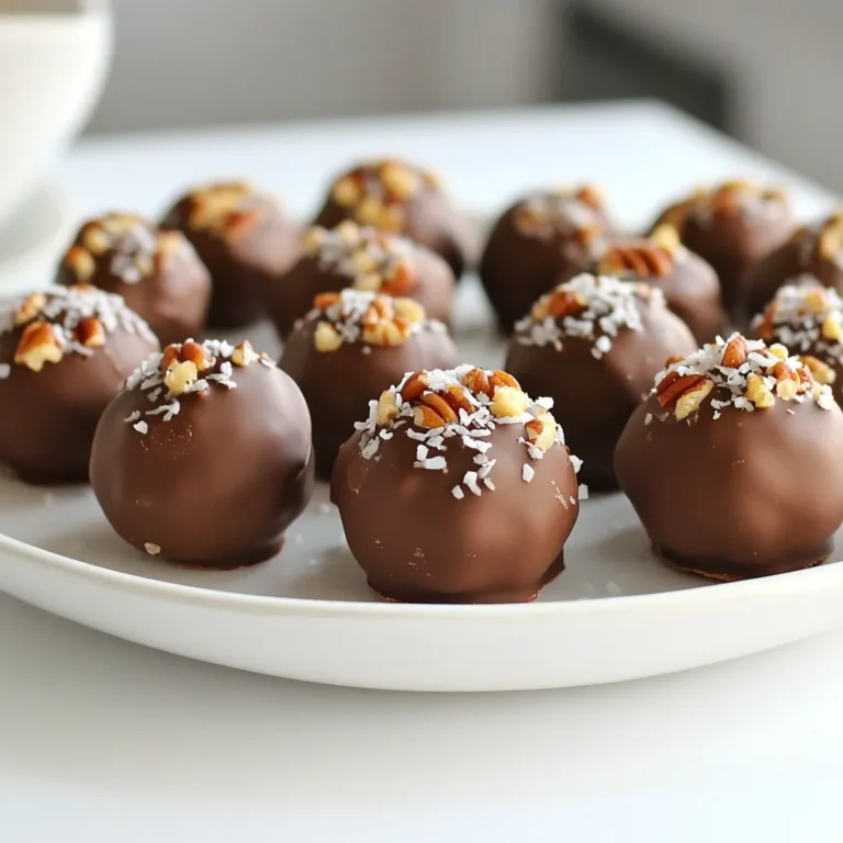 To make your No Bake Pumpkin Spice Truffles, gather the following ingredients: - 1 cup pumpkin puree - 1 cup almond flour - 1/2 cup pure maple syrup - 1 teaspoon pumpkin spice blend - 1/4 teaspoon sea salt - 1/2 teaspoon pure vanilla extract - 1/2 cup dark chocolate chips (choose dairy-free if needed) - 1/4 cup finely chopped pecans (for coating) - 1/4 cup unsweetened shredded coconut (for coating) Each ingredient plays a key role. The pumpkin puree gives a rich flavor and texture. Almond flour adds a nutty taste and helps bind the truffles. Maple syrup sweetens and brings moisture. Pumpkin spice blend offers warmth, while sea salt enhances all flavors. Vanilla extract adds depth. Dark chocolate chips provide a delicious coating, and the pecans or coconut add crunch and extra flavor. Make sure to use high-quality ingredients for the best taste. Organic pumpkin puree and pure maple syrup can elevate your truffles. Enjoy the process of combining these simple items into a delightful treat. To start, grab a medium mixing bowl. Combine these ingredients: - 1 cup pumpkin puree - 1 cup almond flour - 1/2 cup pure maple syrup - 1 teaspoon pumpkin spice blend - 1/4 teaspoon sea salt - 1/2 teaspoon pure vanilla extract Mix them well until they form a smooth dough. Make sure each ingredient blends in nicely. This base will give your truffles a rich flavor. Once your base is mixed, cover the bowl with plastic wrap. Place it in the fridge for 30 minutes. Chilling helps firm up the dough. This step makes it much easier to roll the mixture into truffles. After the mixture is chilled, take it out of the fridge. Use a small cookie scoop or your hands to portion the dough. Roll the mixture into small balls, about 1 inch in size. Place these balls on a plate or tray. This will be the fun part where you see your truffles take shape! Now, let’s make the chocolate coating. In a microwave-safe bowl, add 1/2 cup dark chocolate chips. Melt the chocolate in intervals of 30 seconds. Stir after each interval until it's completely smooth. This will give your truffles a delicious outer layer. Next, take each pumpkin truffle ball and dip it into the melted chocolate. Ensure each one is fully coated. Use a fork to lift them out and let any extra chocolate drip back into the bowl. For a tasty touch, roll the coated truffles in either finely chopped pecans or shredded coconut right after dipping. This step adds texture and flavor! Finally, place the coated truffles on a baking sheet lined with parchment paper. This helps prevent sticking. After all the truffles are coated, put them back in the fridge. Wait for about 15 to 20 minutes for the chocolate to set fully. Once set, your no-bake pumpkin spice truffles will be ready to enjoy! - Keep hands damp for easier rolling. This helps prevent sticking. - Use a cookie scoop for uniform size. This makes each truffle look nice and neat. - Use the microwave in intervals. Heat for 30 seconds, then stir. - Avoid overheating chocolate. This can make it clump and lose its smoothness. - Arrange on a festive platter. This makes your truffles stand out. - Add cinnamon dusting for extra flair. A little sprinkle elevates the look and taste. {{image_4}} You can change the way your truffles look and taste by using different coatings. Here are two fun options: - Use crushed graham crackers for a sweet crunch. - Try crushed almonds for a nutty flavor. - If you want to be fancy, dip the truffles in white chocolate. This adds a creamy touch. You can also play with the flavors in your truffles. Here are some ideas to try: - Experiment with flavored extracts, like orange. This adds a bright twist. - Incorporate different spices, such as nutmeg or ginger, for more depth. If you need to change the recipe for dietary reasons, there are easy swaps: - Use coconut flour instead of almond flour for a gluten-free option. - Substitute maple syrup with agave nectar for a different sweetness. These variations keep your no-bake pumpkin spice truffles fun and fresh! To keep your truffles fresh, store them in an airtight container. This will help prevent them from drying out or absorbing other smells from your fridge. Make sure the container is not too big; a snug fit is best. Refrigerate your truffles to keep them cool and tasty. The cool air helps maintain their shape and flavor. These truffles can last up to two weeks in the fridge. After that, they may start to lose their flavor and texture. Watch for signs of spoilage, like a change in color or an off smell. If they look or smell funny, it's best to toss them out. You can freeze these truffles to enjoy later. First, place them on a baking sheet in a single layer. Freeze them for about an hour until they are solid. Then, transfer them to a freezer-safe bag or container. They can last up to three months in the freezer. When you want to eat them, take them out and let them thaw in the fridge. This way, they will stay soft and delicious. Yes, you can use canned pumpkin. Canned pumpkin saves time and works well. Just make sure it is pure pumpkin puree, not pumpkin pie filling. The flavor and texture will still be great. These truffles take about 15 to 20 minutes to set in the fridge. This time allows the chocolate to harden properly. You can check them after 15 minutes to see if they are ready. If you need a substitute for almond flour, try using oat flour or coconut flour. Both will work in this recipe. Just remember, coconut flour absorbs more moisture, so you may need less of it. Yes, these truffles are vegan-friendly. Use dairy-free chocolate chips, and they will be perfect. All the other ingredients are naturally vegan, too. Yes, you can skip the chocolate coating. Roll the truffles in chopped nuts or coconut instead. This will still give you a tasty treat without the chocolate. These pumpkin spice truffles are easy and fun to make. You mix simple ingredients like pumpkin puree, almond flour, and dark chocolate. After chilling, shape them, coat them, and let them set. Remember, different toppings and flavors can make each batch special. Store them properly to keep them fresh, and enjoy! These truffles are great for sharing or treating yourself. By trying variations, you can find your favorite twist. Have fun making these tasty treats!