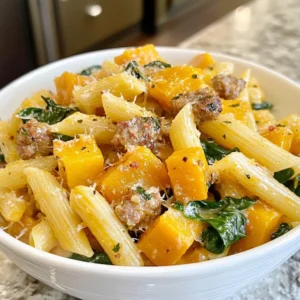 - 8 oz penne pasta - 1 medium butternut squash, peeled and diced into 1-inch cubes - 1 lb sweet Italian sausage, casings removed - 2 cups fresh spinach, chopped - 3 cloves garlic, minced - 1 teaspoon dried thyme - 1 teaspoon smoked paprika for a hint of warmth - 1/2 cup vegetable broth, low-sodium preferred - 1/4 cup heavy cream (or substitute coconut cream for a vegan twist) - Olive oil for sautéing - Salt and freshly ground black pepper to taste - Grated Parmesan cheese for garnish (optional) The right mix of ingredients makes this dish shine. Each component brings its own charm and taste. Penne pasta is the base, giving the dish a nice bite. Butternut squash adds a sweet touch and creamy texture. Sweet Italian sausage brings hearty flavor and richness. Fresh spinach adds a burst of green and nutrition. For seasonings, garlic provides a strong aroma. Dried thyme adds a nice earthiness, while smoked paprika gives warmth. Vegetable broth keeps everything moist without overpowering flavors. Heavy cream or coconut cream adds a rich creaminess that ties it all together. Feel free to use olive oil for sautéing. It adds flavor and helps cook the sausage. Salt and pepper are must-haves for taste. If you want cheese, grated Parmesan is perfect as a topping. These ingredients work together to create a wonderful dish. They make Butternut Squash Sausage Spinach Pasta one you will love! {{ingredient_image_2}} - Boiling Water: Fill a large pot with water. Add a generous amount of salt. Bring it to a rolling boil. - Cooking Time and Technique: Add the penne pasta once the water boils. Cook according to the package instructions for about 10-12 minutes. You want it to be al dente, which means it should be firm to the bite. - Preventing Sticking: After cooking, drain the pasta and toss it with a drizzle of olive oil. This keeps the pasta from sticking together. - Preheating the Oven: Set your oven to 400°F (200°C). This high heat helps caramelize the squash. - Seasoning and Baking: Spread the diced butternut squash on a baking sheet. Drizzle with olive oil and sprinkle with salt and pepper. - Desired Texture: Roast for 20-25 minutes. You want the squash tender and slightly golden. This adds a sweet, rich flavor. - Heating Oil: In a large skillet, heat a splash of olive oil over medium heat. This helps the sausage cook evenly. - Cooking Sausage to Perfection: Add the sweet Italian sausage. Break it up with a spatula. Cook for about 5-7 minutes until the sausage is browned and fully cooked. - Sautéing Garlic and Spinach: Once the sausage is ready, add the minced garlic. Stir it for about a minute until it smells amazing. Then, toss in the chopped spinach. Cook for 2-3 minutes until the spinach wilts. Seasoning Suggestions To boost flavor, use salt and pepper. Smoked paprika adds warmth. Dried thyme brings earthiness. Taste as you go. Adjust seasoning to fit your preference. Ingredient Quality Use fresh ingredients for the best taste. The butternut squash should feel firm. Look for sweet Italian sausage with good fat content. Fresh spinach should be bright green and crisp. Ensuring Perfectly Cooked Pasta Cook the penne until al dente. Taste it a minute before the time is up. Al dente pasta stays firm and holds sauce well. Adjusting Creaminess For a creamier dish, add more heavy cream or coconut cream. If you want it lighter, cut back on cream and add more broth. This will keep the flavors rich and full. Customizing Spice Levels Want more heat? Add crushed red pepper flakes or a dash of hot sauce. For less spice, skip the smoked paprika. Adjust to fit your taste. Prepping Ingredients Ahead Chop the butternut squash and garlic early. Store them in the fridge. This makes cooking faster when you're ready. Using Leftover Vegetables Got extra veggies? Toss them in! Zucchini, bell peppers, or carrots work well. This adds nutrition and variety to your meal. Pro Tips Choose the Right Pasta: Using penne pasta is great for this dish, but feel free to substitute with your favorite pasta shape like fusilli or farfalle for a different texture. Perfectly Roasted Squash: Ensure the butternut squash is cut into even 1-inch cubes for uniform cooking and caramelization, enhancing the flavor and texture. Customize the Cream: For a lighter version, use half-and-half instead of heavy cream. For a dairy-free option, coconut cream adds a rich texture without compromising flavor. Garnish Wisely: A sprinkle of fresh herbs like parsley or basil can elevate the dish and add a pop of color. Parmesan cheese is optional but enhances the savory notes. {{image_4}} Vegan Options You can easily make this dish vegan. Swap the sweet Italian sausage for plant-based sausage. Use coconut cream instead of heavy cream. This keeps it creamy without any dairy. Gluten-Free Alternatives If you need a gluten-free option, choose gluten-free penne pasta. Many brands offer great texture and taste. You can also use spiralized veggies like zucchini or carrots for a low-carb twist. Different Pasta Shapes While penne works well, you can try other shapes. Fusilli or farfalle are great alternatives. They hold onto the sauce beautifully and add fun to your dish. Sausage Variants Feel free to mix up the sausage. Spicy sausage adds a kick, while turkey sausage keeps it light. You can even use chicken sausage for a different flavor profile. Cheese Substitutions If you want to change the cheese, try feta or goat cheese. They give a tangy taste that pairs well. Nutritional yeast is a great vegan option for a cheesy flavor. Extra Veggies to Add Boost the nutrition and flavor by adding more veggies. Sun-dried tomatoes add sweetness, while bell peppers give crunch. You can also toss in kale or broccoli for extra nutrients. - Refrigeration Guidelines: Store leftover pasta in the fridge within two hours. Keep it in an airtight container. It stays fresh for 3-4 days. - Suitable Containers: Use glass or plastic containers with tight lids. These help keep the pasta moist. - Prepping for Freezing: Allow the pasta to cool first. Then, divide it into portions. Place each portion in freezer bags or containers. Remove as much air as possible. - Thawing Instructions: To thaw, move the pasta to the fridge overnight. For quick thawing, use the microwave on low. - Best Methods for Reheating: The microwave is quick and easy. Heat in short bursts, stirring often. You can also reheat on the stove with a splash of broth. - Maintaining Flavor and Texture: Add a little extra cream or broth while reheating. This keeps the pasta creamy and prevents it from drying out. You can check pasta doneness by tasting it. Al dente means it should be firm, but not hard. Look for a slight bite in the center. Overcooked pasta becomes soft and mushy. To avoid this, set a timer and check a minute before the package time ends. Yes, you can prepare this dish in advance. Cook and mix all the ingredients, then cool them down. Store them in an airtight container in the fridge. For best flavor, eat it within two days. Reheat gently on the stove to keep the taste fresh. This pasta pairs well with many sides. A simple green salad adds freshness. Garlic bread can also provide a nice crunch. For a heartier meal, serve with roasted vegetables. Each side will enhance the dish's flavors. Absolutely! Portion the pasta into meal prep containers. It keeps well in the fridge for up to three days. You can also freeze it for longer storage. Just make sure to thaw it overnight in the fridge before reheating. This blog post covered a delicious recipe for Butternut Squash Sausage Spinach Pasta. We discussed key ingredients, step-by-step instructions, and helpful tips. You learned how to enhance flavor and customize the dish to fit your needs. With options for storage and meal prep, you can enjoy it any time. Remember, cooking is fun and allows for creativity. Try different ingredients to make it your own. Happy cooking!
