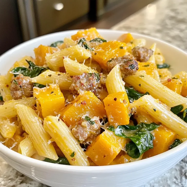 - 8 oz penne pasta - 1 medium butternut squash, peeled and diced into 1-inch cubes - 1 lb sweet Italian sausage, casings removed - 2 cups fresh spinach, chopped - 3 cloves garlic, minced - 1 teaspoon dried thyme - 1 teaspoon smoked paprika for a hint of warmth - 1/2 cup vegetable broth, low-sodium preferred - 1/4 cup heavy cream (or substitute coconut cream for a vegan twist) - Olive oil for sautéing - Salt and freshly ground black pepper to taste - Grated Parmesan cheese for garnish (optional) The right mix of ingredients makes this dish shine. Each component brings its own charm and taste. Penne pasta is the base, giving the dish a nice bite. Butternut squash adds a sweet touch and creamy texture. Sweet Italian sausage brings hearty flavor and richness. Fresh spinach adds a burst of green and nutrition. For seasonings, garlic provides a strong aroma. Dried thyme adds a nice earthiness, while smoked paprika gives warmth. Vegetable broth keeps everything moist without overpowering flavors. Heavy cream or coconut cream adds a rich creaminess that ties it all together. Feel free to use olive oil for sautéing. It adds flavor and helps cook the sausage. Salt and pepper are must-haves for taste. If you want cheese, grated Parmesan is perfect as a topping. These ingredients work together to create a wonderful dish. They make Butternut Squash Sausage Spinach Pasta one you will love! {{ingredient_image_2}} - Boiling Water: Fill a large pot with water. Add a generous amount of salt. Bring it to a rolling boil. - Cooking Time and Technique: Add the penne pasta once the water boils. Cook according to the package instructions for about 10-12 minutes. You want it to be al dente, which means it should be firm to the bite. - Preventing Sticking: After cooking, drain the pasta and toss it with a drizzle of olive oil. This keeps the pasta from sticking together. - Preheating the Oven: Set your oven to 400°F (200°C). This high heat helps caramelize the squash. - Seasoning and Baking: Spread the diced butternut squash on a baking sheet. Drizzle with olive oil and sprinkle with salt and pepper. - Desired Texture: Roast for 20-25 minutes. You want the squash tender and slightly golden. This adds a sweet, rich flavor. - Heating Oil: In a large skillet, heat a splash of olive oil over medium heat. This helps the sausage cook evenly. - Cooking Sausage to Perfection: Add the sweet Italian sausage. Break it up with a spatula. Cook for about 5-7 minutes until the sausage is browned and fully cooked. - Sautéing Garlic and Spinach: Once the sausage is ready, add the minced garlic. Stir it for about a minute until it smells amazing. Then, toss in the chopped spinach. Cook for 2-3 minutes until the spinach wilts. Seasoning Suggestions To boost flavor, use salt and pepper. Smoked paprika adds warmth. Dried thyme brings earthiness. Taste as you go. Adjust seasoning to fit your preference. Ingredient Quality Use fresh ingredients for the best taste. The butternut squash should feel firm. Look for sweet Italian sausage with good fat content. Fresh spinach should be bright green and crisp. Ensuring Perfectly Cooked Pasta Cook the penne until al dente. Taste it a minute before the time is up. Al dente pasta stays firm and holds sauce well. Adjusting Creaminess For a creamier dish, add more heavy cream or coconut cream. If you want it lighter, cut back on cream and add more broth. This will keep the flavors rich and full. Customizing Spice Levels Want more heat? Add crushed red pepper flakes or a dash of hot sauce. For less spice, skip the smoked paprika. Adjust to fit your taste. Prepping Ingredients Ahead Chop the butternut squash and garlic early. Store them in the fridge. This makes cooking faster when you're ready. Using Leftover Vegetables Got extra veggies? Toss them in! Zucchini, bell peppers, or carrots work well. This adds nutrition and variety to your meal. Pro Tips Choose the Right Pasta: Using penne pasta is great for this dish, but feel free to substitute with your favorite pasta shape like fusilli or farfalle for a different texture. Perfectly Roasted Squash: Ensure the butternut squash is cut into even 1-inch cubes for uniform cooking and caramelization, enhancing the flavor and texture. Customize the Cream: For a lighter version, use half-and-half instead of heavy cream. For a dairy-free option, coconut cream adds a rich texture without compromising flavor. Garnish Wisely: A sprinkle of fresh herbs like parsley or basil can elevate the dish and add a pop of color. Parmesan cheese is optional but enhances the savory notes. {{image_4}} Vegan Options You can easily make this dish vegan. Swap the sweet Italian sausage for plant-based sausage. Use coconut cream instead of heavy cream. This keeps it creamy without any dairy. Gluten-Free Alternatives If you need a gluten-free option, choose gluten-free penne pasta. Many brands offer great texture and taste. You can also use spiralized veggies like zucchini or carrots for a low-carb twist. Different Pasta Shapes While penne works well, you can try other shapes. Fusilli or farfalle are great alternatives. They hold onto the sauce beautifully and add fun to your dish. Sausage Variants Feel free to mix up the sausage. Spicy sausage adds a kick, while turkey sausage keeps it light. You can even use chicken sausage for a different flavor profile. Cheese Substitutions If you want to change the cheese, try feta or goat cheese. They give a tangy taste that pairs well. Nutritional yeast is a great vegan option for a cheesy flavor. Extra Veggies to Add Boost the nutrition and flavor by adding more veggies. Sun-dried tomatoes add sweetness, while bell peppers give crunch. You can also toss in kale or broccoli for extra nutrients. - Refrigeration Guidelines: Store leftover pasta in the fridge within two hours. Keep it in an airtight container. It stays fresh for 3-4 days. - Suitable Containers: Use glass or plastic containers with tight lids. These help keep the pasta moist. - Prepping for Freezing: Allow the pasta to cool first. Then, divide it into portions. Place each portion in freezer bags or containers. Remove as much air as possible. - Thawing Instructions: To thaw, move the pasta to the fridge overnight. For quick thawing, use the microwave on low. - Best Methods for Reheating: The microwave is quick and easy. Heat in short bursts, stirring often. You can also reheat on the stove with a splash of broth. - Maintaining Flavor and Texture: Add a little extra cream or broth while reheating. This keeps the pasta creamy and prevents it from drying out. You can check pasta doneness by tasting it. Al dente means it should be firm, but not hard. Look for a slight bite in the center. Overcooked pasta becomes soft and mushy. To avoid this, set a timer and check a minute before the package time ends. Yes, you can prepare this dish in advance. Cook and mix all the ingredients, then cool them down. Store them in an airtight container in the fridge. For best flavor, eat it within two days. Reheat gently on the stove to keep the taste fresh. This pasta pairs well with many sides. A simple green salad adds freshness. Garlic bread can also provide a nice crunch. For a heartier meal, serve with roasted vegetables. Each side will enhance the dish's flavors. Absolutely! Portion the pasta into meal prep containers. It keeps well in the fridge for up to three days. You can also freeze it for longer storage. Just make sure to thaw it overnight in the fridge before reheating. This blog post covered a delicious recipe for Butternut Squash Sausage Spinach Pasta. We discussed key ingredients, step-by-step instructions, and helpful tips. You learned how to enhance flavor and customize the dish to fit your needs. With options for storage and meal prep, you can enjoy it any time. Remember, cooking is fun and allows for creativity. Try different ingredients to make it your own. Happy cooking!