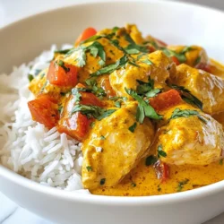 - 1.5 lbs boneless, skinless chicken thighs, cut into bite-sized pieces - 1 tablespoon ghee (or unsalted butter) - 1 large onion, finely chopped - 4 cloves garlic, minced - 1 tablespoon fresh ginger, grated - 1 tablespoon garam masala - 2 teaspoons ground cumin - 1 teaspoon turmeric - 1 teaspoon cayenne pepper (adjust based on your spice preference) - 1 (15 oz) can tomato sauce - 1 cup full-fat coconut milk (for an extra creamy texture) - 2 tablespoons brown sugar - Salt to taste - Fresh cilantro, chopped, for garnish The heart of butter chicken lies in its simple yet rich ingredients. The chicken thighs are tender and soak up all the flavors. Ghee gives a lovely buttery taste, making each bite divine. Aromatics like onion, garlic, and ginger form a fragrant base. Spices play a big role. Garam masala brings warmth, while cumin adds depth. Turmeric brightens the dish, and cayenne gives a kick. The tomato sauce and coconut milk create a creamy sauce that is hard to resist. Brown sugar balances the spices, rounding out the flavor. - Slow cooker - Large skillet - Cutting board and knife - Measuring cups and spoons Using the right tools makes cooking easier. A slow cooker perfectly blends flavors over time. A large skillet helps sauté the aromatics well. A cutting board and knife are essential for prepping chicken and veggies. Measuring cups and spoons ensure you get the right amounts of each ingredient. With these tools and ingredients, you can create a delicious slow cooker butter chicken that warms the heart and fills the belly. {{ingredient_image_2}} First, I heat 1 tablespoon of ghee in a large skillet over medium heat. Once it melts, I add 1 large finely chopped onion. I sauté the onion for about 5-7 minutes until it becomes soft. Next, I add 4 cloves of minced garlic and 1 tablespoon of grated ginger. I continue to cook this mix for 1-2 minutes until I smell that lovely aroma. After that, I sprinkle in the spices: 1 tablespoon of garam masala, 2 teaspoons of ground cumin, 1 teaspoon of turmeric, and 1 teaspoon of cayenne pepper. I let these spices toast for about 1 minute while stirring constantly. Toasting brings out their full flavors, making the dish taste amazing. Next, I transfer the fragrant onion and spice mix into the slow cooker. I then add 1.5 lbs of boneless, skinless chicken thighs, cut into bite-sized pieces. It’s important to coat all the chicken with the spice mix for the best flavor. I pour in 1 (15 oz) can of tomato sauce and 1 cup of full-fat coconut milk. The coconut milk adds creaminess to the dish. Finally, I mix in 2 tablespoons of brown sugar and season with salt to taste. Gently stirring all the ingredients together ensures they blend well. I cover the slow cooker with its lid and set it to cook. If I choose the low setting, I let it cook for 6-8 hours. On high, it takes about 3-4 hours. The key is to make sure the chicken becomes tender and fully cooked. Tender chicken makes each bite melt in your mouth. After cooking, I give the curry a good stir to mix everything. If needed, I adjust the seasoning for the perfect taste. To make your butter chicken shine, adjust the spice levels. If you want it milder, reduce the cayenne pepper. If you love heat, add more! Taste as you go. Using fresh ingredients makes a big difference. Fresh ginger and garlic add a bright flavor. Choose ripe tomatoes for the best sauce. You can also add fresh green chilies for a kick. For a creamy texture, use full-fat coconut milk. It makes the dish rich and smooth. If it seems too thin, cook it longer to thicken. To achieve your desired thickness, check the sauce before serving. If it’s too watery, let it cook with the lid off for a bit. This helps evaporate extra liquid and intensifies the flavors. Serving suggestions can elevate your dish. Pair the butter chicken with fluffy basmati rice or warm naan. This makes for a filling meal. For a beautiful finish, garnish with chopped cilantro. A lime wedge adds a pop of color and fresh flavor. Place everything in a shallow bowl for an inviting look. Enjoy! Pro Tips Marinate for Flavor: For an even richer flavor, marinate the chicken in yogurt and spices for a few hours or overnight before cooking. Adjust the Spice Level: Customize the heat by adjusting the amount of cayenne pepper. Start with less if you're unsure, and add more to taste. Use Fresh Ingredients: Whenever possible, use fresh ginger and garlic instead of powdered for a more vibrant and aromatic dish. Leftover Magic: This butter chicken tastes even better the next day! Store leftovers in an airtight container in the fridge for up to 3 days. {{image_4}} You can switch up the chicken in butter chicken. Chicken thighs add flavor and tenderness. They soak up spices well. Chicken breast works too, but may be drier. For a vegetarian option, try paneer or chickpeas. Paneer gives a creamy texture, while chickpeas add protein and fiber. Both options make the dish rich and satisfying. Add some veggies for more flavor and color. Bell peppers or peas work great in the slow cooker. They add sweetness and a pop of green. You can even use a pressure cooker for a quicker version. This method will keep flavors strong and tenderize the meat fast. The butter chicken tastes just as good, but in less time. Want to make this dish low-carb? Skip the sugar and serve with cauliflower rice instead. This keeps the meal light and still tasty. For dairy-free, use coconut cream instead of dairy products. It gives a rich flavor without any milk. Gluten-free? You’re already set! Just ensure your spices are gluten-free, and you’re good to go. After you enjoy your slow cooker butter chicken, store the leftovers properly. First, let the dish cool to room temperature. Then, place the butter chicken in the fridge. Use airtight containers to keep it fresh. Glass or plastic containers work well. Make sure to eat the leftovers within 3 to 4 days to ensure quality. When it's time to reheat your butter chicken, you have two good options: the microwave or the stovetop. The microwave is quick and easy. Just heat it on medium power in a microwave-safe dish. Stir it halfway to warm it evenly. The stovetop method is great for keeping the flavor. Use a saucepan over low heat, stirring as it warms. This helps keep the sauce creamy and tasty. If you want to freeze butter chicken, it’s simple. First, let it cool completely. Then, scoop it into freezer-safe bags or containers. Leave some space at the top for expansion. You can freeze it for up to 3 months. When you're ready to eat, thaw it in the fridge overnight. Reheat it on the stovetop for the best flavor and texture. Enjoy your meal! The best chicken for butter chicken is boneless, skinless chicken thighs. They stay juicy and tender during cooking. Thighs have more flavor than chicken breast, which can dry out. If you prefer chicken breast, you can use it, but watch the cooking time. Aim for moist and tasty chicken in your dish. Yes, you can make this recipe ahead of time. This dish is great for meal prep. You can cook it a day in advance and store it in the fridge. The flavors deepen as it sits. Just reheat it before serving. You can also freeze it for up to three months. Thaw overnight in the fridge before reheating. Butter chicken pairs well with several side dishes. Here are some popular options: - Fluffy basmati rice - Warm naan bread - Steamed vegetables - Cucumber salad - Raita (yogurt sauce) These sides help balance the rich flavors of the butter chicken. Enjoy a complete and satisfying meal! We explored how to make slow cooker butter chicken, from ingredients to cooking tips. You learned the importance of boneless chicken thighs, spices, and creamy sauces. Don’t forget the recommended tools that make your cooking easier. Experiment with flavors and textures to suit your taste. Store leftovers properly to enjoy later, or even freeze them for future meals. By following these steps, you’ll create a delicious dish that impresses family and friends. Enjoy every bite of your homemade butter chicken!