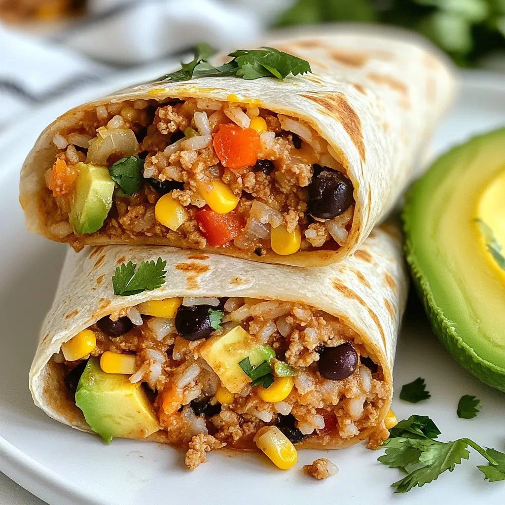 To make delicious Ground Chicken Rice Burritos, you need fresh and flavorful ingredients. Here’s what you will need: - 1 lb ground chicken - 1 cup cooked brown rice - 1 cup black beans, rinsed and drained - 1 bell pepper, diced (choose red for sweetness or green for a bit more bite) - 1 small onion, finely chopped - 2 cloves garlic, minced - 1 teaspoon chili powder - 1 teaspoon ground cumin - ½ teaspoon sweet paprika - Salt and pepper to taste - ½ cup corn (use canned or frozen corn) - ½ cup shredded cheese (cheddar or Monterey Jack for a creamy finish) - 4 large tortillas (flour or whole wheat) - Fresh cilantro, chopped (for garnish) - 1 avocado, sliced (for topping) - Salsa or hot sauce (for dipping and added flavor) These tasty ingredients create a filling meal that everyone will enjoy. Ground chicken adds lean protein, while black beans and brown rice provide fiber and nutrients. Fresh veggies like bell pepper and onion add crunch and color. Don't forget the spices! They bring warmth and depth to every bite. Using these ingredients ensures a balanced and satisfying burrito that bursts with flavor. Feel free to mix and match based on what you have at home. Cooking should be fun and adaptable! {{ingredient_image_2}} - Start by heating a large skillet over medium heat. Add a drizzle of olive oil. - When the oil is hot, add the finely chopped onion and diced bell pepper. - Sauté the vegetables for about 5 minutes until they soften. The onion should turn translucent. - Next, add the minced garlic and cook for another minute. Stir often until the garlic smells great. - Now, add the ground chicken to the skillet. Use a spatula to break it apart as it cooks. - Cook the chicken until it turns brown and is no longer pink. This will take about 7 to 10 minutes. - Season the chicken with chili powder, cumin, paprika, salt, and pepper. Mix it well to coat the meat evenly. - Fold in the cooked brown rice, rinsed black beans, and corn into the chicken mixture. - Stir everything together and let it cook for another 2 to 3 minutes. This helps the flavors come together. - Remove the skillet from heat and add the shredded cheese. Stir gently until the cheese melts and blends in. - Lay out a tortilla flat on a clean surface. Spoon a good amount of the chicken mixture into the center. - Fold in the sides of the tortilla, then roll it tightly from the bottom up. This keeps the filling secure. - Repeat the process with the remaining tortillas and filling until all burritos are made. - Optional: To make them crispy, grill the burritos. Place them seam-side down in a skillet with a bit of oil. - Cook each side for about 2 minutes until they turn golden brown and crispy. - Slice each burrito in half and serve warm with fresh avocado slices and cilantro. Add salsa or hot sauce for extra flavor! - Choosing the right spices: Use chili powder, cumin, and paprika. These spices bring warmth and depth. Feel free to adjust the amount based on your taste. For extra heat, add more chili powder or a dash of cayenne. - Ensuring chicken is fully cooked: Cook the ground chicken until it turns golden brown. It should not have any pink bits. This step keeps your burritos safe and tasty. Use a meat thermometer for accuracy; the chicken should reach 165°F. - Serving suggestions: Plate the burritos on a vibrant dish. This makes the colors pop. Add a small bowl of salsa or hot sauce on the side for easy dipping. - Garnishing with avocado and cilantro: Top each burrito with fresh avocado slices. Sprinkle chopped cilantro for a burst of color and flavor. These garnishes not only look great but taste amazing too. - Recommended dips: Salsa and hot sauce are perfect for these burritos. They add zing and freshness. Use your favorite store-bought salsa or make your own for a personal touch. - Additional toppings: Add sour cream for creaminess. Shredded lettuce can add crunch. Both toppings enhance the overall taste and texture of your meal. Pro Tips Choose the Right Tortilla: Opt for larger flour or whole wheat tortillas to easily wrap the filling and avoid tearing. Add Extra Flavor: Consider adding lime juice or hot sauce to the chicken mixture for a zesty kick that enhances the overall taste. Customize Your Fillings: Feel free to mix in other vegetables or proteins, like zucchini or ground turkey, to make the burritos your own. Perfectly Melted Cheese: For a gooey cheese experience, use a mix of cheeses and let them sit in the warm filling for a minute before rolling. {{image_4}} You can swap ground chicken for other proteins. Ground turkey is lean and tasty. Ground beef gives a richer flavor. For a plant-based option, use lentils or a meat substitute. You can also change the grains. Quinoa is a great choice for added protein. White rice works well if you prefer a softer texture. Want some heat? Add jalapeños to the mix for a spicy kick. You can also make a vegetarian version. Just leave out the chicken and add more beans. Black beans or pinto beans are great options. This keeps the burrito filling and satisfying. You can change up the salsa for different tastes. Try mango salsa for a sweet twist. A spicy chipotle salsa adds a smoky flavor. If you want to make your own sauce, blend fresh tomatoes, onion, and cilantro. A squeeze of lime juice brightens the flavor. This is a fun way to personalize your meal! To keep your burritos fresh, store them in the fridge. Use an airtight container. This helps keep moisture in and flavors intact. Leftovers stay good for about 3 to 4 days in the fridge. If you want to store them longer, try freezing. Wrap each burrito in plastic wrap, then place them in a freezer bag. This way, they can last up to 3 months. When it’s time to eat your leftovers, you have a few options for reheating. 1. Microwave Method - Unwrap the burrito from any plastic. - Place it on a microwave-safe plate. - Heat for 1 to 2 minutes, or until warm. Check to make sure it heats evenly. 2. Skillet Method for Best Texture - Heat a skillet over medium heat. - Add a little oil to the pan. - Place the burrito seam-side down in the skillet. - Cook for about 2-3 minutes on each side until the outside is crispy and heated through. This method keeps the burrito tasty and adds a nice crunch. Ground chicken rice burritos last about 3 to 4 days in the fridge. Make sure to store them in an airtight container. This keeps them fresh and tasty. If you want them to last longer, consider freezing them! Yes, you can use whole wheat tortillas. They add a nutty flavor and extra fiber to your meal. Just make sure they are large enough to hold all the filling. Ground chicken rice burritos can be healthy. They have lean protein, fiber from beans, and nutrients from veggies. You can control the calories by adjusting the cheese and sauces you add. Absolutely! You can prepare burritos ahead of time. Just wrap them tightly in foil or plastic wrap. Store them in the fridge or freezer. Reheat them when you are ready to eat. You can serve burritos with a side of salsa or guacamole. A fresh salad or corn on the side also works well. These add color and flavor to your meal. You've learned how to create tasty ground chicken rice burritos. We covered key ingredients, step-by-step cooking, and useful tips. You can even swap ingredients for fun variations. Remember, these burritos are not only delicious but also easy to customize. Perfect for a quick meal or a fun gathering. Enjoy making, sharing, and eating your burritos!