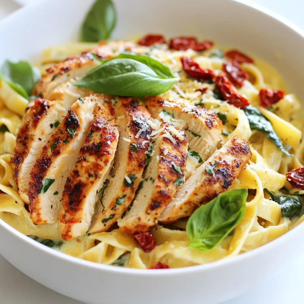 - 2 boneless, skinless chicken breasts - 8 oz fettuccine or your favorite pasta - 1 cup heavy cream - 1 cup sun-dried tomatoes, coarsely chopped - 1 cup fresh spinach, roughly chopped - 1 cup freshly grated Parmesan cheese For this dish, I love using chicken breasts. They cook quickly and stay juicy. Fettuccine works well, but feel free to choose any pasta you like. The sauce mixes heavy cream with sun-dried tomatoes and spinach for a rich taste. Parmesan cheese adds a creamy finish. - 1 teaspoon Italian seasoning blend - Salt and freshly ground black pepper, to taste - Fresh basil leaves for garnish (optional) Seasoning is key. I use Italian seasoning for a burst of flavor. Salt and pepper enhance the taste. Fresh basil adds color and freshness, making each bite pop. - 2 tablespoons olive oil - 3 cloves garlic, finely minced Olive oil is my go-to for cooking chicken. It gives a nice sear and flavor. Garlic adds depth to the sauce. Make sure to mince it finely to release its full aroma. This dish is simple yet satisfying. Each ingredient plays a role, making it a true comfort food. Enjoy the cooking process and the delicious results! {{ingredient_image_2}} 1. Prepare a pot of salted water. Use enough water to cover the pasta well. 2. Bring the water to a rolling boil. Add 8 oz of fettuccine or your favorite pasta. 3. Cook the pasta according to the package instructions until it is al dente. 4. Drain the pasta in a colander. Reserve 1/2 cup of the pasta water for later. 1. Season both sides of the chicken breasts with salt, black pepper, and Italian seasoning. Use enough to coat evenly. 2. Heat 2 tablespoons of olive oil in a large skillet over medium-high heat. 3. Once the oil is hot, add the seasoned chicken breasts. Cook for 5-7 minutes on each side. 4. Check the chicken for a golden brown color and doneness, then transfer it to a plate. Let it rest for a few minutes. 1. In the same skillet, add 3 cloves of minced garlic. Sauté for about 30 seconds until fragrant. 2. Slowly pour in 1 cup of heavy cream and stir to combine. 3. Add 1 cup of chopped sun-dried tomatoes and 1 cup of roughly chopped fresh spinach. Cook for 3-5 minutes until spinach wilts. 4. Gradually stir in 1 cup of grated Parmesan cheese. Mix until the cheese melts and the sauce is creamy. If too thick, add reserved pasta water. 1. Slice the rested chicken breasts into strips and add them back into the skillet with the sauce. 2. Toss in the drained pasta, mixing gently. Make sure everything is well coated with the sauce. 1. Taste the dish and adjust the seasoning with more salt and pepper if needed. 2. Serve the pasta in bowls. Garnish with fresh basil leaves for a nice touch. Enjoy your meal! - Achieving perfectly cooked chicken: Start with room temperature chicken. This helps it cook evenly. Season both sides with salt, pepper, and Italian seasoning. Sear it in hot olive oil for about 5-7 minutes per side. Check for a golden crust and a safe internal temperature of 165°F. - Creating a creamy sauce consistency: After cooking the chicken, sauté minced garlic in the same skillet. Then, slowly add heavy cream while stirring. Mix in sun-dried tomatoes and spinach. Add grated Parmesan cheese gradually to avoid clumps. If the sauce is too thick, add reserved pasta water a little at a time. - Presentation ideas for dishes: Serve the pasta in shallow bowls. This adds a nice touch. Drizzle a bit of olive oil on top. Sprinkle extra grated Parmesan for flair. - Pairing with side items or salads: Marry Me Chicken Pasta pairs well with a light salad. Try a simple arugula salad with lemon vinaigrette. Garlic bread also makes a great side. - Prepping ingredients in advance: Chop garlic, sun-dried tomatoes, and spinach ahead of time. You can also season the chicken in advance. This saves you time when cooking. - Using store-bought alternatives: If you're short on time, use rotisserie chicken instead of raw chicken. You can also buy pre-chopped vegetables or jarred sun-dried tomatoes. This speeds up your cooking process. Pro Tips Rest the Chicken: Letting the chicken rest for a few minutes after cooking allows the juices to redistribute, ensuring each bite is tender and juicy. Perfectly Al Dente Pasta: Cook the pasta just until al dente, as it will continue to cook slightly when tossed with the sauce. This helps prevent overcooking. Customize Your Greens: Feel free to substitute the spinach with other greens like kale or arugula for a different flavor and texture in your pasta dish. Extra Creaminess: For an even creamier sauce, consider adding a splash of cream cheese or mascarpone along with the heavy cream for a rich, velvety texture. {{image_4}} You can easily change the pasta type in this dish. Fettuccine works well, but you can try penne, rigatoni, or even whole wheat pasta. Each type gives a unique twist to the meal. If you're not in the mood for chicken, you can swap it for turkey or shrimp. Both proteins cook quickly and add their own flavor. Just remember to adjust cooking times for different proteins. Adding vegetables boosts both taste and nutrition. You can include bell peppers, zucchini, or mushrooms. These veggies will cook well in the creamy sauce. Feel free to experiment with spices too. You might add crushed red pepper for heat or fresh herbs like oregano for a fresh taste. Mixing these flavors can make your dish stand out. Making this dish gluten-free is easy. You can use gluten-free pasta made from rice or lentils. These options taste great and offer a good texture. If you want to make it dairy-free, you can replace heavy cream with coconut milk or a nut-based cream. Nutritional yeast can be a great substitute for Parmesan cheese. With these swaps, everyone can enjoy the dish. After you enjoy your Marry Me Chicken Pasta, let it cool. Store your leftovers in the fridge. Use airtight containers to keep the pasta fresh. You can eat it within three days. If you want to save it longer, think about freezing. When you're ready to eat leftovers, use a microwave or stovetop. If using a microwave, heat on medium power. Stir often to avoid hot spots. If you're using the stove, add a bit of water or cream to keep it moist. Avoid cooking too long to keep the pasta from getting mushy. To freeze Marry Me Chicken Pasta, divide it into portions. Use freezer-safe containers or bags. Remove as much air as possible to prevent freezer burn. When you're ready to eat, thaw it in the fridge overnight. Reheat it gently for the best taste and texture. If you don’t have heavy cream, you can use half-and-half or whole milk mixed with butter. This mix gives a nice creamy texture. You could also try coconut cream for a dairy-free option. It adds a hint of sweetness and richness. Yes, you can use any pasta you like. Penne, rigatoni, or even gluten-free pasta work well. Just make sure to cook it until al dente. This keeps the pasta firm and tasty when mixed with the sauce. To make Marry Me Chicken Pasta gluten-free, choose a gluten-free pasta brand. Many options are made from rice or chickpeas. Cook them just like regular pasta. They will work great with the creamy sauce. You can serve this dish with a simple green salad. A side of garlic bread pairs nicely too. For a heartier meal, try steamed vegetables like broccoli or green beans. To check if your chicken is done, cut into the thickest part. The meat should be white, not pink. The juices should run clear. You can also use a meat thermometer. It should read 165°F (75°C) for safe eating. This blog post covered how to make delicious Marry Me Chicken Pasta. We started with the main ingredients like chicken, pasta, and sauce. I shared step-by-step cooking tips for pasta and chicken. We explored sauce-making, combining flavors, and serving suggestions. I also gave you variations, storage info, and answered common questions. In the end, this dish's creamy, rich flavors make it memorable. You can easily adapt it to suit your tastes. Enjoy cooking this delightful meal!