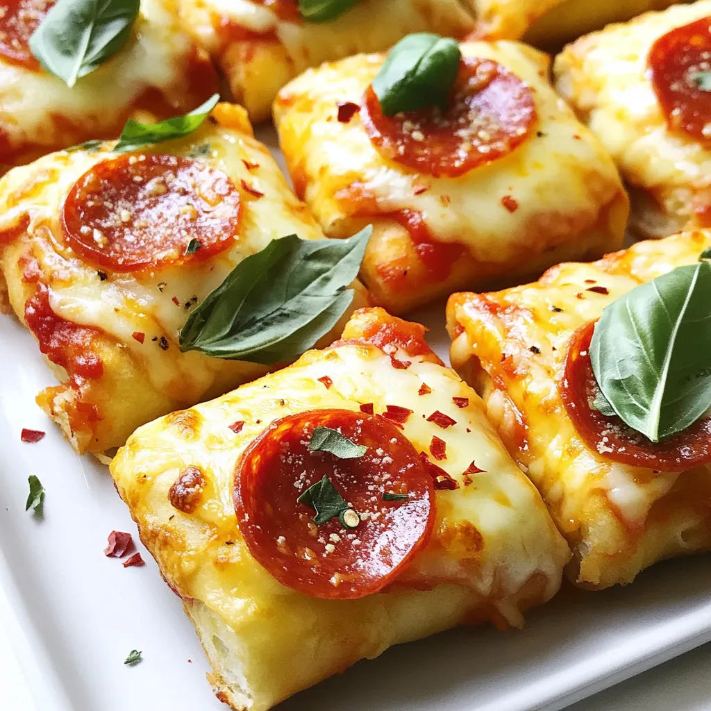 Making Minute Pepperoni Pizza Roll-Ups is simple. Here’s what you need: - 1 large tortilla (choose either whole wheat or white) - 1/2 cup pizza sauce (store-bought or homemade) - 1/2 cup shredded mozzarella cheese (fresh or pre-shredded) - 1/4 cup sliced pepperoni (or any preferred sausage) - 1 teaspoon Italian seasoning (or to taste) - 1 tablespoon olive oil (for brushing) - Fresh basil leaves for garnish (optional) - Red pepper flakes (for an added kick, optional) Each ingredient plays a role in the final dish. The tortilla serves as the base. You can pick whole wheat for a healthy choice or white for a classic taste. The pizza sauce adds rich flavor, and you can use store-bought for ease or make your own for a fresh twist. Cheese is key in these roll-ups. Mozzarella is the best choice, either fresh or pre-shredded. For the meat, pepperoni is a favorite, but feel free to swap it with your preferred sausage. Spicing things up? Italian seasoning brings warmth and depth. Add red pepper flakes for heat if you like. Finally, fresh basil leaves not only add flavor but also brighten up the dish. With these simple ingredients, you’re on your way to creating a tasty snack that everyone will love! {{ingredient_image_2}} 1. Start by laying the tortilla flat on a clean surface. This helps keep everything neat. 2. Take a spoon or spatula and spread the pizza sauce across the tortilla. Leave about a half-inch border around the edges. This border stops spills when you roll it up. 3. Next, sprinkle the shredded mozzarella cheese evenly over the sauce. Make sure to cover the sauce completely. Then, layer the sliced pepperoni on top. You can add as much as you like! 1. Begin at one side of the tortilla. Tightly roll it into a log shape. Keep the filling secure as you roll. 2. To make the outside crispy, lightly brush the rolled tortilla with olive oil. You can use a pastry brush or even your fingers. 3. Place the roll seam side down on a cutting board. Slice it into one-inch sections using a sharp knife. 4. Preheat a non-stick skillet over medium heat. Once hot, place the slices cut side down in the skillet. Cook for about 2-3 minutes on each side. You want them golden-brown and crispy. 1. After cooking, carefully remove the roll-ups from the skillet. Arrange them on a serving platter. 2. For a nice touch, garnish the roll-ups with fresh basil leaves. If you like a little heat, sprinkle some red pepper flakes on top. These simple steps make for a fun snack that is easy to share! - To get that perfect crispy texture, use medium heat. This helps the outside crisp up without burning. - Adjust seasoning to match your taste. Add more Italian seasoning or red pepper flakes for extra flavor. - When flipping the roll-ups, use a spatula. Gently lift them to avoid breaking. - Serve with a side of fresh salad or crunchy veggies. They balance the rich flavors well. - For drinks, try soda, iced tea, or even lemonade. These drinks pair nicely with the pizza flavor. Pro Tips Use Fresh Ingredients: Fresh mozzarella cheese and high-quality pepperoni can elevate the flavor of your roll-ups significantly. Experiment with Fillings: Feel free to swap out the pepperoni for other toppings like bell peppers, mushrooms, or even cooked sausage for a different twist. Control the Crispiness: Adjust the heat of your skillet to ensure the roll-ups are golden brown without burning; cooking at medium heat usually works best. Make it a Meal: Serve these roll-ups with a side salad or some roasted vegetables for a complete and balanced meal. {{image_4}} You can easily change up the Minute Pepperoni Pizza Roll-Ups to match your taste. Here are some fun swaps: - Cheese Options: If you want a vegan version, try using dairy-free cheese. Other great choices are cheddar, Monterey Jack, or pepper jack for a spicy kick. - Meat Alternatives: Instead of pepperoni, you can use cooked chicken, turkey, or even diced veggies like bell peppers or mushrooms. These add flavor and make your roll-ups unique. - Sauce Modifications: If you like it spicy, swap the pizza sauce for a spicy sauce. Pesto is also a great choice for a fresh twist. You can prepare these roll-ups in different ways to suit your kitchen style. Here are two popular methods: - Oven-Baked Method: Preheat your oven to 400°F (200°C). After you roll up the tortillas, place them seam-side down on a baking sheet. Brush them with olive oil and bake for about 12-15 minutes until golden brown and crispy. - Air Fryer Options: For a healthier twist, use an air fryer. Preheat it to 375°F (190°C). Place the roll-ups in a single layer and cook for about 8-10 minutes. This method gives you a crispy texture with less oil. To keep your Minute Pepperoni Pizza Roll-Ups fresh, store them in the fridge. Place them in an airtight container. They stay good for about 3 days. If you want to keep them longer, you can freeze them. Wrap each roll-up tightly in plastic wrap, then put them in a freezer bag. They can last up to 2 months in the freezer. To reheat your roll-ups, use a skillet or an oven. Heat the skillet over medium heat. Place the roll-ups in the skillet and cook for 2-3 minutes on each side. This method keeps them crispy. If using the oven, preheat it to 350°F (175°C). Place the roll-ups on a baking sheet and heat for about 10 minutes. Avoiding sogginess is key. If you want to microwave them, do so in short bursts to prevent them from getting too soft. Enjoy your roll-ups at their best! Minute Pepperoni Pizza Roll-Ups can last about 3 to 4 days in the fridge. Store them in an airtight container. This keeps them fresh and tasty. Yes, you can make these roll-ups ahead of time. Just prepare them, then wrap them in plastic wrap. Keep them in the fridge until you are ready to cook. You can use sliced turkey, salami, or even veggies. Try mushrooms or bell peppers for a twist. These options give you variety without losing flavor. Absolutely! Preheat your oven to 400°F (200°C). Place the roll-ups on a baking sheet and bake for 10-12 minutes. This method gives you a nice crisp outside. You can dip them in ranch dressing, marinara sauce, or garlic butter. These dips add new flavors and keep things fun at snack time. This blog post covered all the tasty steps to make Minute Pepperoni Pizza Roll-Ups. You learned about ingredients, preparation, cooking, and even how to store leftovers. I shared tips for perfecting texture and flavors. Don’t be afraid to mix and match ingredients to fit your taste. Enjoying these roll-ups can be a fun and easy meal. Try different sauces and toppings for more variety. Remember, the best meals are the ones you create yourself, so get cooking!