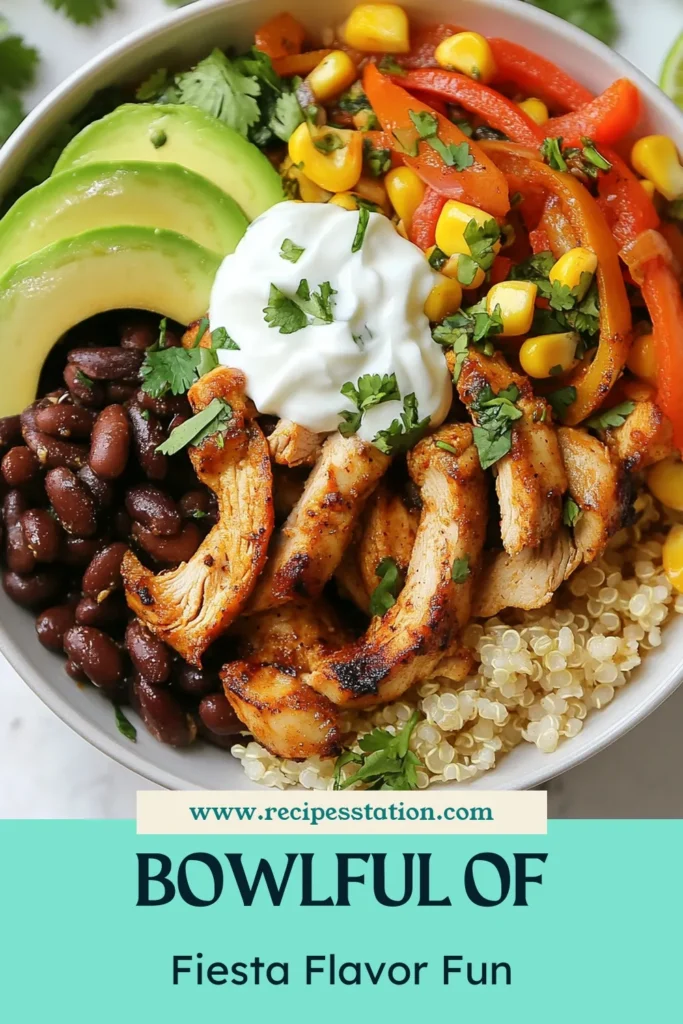 Savor the vibrant flavors of this Fiesta Chicken Fajita Bowl! This Chicken Burrito Bowl Recipe is not only delicious but also a Healthy Burrito Bowl Recipe packed with nutrients. Featuring quinoa for a wholesome twist, these Easy Chicken Fajitas are perfect for any meal. Try this recipe for a colorful, satisfying bowl that everyone will love. Pin now for quick access and impress your family! #HealthyEating #BurritoBowl #ChickenLovers #QuinoaRecipes
