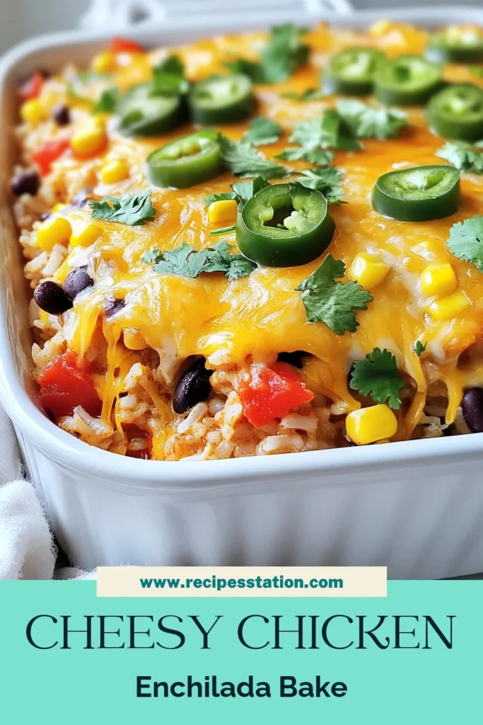 Discover the delicious Chicken Enchilada Rice Casserole, an easy enchilada recipe that combines shredded chicken and savory spices for a hearty meal. This rice casserole recipe is perfect for busy weeknights, featuring black beans, corn, and topped with melted cheese. Serve this Mexican rice dish for family gatherings and enjoy the flavors that everyone will love. Save and try this simple recipe today! #ChickEnchiladaCasserole #EasyEnchiladaRecipe #RiceCasserole #MexicanRiceDish