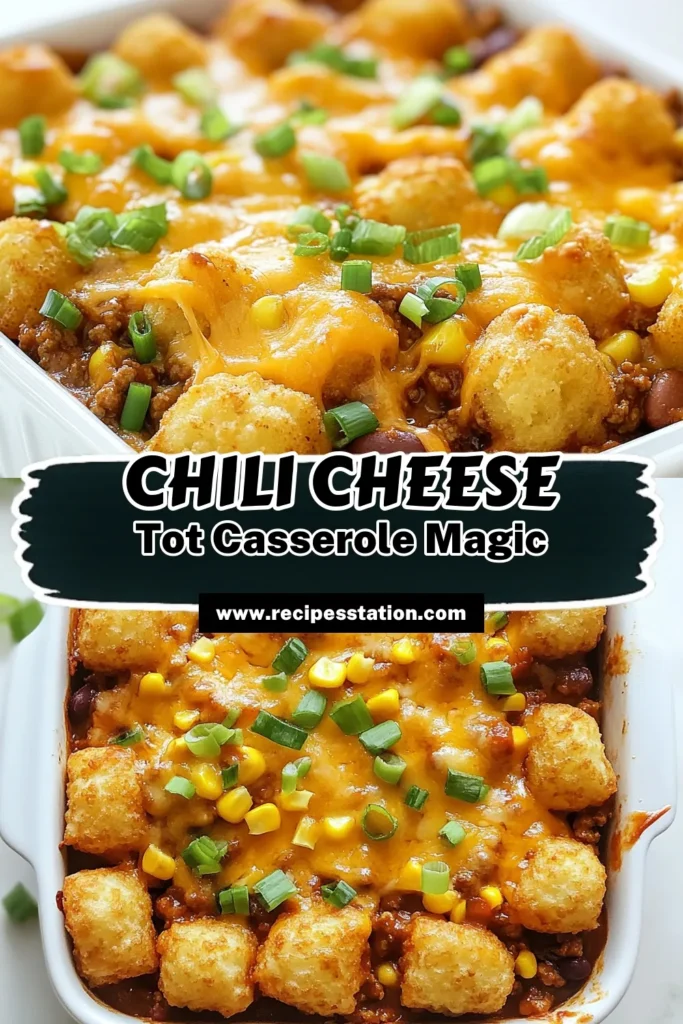 Craving comfort food? Try this delicious Chili Cheese Tater Tot Casserole! Perfect for busy nights, this easy chili cheese casserole combines ground beef and savory chili beans topped with crispy tater tots and melted cheddar cheese. Ideal for family dinners, it’s a crowd-pleaser! Don't miss out on this cheesy tater tot bake recipe—save it for your next meal! #ChiliCheeseTaterTotCasserole #TaterTotCasseroleRecipe #GroundBeefCasseroleRecipe #EasyChiliCheeseCasserole