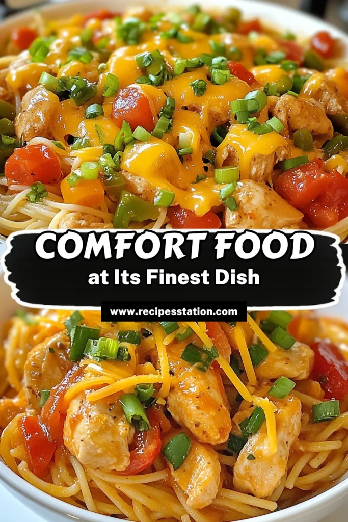 Discover the ultimate Southern Comfort Chicken Spaghetti with this easy Cajun chicken spaghetti recipe! This creamy Southern chicken pasta dish combines tender chicken, flavorful spices, and melted cheese for a delicious one-pot chicken spaghetti dish that your family will love. Perfect for busy nights, this hearty meal is simple to whip up and irresistibly tasty. Save this recipe for your next dinner! #SouthernComfort #CajunChicken #ChickenSpaghetti #EasyPastaRecipe