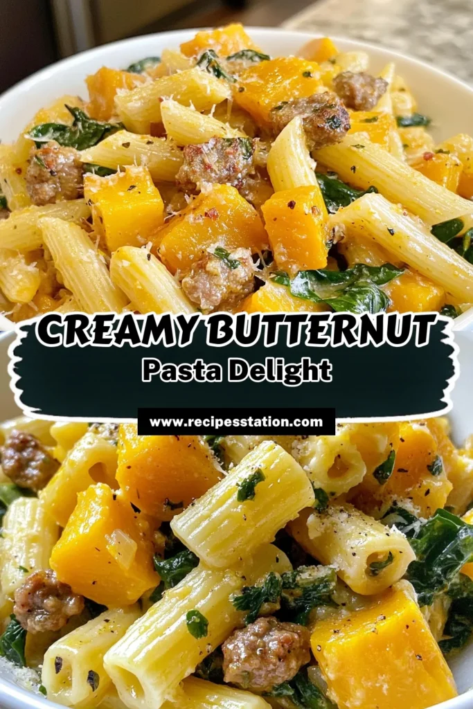 Indulge in this delicious butternut squash pasta dish featuring sausage and spinach! This creamy pasta recipe combines roasted butternut squash, savory sausage, and fresh spinach for a perfect weeknight meal. It's an easy dinner idea the whole family will love. Get ready to impress your taste buds with this comforting sausage spinach penne. Save for later and try this mouthwatering recipe tonight! #ButternutSquashPasta #CreamyPastaRecipe #EasyDinnerIdeas #SausageSpinachPenne