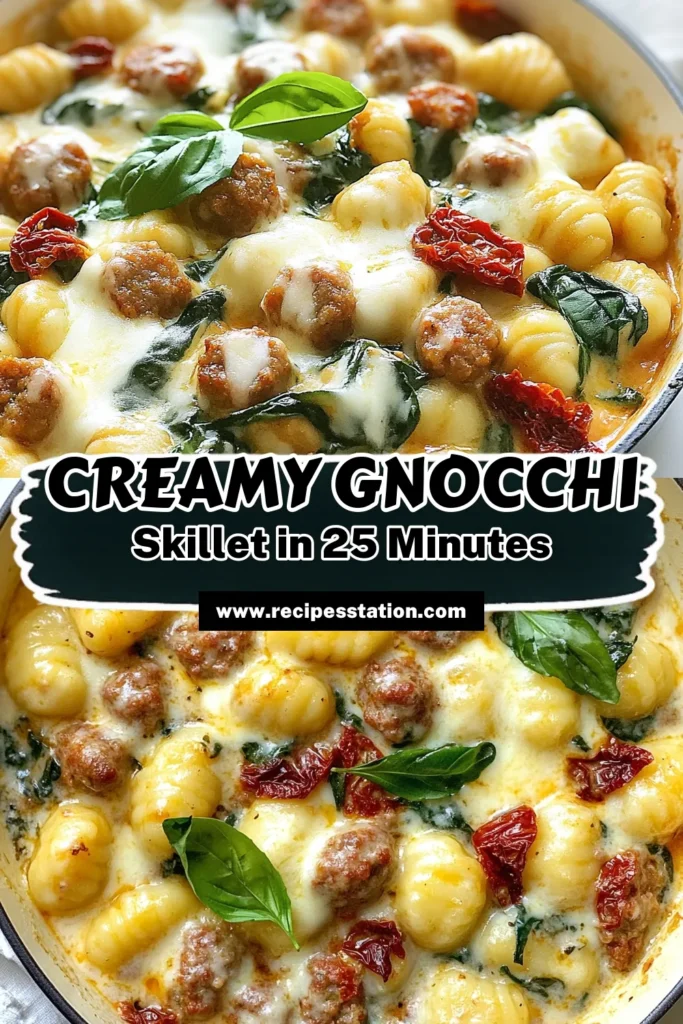 Discover the ultimate comfort food with this creamy sausage gnocchi skillet! This easy gnocchi skillet recipe combines delicious Italian sausage, creamy pasta with spinach, and is ready in just 25 minutes. Perfect for a quick weeknight meal, this one-pan gnocchi recipe will impress family and friends alike. Don't miss out on this Italian sausage skillet dinner that everyone will love. Save this recipe for your next dinner! #CreamySausageGnocchi #EasyGnocchiSkillet #ItalianDinner #OnePanRecipes