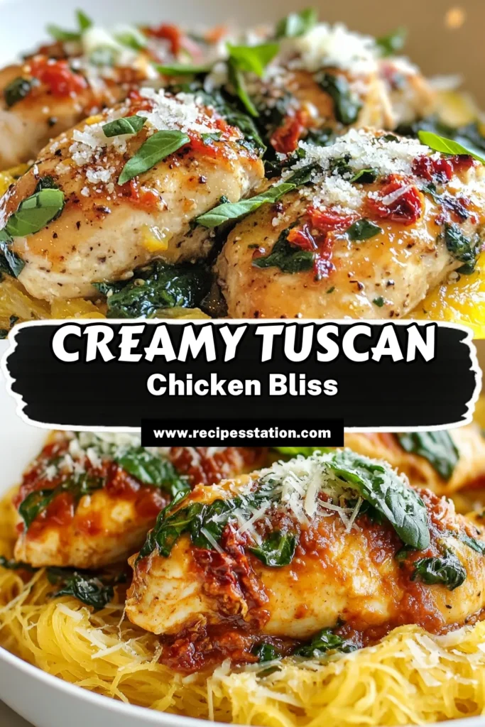 Discover a delicious Tuscan chicken recipe that pairs perfectly with a spaghetti squash recipe, creating a creamy chicken dish that's both healthy and flavorful! This sun-dried tomato pasta meal is not only simple to make but also a delightful healthy chicken dinner option. Ready in just 45 minutes, it's perfect for weeknight meals. Save this recipe for a wholesome dinner idea! #TuscanChicken #SpaghettiSquash #HealthyDinner #CreamyChickenDish