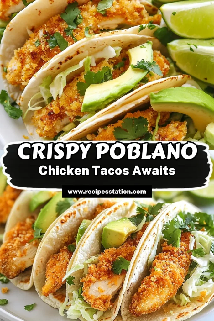 Craving something delicious? Try these Crispy Poblano Chicken Tacos! This easy taco recipe features juicy chicken breasts coated in a crunchy breadcrumb layer, paired perfectly with roasted poblano pepper and fresh toppings. Enjoy these Crispy Chicken Tacos as a tasty dinner option that the whole family will love. Save this Chicken Tacos Recipe today and bring vibrant flavors to your table! #CrispyPoblanoChickenTacos #PoblanoPepperTacos #EasyTacoRecipe #CrispyChickenTacos