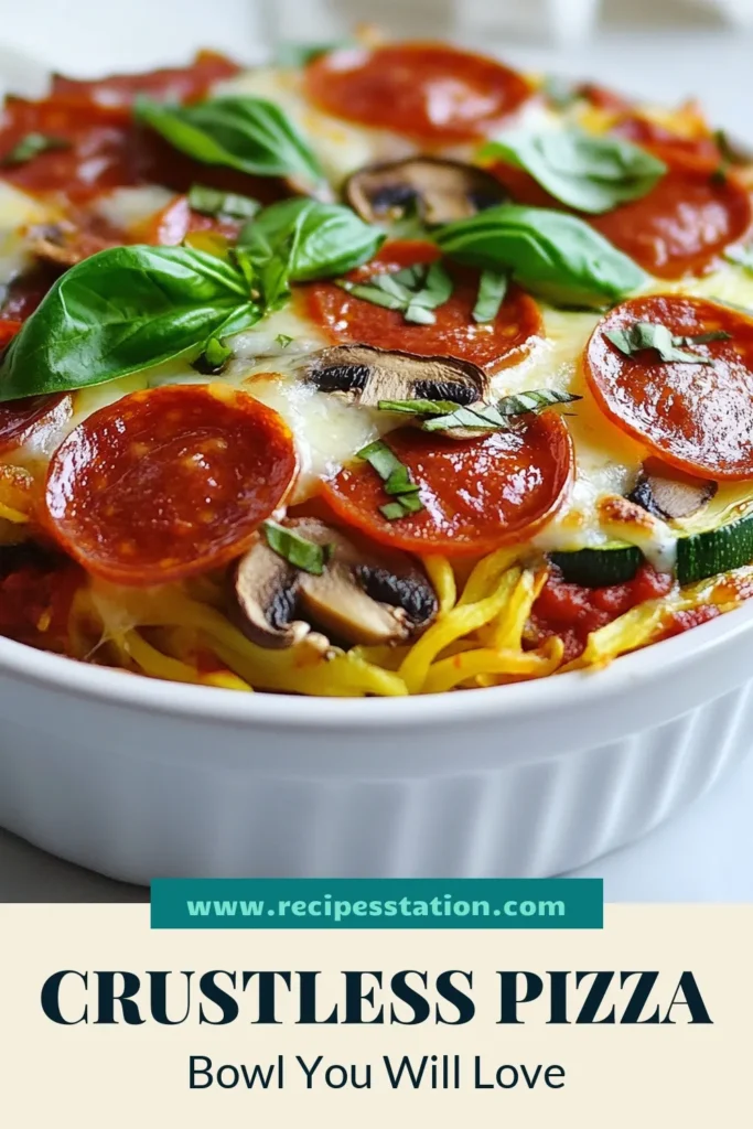 Enjoy a delicious low-carb pizza bowl that's perfect for your keto-friendly diet! This crustless pizza recipe features a flavorful zucchini pizza bowl loaded with fresh veggies, mozzarella cheese, and pepperoni. It's a simple, healthy pizza alternative your whole family will love. Discover how easy it is to make this scrumptious dish and satisfy your pizza cravings without the carbs! Save this recipe now! #LowCarbPizzaBowl #CrustlessPizzaRecipe #ZucchiniPizzaBowl #HealthyPizzaAlternatives