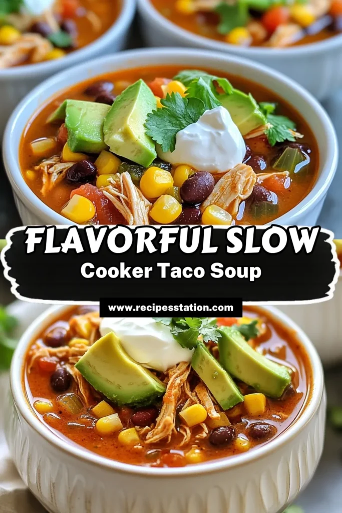 Discover the deliciousness of slow cooker chicken taco soup! This savory chicken taco recipe combines tender chicken, rich beans, and zesty spices for a healthy chicken soup in the slow cooker that's perfect for busy weeknights. This easy taco soup recipe takes just minutes to prep and cooks hands-free! Try this quick tortilla soup recipe today and enjoy every bite. Save for later! #SlowCookerSoup #ChickenTacoSoup #HealthyEating #TacoTuesday