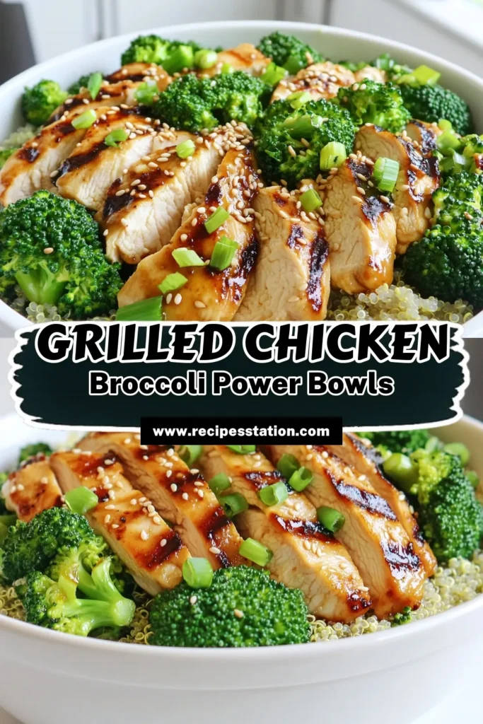 Savor delicious Grilled Chicken and Broccoli Bowls with this easy recipe! Perfect for a healthy meal, these bowls feature marinated chicken, vibrant broccoli, and fluffy quinoa, all topped with a sprinkle of sesame seeds. Discover how to create this flavorful dish that's great for meal prep or quick dinners. Click through to explore the full recipe and enjoy a nutritious feast today! #GrilledChicken #HealthyRecipes #MealPrep #QuinoaBowls