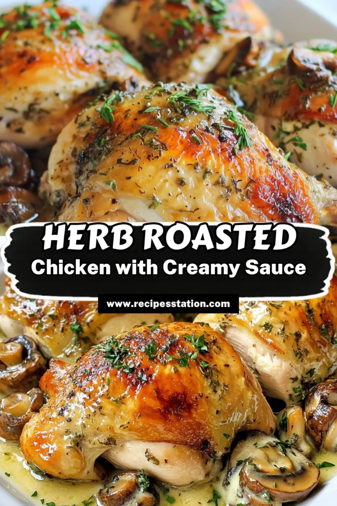 Savor the flavors of this herb roasted chicken recipe, perfectly paired with a rich creamy mushroom sauce. Enjoy an easy chicken dinner that elevates any weeknight meal. Perfect for family gatherings or cozy nights in, this chicken with mushrooms recipe will impress everyone at the table. Discover how to make this delightful dish and create lasting memories. Don't forget to save this recipe for later! #HerbRoastedChicken #CreamyMushroomSauce #EasyChickenDinner #RoastedChickenRecipe