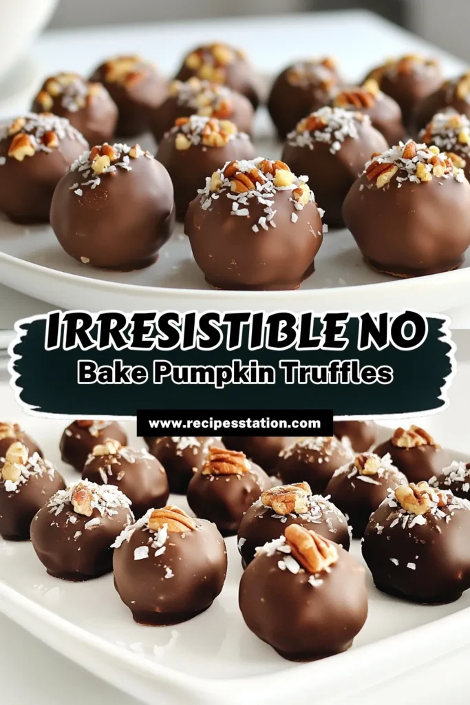 Indulge in the ultimate fall treat with these No Bake Pumpkin Spice Truffles! Made with creamy pumpkin puree, wholesome almond flour, and a touch of warm spice, these bite-sized delights are perfectly coated in rich dark chocolate and topped with pecans or coconut. They're easy to make and perfect for satisfying your sweet cravings without the oven. Click to discover the full recipe and enjoy these tasty autumn bites! #PumpkinSpice #NoBakeTreats #FallRecipes #EasyDesserts