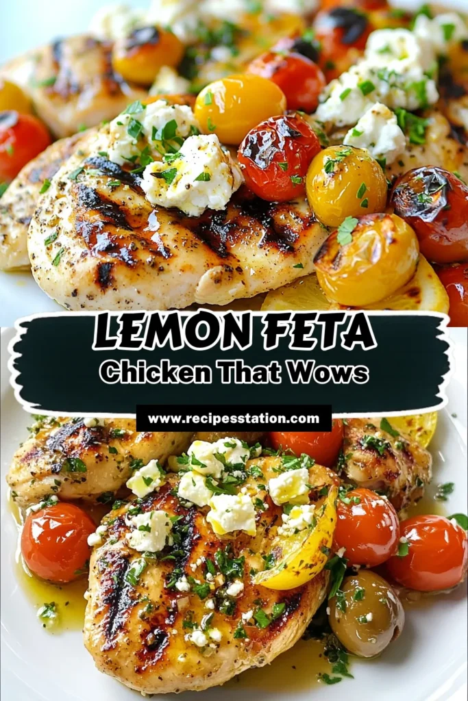 Discover the delicious flavors of Greek Lemon Feta Chicken, a must-try Mediterranean chicken dish! This delightful recipe features chicken marinated in lemon, paired perfectly with crumbled feta cheese and fresh veggies. Perfect for grilling, this grilled chicken with feta is sure to impress your family and friends. Try it tonight and elevate your meals with these savory feta cheese recipes. Save this tasty recipe now! #GreekLemonChicken #FetaCheeseRecipes #MediterraneanDishes #GrilledChickenWithFeta