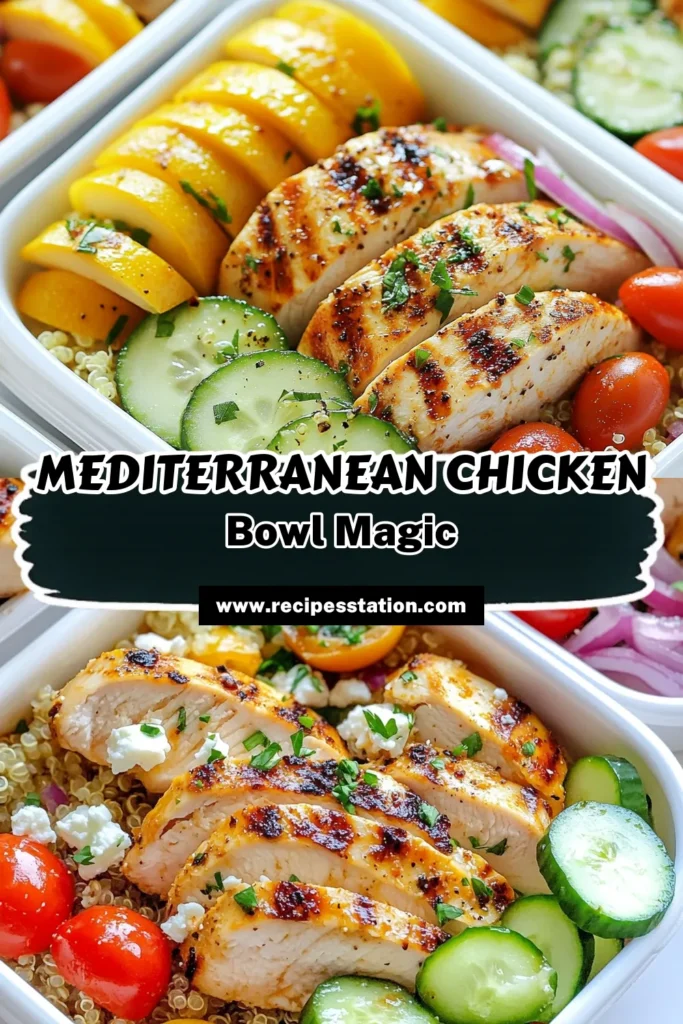 Transform your meal prep with these delicious Mediterranean Chicken Meal Prep Bowls! Perfect for healthy meal prep recipes, this dish combines tender chicken, flavorful quinoa salad with chicken, and the goodness of feta cheese. Ideal for anyone following Mediterranean diet recipes, these feta chicken bowls are a nutritious, easy option for the week. Click to discover the recipe and elevate your meal prep game! #MealPrep #HealthyRecipes #MediterraneanDiet #FetaChickenBowls