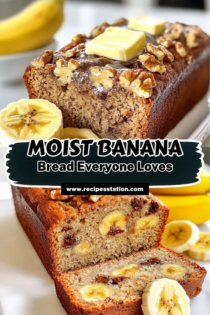 Indulge in this deliciously moist banana bread that’s easy to make! This easy banana bread recipe features ripe bananas and can be customized with walnuts or chocolate chips for extra flavor. Perfect for breakfast or a snack, this homemade banana bread is a must-try. Bake a loaf today and savor the goodness! Don’t forget to save this recipe for later! #MoistBananaBread #EasyBananaBreadRecipe #HomemadeBananaBread #BananaBreadWithWalnuts