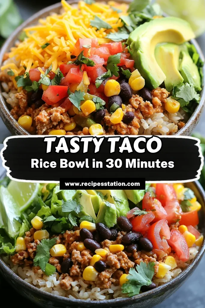 Enjoy a delicious Fiesta Taco Rice Bowl with this simple and healthy taco bowl recipe! Made with ground turkey, cooked brown rice, black beans, and topped with fresh avocado and cheese, this easy taco rice recipe packs flavor and nutrition into one meal. Perfect for busy weeknights, it's a ground turkey rice bowl the whole family will love. Try it today! Save this recipe for later. #TacoBowl #HealthyEating #EasyRecipes #FiestaFlavors