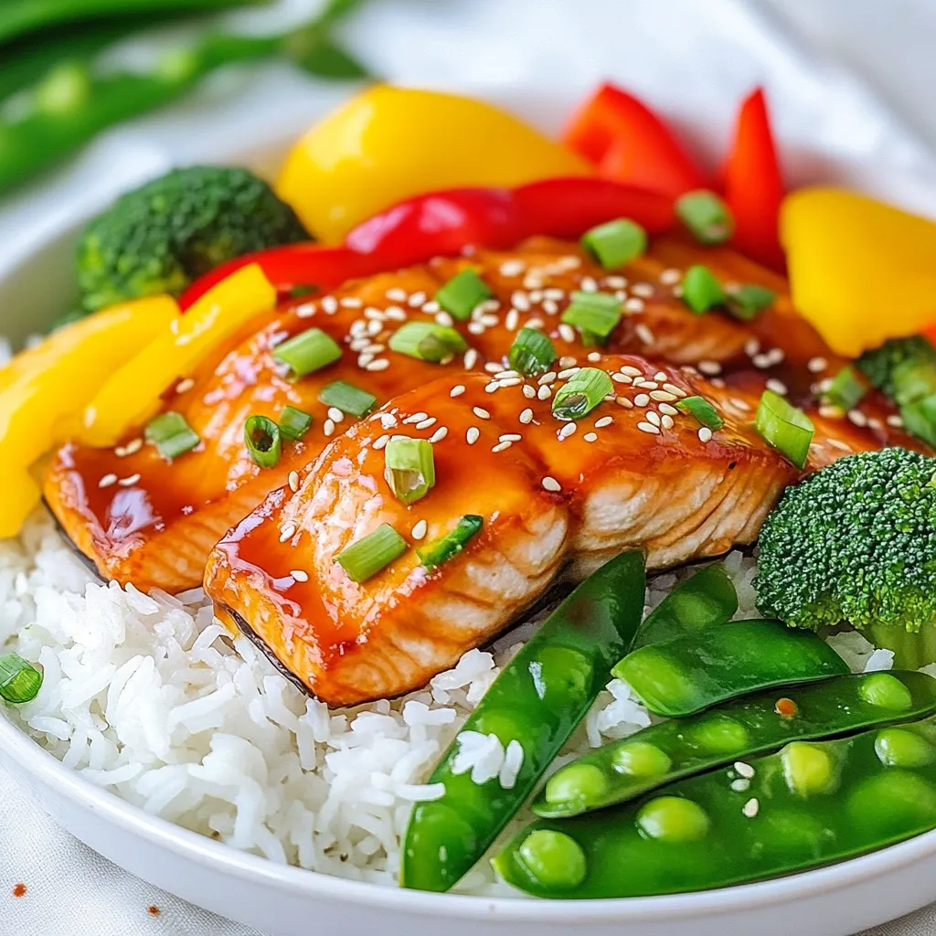 - 4 salmon fillets - 1 cup teriyaki sauce - 2 tablespoons honey - 1 tablespoon fresh ginger, finely grated - 2 garlic cloves, minced Salmon is the star of this dish. You want fresh fillets for the best taste. I love using a good teriyaki sauce. It adds a sweet and savory touch. Mixing in honey, ginger, and garlic boosts the flavor. Together, they create a delicious marinade. Letting the salmon soak in this mix makes it even better. - 1 cup broccoli florets - 1 cup bell peppers, thinly sliced (mix of red and yellow) - 1 cup snap peas The veggies add color and crunch. I like to use a mix of broccoli, bell peppers, and snap peas. They cook well and taste great with salmon. Tossing them in sesame oil adds a rich flavor. This mix gives a nice balance to your meal. - 2 tablespoons sesame oil - 1 tablespoon sesame seeds (for garnish) - 2 green onions, thinly sliced (for garnish) - Cooked jasmine rice (for serving) For garnish, I sprinkle sesame seeds and sliced green onions. They add a nice touch to the dish. Serving this meal over jasmine rice makes it hearty. The rice soaks up the tasty sauce. You can also add a lemon slice for extra zing. This meal is not just good; it looks great too! {{ingredient_image_2}} - Preheat oven to 400°F (200°C). - In a bowl, mix teriyaki sauce, honey, ginger, and garlic. - Whisk until smooth to make a tasty marinade. - Place salmon fillets skin-side down on a lined sheet pan. - Pour half the marinade over each fillet. - Let them marinate for 15 minutes. This helps the salmon soak up the flavors. - In a separate bowl, add broccoli, bell peppers, and snap peas. - Drizzle sesame oil over the veggies. - Toss gently until the vegetables are well-coated. - Arrange the marinated salmon fillets in the middle of the sheet pan. - Scatter the veggies around the salmon for a colorful look. - Drizzle the rest of the marinade over the veggies for added flavor. - Place the sheet pan in your preheated oven. - Bake for 15-20 minutes or until the salmon flakes easily with a fork. - For a shiny glaze, switch to broil for 2-3 minutes. - Keep an eye on it to avoid burning. This method gives you a meal that is both easy and full of flavor! To know if your salmon is done, check for flakiness with a fork. The fish should easily break apart. You can also use a meat thermometer. The salmon is perfect at 145°F. This simple step helps ensure your meal is safe and tasty. Want to boost the taste? Add more spices to your marinade. Try a pinch of red pepper flakes for heat or a sprinkle of ground black pepper for depth. When serving, garnishing with lemon brightens the dish. A slice of lemon adds color and zest, making your plate pop. Pair your salmon with fluffy jasmine rice. The rice soaks up the teriyaki sauce well. You can also serve it with roasted vegetables or a fresh salad. For guests, try creative serving methods. Use a large platter to arrange the salmon and veggies. This shows off the vibrant colors and makes your meal look gourmet. Pro Tips Marinate Longer for More Flavor: For an even deeper flavor, consider marinating the salmon for up to 30 minutes. This allows the teriyaki sauce to penetrate the fish more thoroughly. Use Fresh Ingredients: Fresh ginger and garlic will enhance the flavor significantly compared to dried versions. Always opt for fresh when possible! Variety of Vegetables: Feel free to mix in additional vegetables such as carrots or zucchini. This not only adds color but also boosts nutritional value. Check Salmon Doneness: Use a fork to gently flake the salmon at its thickest part. If it flakes easily and is opaque, it’s ready to enjoy! {{image_4}} You can switch up the veggies in this dish. Try using asparagus or zucchini instead of broccoli. Cauliflower also works well. Seasonal choices keep your meal fresh. In spring, use sweet peas or fresh green beans. In summer, add corn or cherry tomatoes for a burst of color. If you're looking for a change, consider other sauces. Honey-soy sauce is a great swap. You can also use a garlic-lime mix for a zesty kick. For something bold, try a spicy chili sauce. Mixing flavors opens doors to unique tastes. Consider adding citrus juice for brightness. You don’t have to bake your salmon. Grilling gives it a nice smoky flavor. Just make sure to use a grill pan if you’re inside. Pan-searing is another quick option. It creates a crispy skin that many love. If you have an air fryer, it can work wonders too. Cook it at 400°F for about 10-12 minutes. This method keeps the salmon moist and flavorful. To store your Teriyaki Salmon leftovers, first let them cool. Place the salmon and vegetables in an airtight container. You can use glass or plastic containers with tight lids. Make sure to separate the salmon from the rice if you have any. This helps keep everything fresh. Store the container in the fridge. Your dish will stay good for up to three days. When you want to reheat your salmon, do it gently. I recommend using the oven. Preheat it to 350°F (175°C). Place the salmon and veggies on a baking sheet. Cover them with foil to keep moisture in. Heat for about 10-15 minutes or until warm. To keep your salmon juicy, avoid the microwave. Microwaving can dry it out quickly. If you want to freeze the salmon and veggies, start by placing them in freezer bags. Remove as much air as you can to prevent freezer burn. For best results, freeze them within two days of cooking. When you are ready to eat, take the bag out and place it in the fridge overnight to thaw. After thawing, reheat gently in the oven or on the stove. This way, you can enjoy your Teriyaki Salmon later with all its great flavor. Yes, you can use frozen salmon. Thaw it first in the fridge for safety. You want it to be cold but not still frozen. This ensures even cooking. If you start with frozen salmon, increase the baking time by a few minutes. Just keep an eye on it. The salmon should flake easily when it's done. To tell if salmon is done, look for color change. The flesh will change from a bright pink to a light pink. It should also flake easily with a fork. If you have one, use a meat thermometer. The internal temperature should reach 145°F (63°C). This ensures it’s safe to eat. Yes, you can prepare this dish ahead of time. Marinate the salmon and store it in the fridge for up to 24 hours. This helps the flavors soak in. You can also chop the veggies in advance. Just keep them in the fridge until you're ready to cook. This makes dinner time quick and easy! This blog covered a tasty salmon recipe with fresh vegetables and a sweet marinade. You learned how to prepare and cook everything perfectly while exploring different options and tips. Remember, cooking can be fun and easy. Don’t hesitate to try new flavors or make adjustments. Fresh ingredients and your creativity will make this meal shine. Enjoy every bite and share it with friends. Happy cooking!