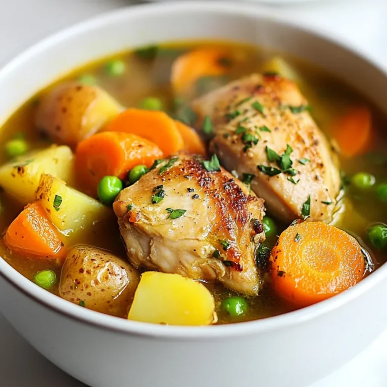 - 2 lbs boneless, skinless chicken thighs, cut into bite-sized chunks - 4 medium carrots, peeled and sliced into rounds - 3 medium potatoes, diced into 1-inch cubes - 1 large onion, finely chopped - 3 cloves garlic, minced - 1 cup celery, sliced into small pieces - 4 cups low-sodium chicken broth - 1 cup frozen green peas - 1 tablespoon Worcestershire sauce - 1 teaspoon dried thyme - 1 teaspoon dried rosemary - Salt and freshly ground black pepper, to taste - 2 tablespoons olive oil - Fresh parsley, chopped, for garnish Using fresh, high-quality ingredients makes a big difference. I prefer using organic chicken and vegetables when possible. This choice not only enhances flavor but also supports local farmers. Fresh herbs, such as rosemary and thyme, bring vibrant taste. So, if you can find them, use fresh instead of dried. Some ingredients can be swapped if needed. For the chicken, you can use chicken breasts if you prefer leaner meat. If you’re short on time, pre-cut veggies work well. For a gluten-free option, ensure your Worcestershire sauce is gluten-free. Lastly, if you don't have fresh parsley, try using green onions for garnish. {{ingredient_image_2}} Start by gathering all your ingredients. You will need: - 2 lbs boneless, skinless chicken thighs, cut into bite-sized chunks - 4 medium carrots, peeled and sliced into rounds - 3 medium potatoes, diced into 1-inch cubes - 1 large onion, finely chopped - 3 cloves garlic, minced - 1 cup celery, sliced into small pieces - 4 cups low-sodium chicken broth - 1 cup frozen green peas - 1 tablespoon Worcestershire sauce - 1 teaspoon dried thyme - 1 teaspoon dried rosemary - Salt and freshly ground black pepper, to taste - 2 tablespoons olive oil - Fresh parsley, chopped, for garnish Next, heat the olive oil in a large skillet over medium heat. Add the chopped onion and minced garlic. Cook for 3-5 minutes until the onion is soft and smells great. This step boosts the flavor of your stew. Carefully transfer the onion and garlic to your slow cooker. This is where the magic happens! Now it’s time to add the chicken. Place the bite-sized chicken thighs into the slow cooker. Next, add the sliced carrots, diced potatoes, and sliced celery. Sprinkle in the dried thyme and rosemary evenly. Pour in the low-sodium chicken broth and add the Worcestershire sauce. Stir everything gently but well to mix. Season with salt and freshly ground black pepper to your liking. Cover the slow cooker. You can cook on low for 6-8 hours or high for 3-4 hours. The chicken should be tender and cooked through. In the last 30 minutes of cooking, stir in the frozen peas. This keeps them bright and fresh without getting mushy. When cooking time is up, taste your stew. Adjust the seasoning if needed. Ladle the hearty stew into bowls. Top each bowl with freshly chopped parsley for a pop of color. Serve with slices of warm, crusty bread for a complete meal. Enjoy the warmth and comfort of your savory stew! To make a perfect chicken stew, start with good chicken. Use boneless, skinless thighs for the best flavor. Cut them into bite-sized chunks for even cooking. Sauté the onion and garlic first. This adds depth to your stew. Cook them until the onion is soft and clear. Then, add them to the slow cooker. Layer your ingredients. Add the chicken, carrots, potatoes, and celery. This helps all the flavors mix well. Pour in the chicken broth last to keep everything moist. Check the seasoning. Always taste your stew before serving. Adjust with salt and pepper as needed. A few simple tricks can boost your stew's flavor. Add Worcestershire sauce for a savory kick. Use fresh herbs like parsley for bright notes. Consider adding a splash of lemon juice at the end. It brightens the flavors. You can also try a pinch of cayenne for heat. Don't skip the frozen peas. Stir them in during the last 30 minutes. They add color and sweetness to the dish. One common mistake is overcooking the chicken. Slow cookers work slowly, so don't rush. Set it to low for 6-8 hours. Avoid cooking on high for too long. Another mistake is not seasoning enough. Chicken can be bland without enough salt and pepper. Taste as you go to ensure balance. Lastly, don't crowd the slow cooker. Ensure there’s enough space for steam. This helps the stew cook evenly and stay flavorful. Pro Tips Use Fresh Herbs: Fresh herbs can elevate the flavor profile of your stew significantly. Consider adding fresh thyme or rosemary just before serving for an aromatic finish. Layering Flavors: Sautéing the onions and garlic before adding them to the slow cooker enhances their flavor. This simple step builds a more complex taste in your stew. Adjust Consistency: If your stew turns out too thick, add a bit more chicken broth or water to reach your desired consistency. If too thin, let it simmer uncovered for a while to thicken. Freezing Tips: This stew freezes well, making it a great make-ahead meal. Portion leftovers into airtight containers and freeze for up to three months. Reheat gently on the stove or in the microwave. {{image_4}} You can swap chicken with other meats. Try turkey or pork for a twist. Both options work well in a slow cooker. Cut the meat into bite-sized pieces. Use the same cooking times as chicken. You can also try beef for a heartier stew. Just remember to choose cuts like chuck or brisket. These will become tender and tasty when cooked slowly. Want a meat-free stew? You can make a vegetarian version easily. Replace the chicken with hearty vegetables. Use mushrooms, chickpeas, or lentils for protein. Add more root veggies like sweet potatoes or parsnips. You can also use vegetable broth instead of chicken broth. This keeps the flavor rich and satisfying. A mix of beans adds extra texture and taste. Spice up your stew with different seasonings. Try adding smoked paprika for a smoky flavor. You could add a pinch of cayenne for some heat. Herbs like basil or oregano can change the taste, too. A splash of lemon juice brightens the flavors nicely. Don't forget to taste as you go. Adjust the salt and pepper to suit your palate. These small changes make a big difference! To keep your chicken stew fresh, allow it to cool first. Once cooled, transfer it to an airtight container. Be sure to leave some space at the top for expansion if you freeze it. Store the stew in the fridge for up to three days. If you want to keep it longer, freezing is a great option. When you’re ready to enjoy your stew again, reheat it on the stove or in the microwave. For the stove, use a medium heat. Stir it often to ensure even warming. If using a microwave, place it in a microwave-safe bowl. Heat in 1-minute intervals, stirring in between. Make sure it’s hot all the way through before serving. If you plan to freeze the stew, do so within two hours of cooking. Divide it into portions before freezing. Use freezer-safe bags or containers. Label each container with the date. You can freeze the stew for up to three months. When ready to eat, thaw it in the fridge overnight before reheating. You can store Slow Cooker Chicken Stew in the fridge for about three to four days. Make sure to keep it in an airtight container. If you want to keep it longer, you can freeze it. In the freezer, it lasts up to three months. Just remember to label the container with a date! Yes, you can cook this stew on the stovetop. Start by sautéing the onion and garlic in a large pot, just like in the slow cooker recipe. Then add the chicken and the other veggies. Pour in the broth and seasonings. Let it simmer for about 30 to 40 minutes. The key is to cook until the chicken and veggies are tender. Chicken stew goes well with many sides. Here are some tasty options: - Crusty bread for dipping - Rice to soak up the sauce - A simple green salad for freshness - Mashed potatoes for extra comfort food Try these sides to make your meal even better! In this article, we explored the key ingredients and steps to make a great chicken stew. You learned how to choose high-quality ingredients and use special substitutes. I shared tips to avoid common mistakes and enhance the flavor. We also discussed ways to store leftovers and keep your stew fresh. Remember, cooking is a fun journey. Try new variations and make this dish your own. Enjoy your delicious chicken stew!