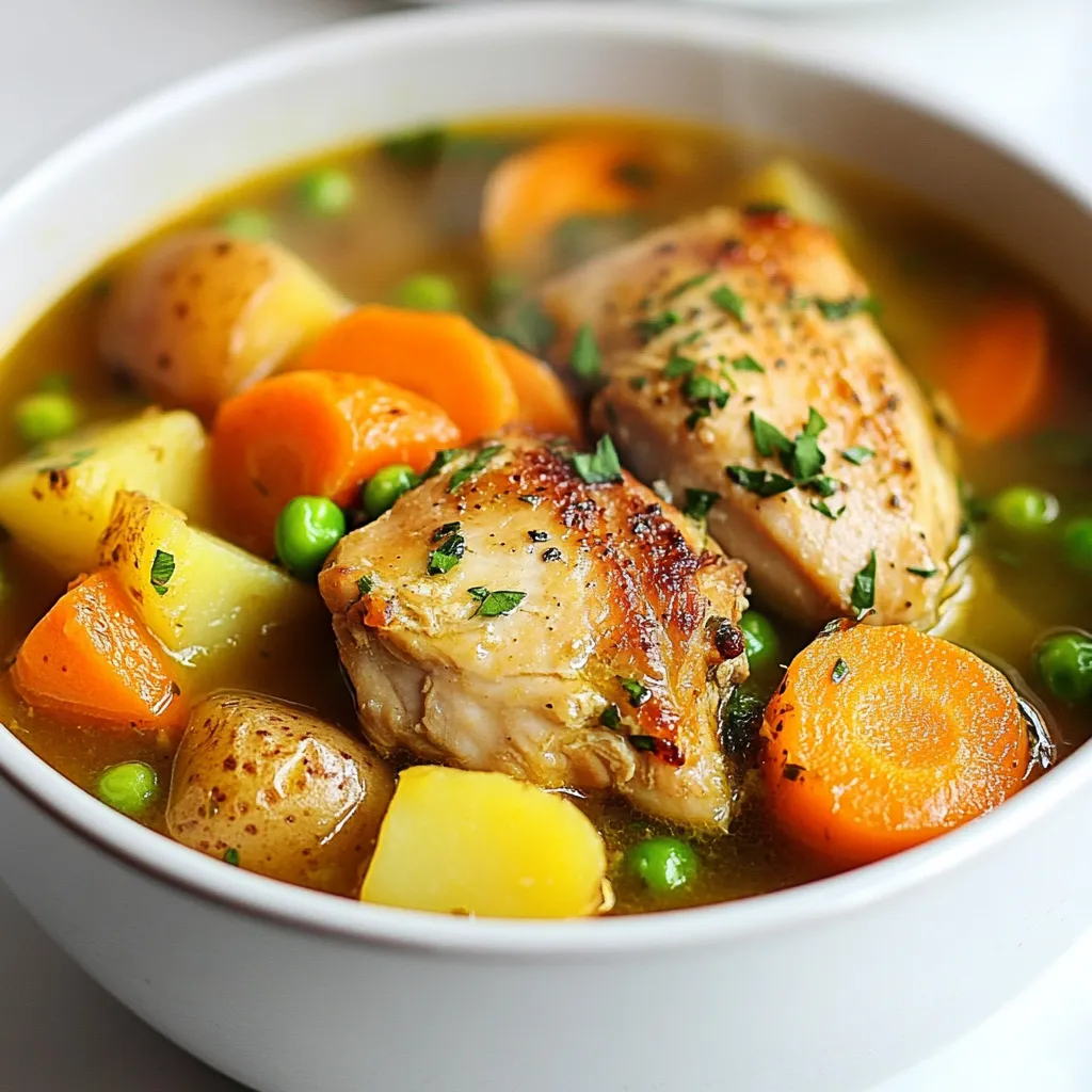 - 2 lbs boneless, skinless chicken thighs, cut into bite-sized chunks - 4 medium carrots, peeled and sliced into rounds - 3 medium potatoes, diced into 1-inch cubes - 1 large onion, finely chopped - 3 cloves garlic, minced - 1 cup celery, sliced into small pieces - 4 cups low-sodium chicken broth - 1 cup frozen green peas - 1 tablespoon Worcestershire sauce - 1 teaspoon dried thyme - 1 teaspoon dried rosemary - Salt and freshly ground black pepper, to taste - 2 tablespoons olive oil - Fresh parsley, chopped, for garnish Using fresh, high-quality ingredients makes a big difference. I prefer using organic chicken and vegetables when possible. This choice not only enhances flavor but also supports local farmers. Fresh herbs, such as rosemary and thyme, bring vibrant taste. So, if you can find them, use fresh instead of dried. Some ingredients can be swapped if needed. For the chicken, you can use chicken breasts if you prefer leaner meat. If you’re short on time, pre-cut veggies work well. For a gluten-free option, ensure your Worcestershire sauce is gluten-free. Lastly, if you don't have fresh parsley, try using green onions for garnish. {{ingredient_image_2}} Start by gathering all your ingredients. You will need: - 2 lbs boneless, skinless chicken thighs, cut into bite-sized chunks - 4 medium carrots, peeled and sliced into rounds - 3 medium potatoes, diced into 1-inch cubes - 1 large onion, finely chopped - 3 cloves garlic, minced - 1 cup celery, sliced into small pieces - 4 cups low-sodium chicken broth - 1 cup frozen green peas - 1 tablespoon Worcestershire sauce - 1 teaspoon dried thyme - 1 teaspoon dried rosemary - Salt and freshly ground black pepper, to taste - 2 tablespoons olive oil - Fresh parsley, chopped, for garnish Next, heat the olive oil in a large skillet over medium heat. Add the chopped onion and minced garlic. Cook for 3-5 minutes until the onion is soft and smells great. This step boosts the flavor of your stew. Carefully transfer the onion and garlic to your slow cooker. This is where the magic happens! Now it’s time to add the chicken. Place the bite-sized chicken thighs into the slow cooker. Next, add the sliced carrots, diced potatoes, and sliced celery. Sprinkle in the dried thyme and rosemary evenly. Pour in the low-sodium chicken broth and add the Worcestershire sauce. Stir everything gently but well to mix. Season with salt and freshly ground black pepper to your liking. Cover the slow cooker. You can cook on low for 6-8 hours or high for 3-4 hours. The chicken should be tender and cooked through. In the last 30 minutes of cooking, stir in the frozen peas. This keeps them bright and fresh without getting mushy. When cooking time is up, taste your stew. Adjust the seasoning if needed. Ladle the hearty stew into bowls. Top each bowl with freshly chopped parsley for a pop of color. Serve with slices of warm, crusty bread for a complete meal. Enjoy the warmth and comfort of your savory stew! To make a perfect chicken stew, start with good chicken. Use boneless, skinless thighs for the best flavor. Cut them into bite-sized chunks for even cooking. Sauté the onion and garlic first. This adds depth to your stew. Cook them until the onion is soft and clear. Then, add them to the slow cooker. Layer your ingredients. Add the chicken, carrots, potatoes, and celery. This helps all the flavors mix well. Pour in the chicken broth last to keep everything moist. Check the seasoning. Always taste your stew before serving. Adjust with salt and pepper as needed. A few simple tricks can boost your stew's flavor. Add Worcestershire sauce for a savory kick. Use fresh herbs like parsley for bright notes. Consider adding a splash of lemon juice at the end. It brightens the flavors. You can also try a pinch of cayenne for heat. Don't skip the frozen peas. Stir them in during the last 30 minutes. They add color and sweetness to the dish. One common mistake is overcooking the chicken. Slow cookers work slowly, so don't rush. Set it to low for 6-8 hours. Avoid cooking on high for too long. Another mistake is not seasoning enough. Chicken can be bland without enough salt and pepper. Taste as you go to ensure balance. Lastly, don't crowd the slow cooker. Ensure there’s enough space for steam. This helps the stew cook evenly and stay flavorful. Pro Tips Use Fresh Herbs: Fresh herbs can elevate the flavor profile of your stew significantly. Consider adding fresh thyme or rosemary just before serving for an aromatic finish. Layering Flavors: Sautéing the onions and garlic before adding them to the slow cooker enhances their flavor. This simple step builds a more complex taste in your stew. Adjust Consistency: If your stew turns out too thick, add a bit more chicken broth or water to reach your desired consistency. If too thin, let it simmer uncovered for a while to thicken. Freezing Tips: This stew freezes well, making it a great make-ahead meal. Portion leftovers into airtight containers and freeze for up to three months. Reheat gently on the stove or in the microwave. {{image_4}} You can swap chicken with other meats. Try turkey or pork for a twist. Both options work well in a slow cooker. Cut the meat into bite-sized pieces. Use the same cooking times as chicken. You can also try beef for a heartier stew. Just remember to choose cuts like chuck or brisket. These will become tender and tasty when cooked slowly. Want a meat-free stew? You can make a vegetarian version easily. Replace the chicken with hearty vegetables. Use mushrooms, chickpeas, or lentils for protein. Add more root veggies like sweet potatoes or parsnips. You can also use vegetable broth instead of chicken broth. This keeps the flavor rich and satisfying. A mix of beans adds extra texture and taste. Spice up your stew with different seasonings. Try adding smoked paprika for a smoky flavor. You could add a pinch of cayenne for some heat. Herbs like basil or oregano can change the taste, too. A splash of lemon juice brightens the flavors nicely. Don't forget to taste as you go. Adjust the salt and pepper to suit your palate. These small changes make a big difference! To keep your chicken stew fresh, allow it to cool first. Once cooled, transfer it to an airtight container. Be sure to leave some space at the top for expansion if you freeze it. Store the stew in the fridge for up to three days. If you want to keep it longer, freezing is a great option. When you’re ready to enjoy your stew again, reheat it on the stove or in the microwave. For the stove, use a medium heat. Stir it often to ensure even warming. If using a microwave, place it in a microwave-safe bowl. Heat in 1-minute intervals, stirring in between. Make sure it’s hot all the way through before serving. If you plan to freeze the stew, do so within two hours of cooking. Divide it into portions before freezing. Use freezer-safe bags or containers. Label each container with the date. You can freeze the stew for up to three months. When ready to eat, thaw it in the fridge overnight before reheating. You can store Slow Cooker Chicken Stew in the fridge for about three to four days. Make sure to keep it in an airtight container. If you want to keep it longer, you can freeze it. In the freezer, it lasts up to three months. Just remember to label the container with a date! Yes, you can cook this stew on the stovetop. Start by sautéing the onion and garlic in a large pot, just like in the slow cooker recipe. Then add the chicken and the other veggies. Pour in the broth and seasonings. Let it simmer for about 30 to 40 minutes. The key is to cook until the chicken and veggies are tender. Chicken stew goes well with many sides. Here are some tasty options: - Crusty bread for dipping - Rice to soak up the sauce - A simple green salad for freshness - Mashed potatoes for extra comfort food Try these sides to make your meal even better! In this article, we explored the key ingredients and steps to make a great chicken stew. You learned how to choose high-quality ingredients and use special substitutes. I shared tips to avoid common mistakes and enhance the flavor. We also discussed ways to store leftovers and keep your stew fresh. Remember, cooking is a fun journey. Try new variations and make this dish your own. Enjoy your delicious chicken stew!