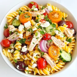 - 2 cups rotini pasta - 2 cups cooked chicken, shredded or diced - 1 cup cherry tomatoes, halved - 1 cucumber, diced - 1/2 cup red onion, finely chopped - 1/2 cup Kalamata olives, pitted and halved - 1/2 cup feta cheese, crumbled - 1/4 cup fresh parsley, chopped - 1/4 cup extra virgin olive oil - 2 tablespoons red wine vinegar (or balsamic vinegar) - 1 teaspoon dried oregano - Salt and pepper to taste Gather these ingredients before starting. The rotini pasta gives a nice twist. You can use any cooked chicken. Shredded or diced works great. Fresh veggies add crunch and color. Cherry tomatoes burst with flavor, while cucumbers cool the dish. Red onion adds a nice bite. Kalamata olives bring a salty kick. Feta cheese adds creaminess. Fresh parsley brightens the salad. For the dressing, the extra virgin olive oil is key for richness. Red wine vinegar gives a tangy note. Dried oregano enhances the Mediterranean vibe. Salt and pepper balance the flavors. {{ingredient_image_2}} Importance of Al Dente Cooking the pasta al dente means it stays firm. This gives the salad a great texture. When you bite into it, you want a bit of a chew. Overcooked pasta becomes mushy. So, keep an eye on your timer! Draining and Cooling Once the pasta is cooked, drain it in a colander. Rinse it under cold water. This stops it from cooking more. Cooling the pasta helps keep the salad light and fresh. Mixing the Ingredients In a large bowl, add your cooled pasta. Next, toss in the cooked chicken, cherry tomatoes, cucumber, red onion, Kalamata olives, feta cheese, and parsley. Stir gently to mix. You want to keep the ingredients whole and pretty. Handling Delicate Ingredients When you mix, be kind to soft items like feta. Break them up gently. This keeps the salad looking nice and helps the flavors shine. Combining Oil and Vinegar In a small bowl, whisk together olive oil and vinegar. You can use red wine vinegar or balsamic. This is your salad's flavor booster. Seasoning Tips Add dried oregano and salt and pepper to taste. These simple spices enhance the taste. Make sure to whisk well so everything blends. Tossing the Salad Pour the dressing over the salad mix. Toss everything together carefully. You want each piece to be coated in that tasty dressing. Chilling for Flavor Development Cover the bowl with plastic wrap. Chill the salad in the fridge for at least 30 minutes. This lets the flavors come together. When you serve it, the taste will be even better! How to Avoid Mushy Pasta To get perfect pasta, cook it al dente. Boil salted water and add the rotini. Follow the package time closely. Once done, drain it and rinse under cold water. This stops cooking and keeps it firm. Best Types of Pasta for Salad Rotini is great for salads. Its spiral shape holds the dressing well. You can also use penne or farfalle. These shapes add fun and texture to your dish. Options for Chicken If you want to switch the chicken, use grilled shrimp or chickpeas. These add protein and flavor. You can also try turkey or tofu for a tasty twist. Variations for Vegetables Feel free to change the veggies. Add bell peppers for sweetness or spinach for greens. Artichokes and zucchini also work well. Mix and match to keep it fresh! Alternative Dressings While the olive oil and vinegar mix is tasty, try Greek yogurt or tahini. These add creaminess. You can also use lemon juice for a zesty kick. Adding Extra Flavor For more flavor, add garlic or a pinch of red pepper flakes. Fresh herbs like basil or mint can brighten up the salad. Experimenting makes it your own! Pro Tips Cook Pasta Al Dente: Ensure the rotini pasta is cooked al dente, as it will absorb the dressing and flavors while maintaining a nice texture in the salad. Use Fresh Ingredients: Opt for fresh, high-quality ingredients, especially the vegetables and herbs, to enhance the overall flavor and nutrition of your salad. Chill for Flavor: Allow the salad to chill for at least 30 minutes before serving. This chilling time helps the flavors meld together, creating a more delicious dish. Customize Your Dressing: Feel free to experiment with different vinegars or add spices like garlic powder or red pepper flakes to the dressing for a personalized touch. {{image_4}} Substituting Chicken To make this salad vegetarian, swap the chicken for chickpeas or tofu. Both add protein and flavor. You can also use grilled vegetables for extra taste. Additional Protein Options If you want more protein, try adding beans, lentils, or nuts. These options keep the dish hearty and satisfying. Just remember to balance the flavors. Choosing Gluten-Free Pasta Select gluten-free pasta, like rice or corn pasta. Cook it just like regular pasta. This way, everyone can enjoy the dish without worry. Overall Flavor Retention Gluten-free pasta still tastes great. The flavors from the dressing and veggies shine through. You won’t miss the gluten in this tasty salad. Enhancing with Pesto Pesto adds a rich and fresh flavor to your salad. Just mix some in with the dressing. It brings the whole dish together with its vibrant taste. Flavor Pairing Tips Pair pesto with sun-dried tomatoes or artichokes for a burst of flavor. These ingredients work well with chicken and pasta. They make your salad even more delicious and fun to eat. For storing leftovers, use airtight containers. Glass or plastic containers work well. They keep the salad fresh and prevent odors. Make sure the salad is cool before sealing it. In the refrigerator, your Mediterranean chicken pasta salad lasts about 3 to 4 days. Check for signs of spoilage like changes in texture or smell. Always give it a quick look before eating. You can freeze this pasta salad, but it’s not the best option. Freezing can change the texture of the pasta and veggies. If you decide to freeze it, follow these steps: 1. Divide the salad into portions. 2. Use freezer-safe bags or containers. 3. Remove as much air as possible before sealing. To thaw, place the container in the fridge overnight. Avoid using the microwave, as it can make the pasta mushy. Once thawed, give it a good stir and check the taste. You might need to add extra dressing or seasoning. Mediterranean Chicken Pasta Salad stays fresh for about three to five days in the fridge. Store it in an airtight container to keep it safe. The flavors get better as it sits, but it can lose crunch over time. Always check for any signs of spoilage before eating. Absolutely! You can add any vegetables you like. Bell peppers, spinach, or artichokes work well. Just remember to chop them small to mix well with the pasta. Adding more veggies makes the salad even more colorful and nutritious. Serve the salad chilled for the best taste. A large bowl works great for gatherings. You can also plate individual portions. Garnish with extra parsley or feta cheese for a nice touch. This salad looks as good as it tastes! This blog post guides you through making a tasty Mediterranean Chicken Pasta Salad. We covered important ingredients, clear steps, and helpful tips to ensure your salad shines. You learned how to cook pasta perfectly, mix ingredients, and create a delicious dressing. Customizing flavors and storing leftovers were also discussed. Remember, this salad is versatile. Feel free to swap ingredients and adjust flavors. Enjoy every bite of your fresh creation!