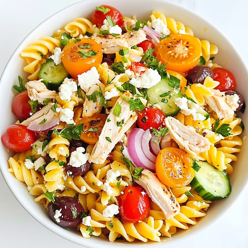 - 2 cups rotini pasta - 2 cups cooked chicken, shredded or diced - 1 cup cherry tomatoes, halved - 1 cucumber, diced - 1/2 cup red onion, finely chopped - 1/2 cup Kalamata olives, pitted and halved - 1/2 cup feta cheese, crumbled - 1/4 cup fresh parsley, chopped - 1/4 cup extra virgin olive oil - 2 tablespoons red wine vinegar (or balsamic vinegar) - 1 teaspoon dried oregano - Salt and pepper to taste Gather these ingredients before starting. The rotini pasta gives a nice twist. You can use any cooked chicken. Shredded or diced works great. Fresh veggies add crunch and color. Cherry tomatoes burst with flavor, while cucumbers cool the dish. Red onion adds a nice bite. Kalamata olives bring a salty kick. Feta cheese adds creaminess. Fresh parsley brightens the salad. For the dressing, the extra virgin olive oil is key for richness. Red wine vinegar gives a tangy note. Dried oregano enhances the Mediterranean vibe. Salt and pepper balance the flavors. {{ingredient_image_2}} Importance of Al Dente Cooking the pasta al dente means it stays firm. This gives the salad a great texture. When you bite into it, you want a bit of a chew. Overcooked pasta becomes mushy. So, keep an eye on your timer! Draining and Cooling Once the pasta is cooked, drain it in a colander. Rinse it under cold water. This stops it from cooking more. Cooling the pasta helps keep the salad light and fresh. Mixing the Ingredients In a large bowl, add your cooled pasta. Next, toss in the cooked chicken, cherry tomatoes, cucumber, red onion, Kalamata olives, feta cheese, and parsley. Stir gently to mix. You want to keep the ingredients whole and pretty. Handling Delicate Ingredients When you mix, be kind to soft items like feta. Break them up gently. This keeps the salad looking nice and helps the flavors shine. Combining Oil and Vinegar In a small bowl, whisk together olive oil and vinegar. You can use red wine vinegar or balsamic. This is your salad's flavor booster. Seasoning Tips Add dried oregano and salt and pepper to taste. These simple spices enhance the taste. Make sure to whisk well so everything blends. Tossing the Salad Pour the dressing over the salad mix. Toss everything together carefully. You want each piece to be coated in that tasty dressing. Chilling for Flavor Development Cover the bowl with plastic wrap. Chill the salad in the fridge for at least 30 minutes. This lets the flavors come together. When you serve it, the taste will be even better! How to Avoid Mushy Pasta To get perfect pasta, cook it al dente. Boil salted water and add the rotini. Follow the package time closely. Once done, drain it and rinse under cold water. This stops cooking and keeps it firm. Best Types of Pasta for Salad Rotini is great for salads. Its spiral shape holds the dressing well. You can also use penne or farfalle. These shapes add fun and texture to your dish. Options for Chicken If you want to switch the chicken, use grilled shrimp or chickpeas. These add protein and flavor. You can also try turkey or tofu for a tasty twist. Variations for Vegetables Feel free to change the veggies. Add bell peppers for sweetness or spinach for greens. Artichokes and zucchini also work well. Mix and match to keep it fresh! Alternative Dressings While the olive oil and vinegar mix is tasty, try Greek yogurt or tahini. These add creaminess. You can also use lemon juice for a zesty kick. Adding Extra Flavor For more flavor, add garlic or a pinch of red pepper flakes. Fresh herbs like basil or mint can brighten up the salad. Experimenting makes it your own! Pro Tips Cook Pasta Al Dente: Ensure the rotini pasta is cooked al dente, as it will absorb the dressing and flavors while maintaining a nice texture in the salad. Use Fresh Ingredients: Opt for fresh, high-quality ingredients, especially the vegetables and herbs, to enhance the overall flavor and nutrition of your salad. Chill for Flavor: Allow the salad to chill for at least 30 minutes before serving. This chilling time helps the flavors meld together, creating a more delicious dish. Customize Your Dressing: Feel free to experiment with different vinegars or add spices like garlic powder or red pepper flakes to the dressing for a personalized touch. {{image_4}} Substituting Chicken To make this salad vegetarian, swap the chicken for chickpeas or tofu. Both add protein and flavor. You can also use grilled vegetables for extra taste. Additional Protein Options If you want more protein, try adding beans, lentils, or nuts. These options keep the dish hearty and satisfying. Just remember to balance the flavors. Choosing Gluten-Free Pasta Select gluten-free pasta, like rice or corn pasta. Cook it just like regular pasta. This way, everyone can enjoy the dish without worry. Overall Flavor Retention Gluten-free pasta still tastes great. The flavors from the dressing and veggies shine through. You won’t miss the gluten in this tasty salad. Enhancing with Pesto Pesto adds a rich and fresh flavor to your salad. Just mix some in with the dressing. It brings the whole dish together with its vibrant taste. Flavor Pairing Tips Pair pesto with sun-dried tomatoes or artichokes for a burst of flavor. These ingredients work well with chicken and pasta. They make your salad even more delicious and fun to eat. For storing leftovers, use airtight containers. Glass or plastic containers work well. They keep the salad fresh and prevent odors. Make sure the salad is cool before sealing it. In the refrigerator, your Mediterranean chicken pasta salad lasts about 3 to 4 days. Check for signs of spoilage like changes in texture or smell. Always give it a quick look before eating. You can freeze this pasta salad, but it’s not the best option. Freezing can change the texture of the pasta and veggies. If you decide to freeze it, follow these steps: 1. Divide the salad into portions. 2. Use freezer-safe bags or containers. 3. Remove as much air as possible before sealing. To thaw, place the container in the fridge overnight. Avoid using the microwave, as it can make the pasta mushy. Once thawed, give it a good stir and check the taste. You might need to add extra dressing or seasoning. Mediterranean Chicken Pasta Salad stays fresh for about three to five days in the fridge. Store it in an airtight container to keep it safe. The flavors get better as it sits, but it can lose crunch over time. Always check for any signs of spoilage before eating. Absolutely! You can add any vegetables you like. Bell peppers, spinach, or artichokes work well. Just remember to chop them small to mix well with the pasta. Adding more veggies makes the salad even more colorful and nutritious. Serve the salad chilled for the best taste. A large bowl works great for gatherings. You can also plate individual portions. Garnish with extra parsley or feta cheese for a nice touch. This salad looks as good as it tastes! This blog post guides you through making a tasty Mediterranean Chicken Pasta Salad. We covered important ingredients, clear steps, and helpful tips to ensure your salad shines. You learned how to cook pasta perfectly, mix ingredients, and create a delicious dressing. Customizing flavors and storing leftovers were also discussed. Remember, this salad is versatile. Feel free to swap ingredients and adjust flavors. Enjoy every bite of your fresh creation!