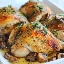 - 1 whole chicken (3-4 lbs) - 2 tablespoons extra virgin olive oil - 2 tablespoons fresh rosemary, finely chopped - 1 tablespoon fresh thyme, finely chopped - 1 tablespoon fresh garlic, minced - 1 teaspoon fresh lemon zest - Sea salt and freshly ground black pepper to taste - 8 oz button mushrooms, cleaned and sliced - 1 cup heavy cream - 1/2 cup low-sodium chicken broth - 2 tablespoons fresh parsley, chopped (for garnish) To make Herb Roasted Chicken with Creamy Mushrooms, you need fresh and good-quality ingredients. A whole chicken between 3 to 4 pounds works best. Use fresh herbs for the best flavor. I love using rosemary and thyme, along with garlic and lemon zest to add a bright taste. For the creamy sauce, button mushrooms are perfect. They soak up flavor well and add a nice texture. Heavy cream and chicken broth make the sauce rich and smooth. Don't forget olive oil, sea salt, and black pepper to season everything just right. Finally, fresh parsley not only looks great but adds a fresh touch to the dish. Gather these ingredients, and you're ready to create a delicious meal that everyone will love! {{ingredient_image_2}} 1. Preheat your oven to 425°F (220°C). This helps the chicken get crispy skin. 2. In a bowl, mix olive oil, rosemary, thyme, garlic, lemon zest, sea salt, and pepper. This makes a tasty herb paste. 3. Gently loosen the skin of the chicken with your fingers. Be careful not to tear it. 4. Rub the herb paste all over the chicken and under the skin for flavor. 5. Place the chicken, breast-side up, on a roasting rack in a pan. Roast for 1 hour to 1 hour 15 minutes. The chicken is done when it reaches 165°F (75°C) and the skin is golden brown. 1. While the chicken cooks, heat some olive oil in a skillet over medium heat. 2. Add the sliced mushrooms and sauté them until tender and caramelized, about 5-7 minutes. Stir them often for even cooking. 3. Pour in low-sodium chicken broth and let it simmer for 2-3 minutes. Scrape the tasty bits off the skillet. 4. Lower the heat and stir in heavy cream. Cook for 3-5 minutes until the sauce thickens. Season with salt and pepper to taste. 1. After cooking, let the chicken rest for 10 minutes. This helps keep it juicy. 2. Carve the chicken into pieces and place them on a serving platter. 3. Spoon the creamy mushroom sauce over the chicken. 4. Finish with a sprinkle of fresh parsley for color. This simple process lets you create a lovely meal full of flavor. Enjoy every bite! A high roasting temperature is key to crispy skin. Preheat your oven to 425°F (220°C). This helps the skin crisp up nicely. To improve texture, loosen the skin gently with your fingers. Rub the herb paste directly under the skin. This adds flavor and helps with browning. You can use different herbs to change the taste. Try thyme, sage, or even oregano. Each herb adds a unique twist. For sides, roasted vegetables or a fresh salad pair well. They balance the meal and add color to your plate. For the perfect sauce thickness, let it simmer for a few minutes. Stir as it cooks to prevent sticking. If you want a lighter sauce, consider using half-and-half or coconut milk. Both options maintain creaminess while cutting down on fat. Pro Tips Use a Meat Thermometer: For perfectly cooked chicken, insert a meat thermometer into the thickest part of the thigh, avoiding the bone. This ensures it reaches the safe internal temperature of 165°F (75°C). Resting is Key: Allow the chicken to rest for at least 10 minutes after roasting. This helps the juices redistribute, resulting in a juicier and more flavorful dish. Enhance the Mushroom Flavor: For an extra depth of flavor in the creamy mushroom sauce, consider adding a splash of white wine after sautéing the mushrooms before adding the chicken broth. Herb Variations: Feel free to experiment with different herbs such as sage or tarragon for a unique flavor profile. Fresh herbs can significantly enhance the overall taste of the dish. {{image_4}} You can easily switch herbs in this recipe. Try thyme or sage for a new taste. These herbs bring their own unique flavors. You can also mix in spices like paprika or cumin. They add warmth and depth to the dish. Experimenting with herbs lets you customize the chicken to your liking. Different mushrooms can change the sauce's flavor. Use shiitake, cremini, or portobello for richer tastes. Each type adds its own twist to the creamy sauce. You can also add vegetables like spinach or peas. This makes the sauce heartier and more colorful. Roasting gives the chicken a crispy skin. Grilling adds a smoky flavor and keeps it juicy. If you want a hands-off method, use an Instant Pot or slow cooker. These methods still yield tender chicken. Adjust cooking times based on your method to ensure juicy results. After enjoying your herb roasted chicken with creamy mushrooms, let it cool down. Place the leftovers in an airtight container. You can store it in the fridge for 3 to 4 days. If you want to keep it longer, freezing is a great option. Wrap the chicken tightly in plastic wrap or foil before placing it in a freezer-safe bag. The frozen chicken will last for about 3 months. For the creamy mushrooms, store them separately. They can also stay in the fridge for 3 to 4 days or freeze for up to 2 months. To reheat the chicken, preheat your oven to 350°F (175°C). Place the chicken in a baking dish. Cover it with foil to keep it moist. Heat for about 20-25 minutes or until warm. For the creamy mushroom sauce, heat it in a pan over low heat. Stir often to avoid burning. If the sauce is too thick, add a splash of chicken broth or cream to loosen it. This way, you’ll keep all the flavor and texture of the dish. The chicken takes about 1 hour to 1 hour 15 minutes to cook. For safety, the internal temperature must reach 165°F (75°C). Cooking time varies based on the chicken's weight. A 3-4 lb chicken cooks in this range. Always use a meat thermometer for best results. Yes, you can prepare parts of this recipe ahead. You can make the herb paste and store it in the fridge. You can also cook the mushrooms and sauce, then refrigerate them. When ready to serve, reheat the chicken and sauce in the oven. Many sides go well with Herb Roasted Chicken. Here are some popular options: - Roasted seasonal vegetables like carrots or Brussels sprouts - Creamy mashed potatoes or garlic mashed cauliflower - A fresh side salad with greens and vinaigrette These sides balance the dish and enhance its flavors. You learned how to create a delicious and hearty dish with herb roasted chicken and creamy mushroom sauce. We covered the main ingredients, step-by-step preparation, and useful tips. You can customize the recipe with different herbs and cooking methods. Store leftovers properly to enjoy later. This meal is not just tasty; it’s also special for family gatherings. With these insights, you’ll impress your guests and make every bite count. Get ready to cook and enjoy!