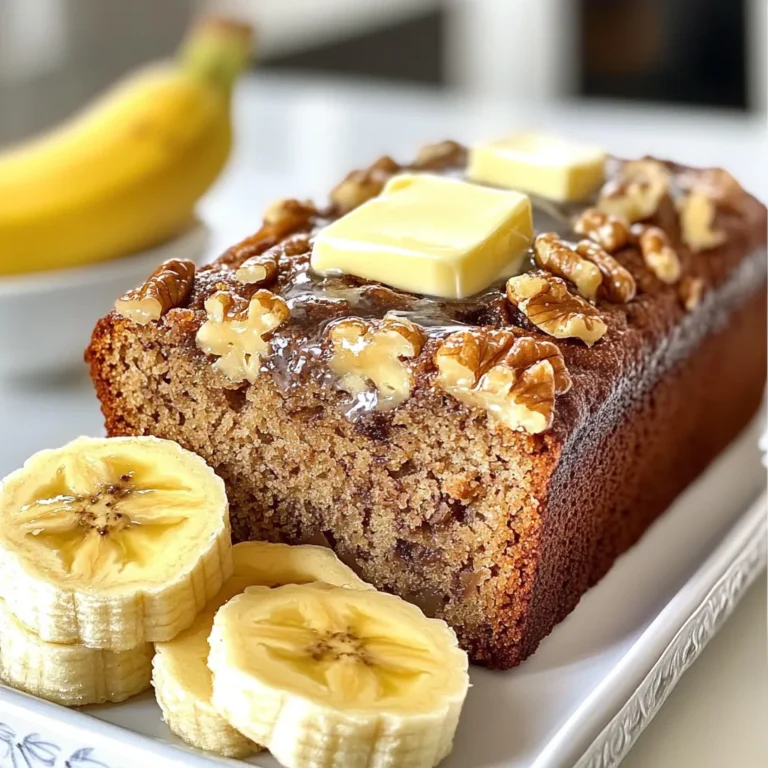 To make moist banana bread, you need the right ingredients. Here is what you will need: - 3 ripe bananas, thoroughly mashed - 1/3 cup melted coconut oil - 1/2 cup packed brown sugar - 1 large egg, lightly beaten - 1 teaspoon pure vanilla extract - 1 teaspoon baking soda - A pinch of salt - 1 teaspoon ground cinnamon - 1 1/2 cups all-purpose flour These basic ingredients come together to create the perfect texture and flavor. If you want to enhance your banana bread, consider these optional add-ins: - 1/2 cup chopped walnuts - 1/4 cup dark chocolate chips These add-ins provide a crunch or a touch of sweetness that will elevate your bread. You can easily swap some ingredients for different flavors. Here are some ideas: - Instead of coconut oil, use melted butter. - Swap brown sugar for white sugar if you prefer a lighter taste. - Use whole wheat flour for a nuttier flavor and added fiber. These substitutions can make your banana bread unique and suit your taste. {{ingredient_image_2}} First, set your oven to 350°F (175°C). This is the perfect temperature for baking banana bread. Next, grab a 9x5 inch loaf pan. Grease it well to stop the bread from sticking. You can use coconut oil or cooking spray. This step is important for easy removal later. In a large mixing bowl, take 3 ripe bananas and mash them well. You want them smooth for the best texture. Add 1/3 cup of melted coconut oil to the bowl. Stir these two ingredients together until they mix well. Next, pour in 1/2 cup of packed brown sugar. Keep mixing until you can't see any sugar lumps. Then, add 1 large beaten egg and 1 teaspoon of pure vanilla extract. Mix everything until it is smooth. Now, it's time to add dry ingredients. Sprinkle 1 teaspoon of baking soda and a pinch of salt over the wet mixture. Stir until they blend in completely. Then, add 1 teaspoon of ground cinnamon. Gently fold in 1 1/2 cups of all-purpose flour. Be careful not to overmix. Stop when you no longer see dry flour. This keeps the bread soft. If you like, fold in 1/2 cup of chopped walnuts and 1/4 cup of dark chocolate chips for extra flavor. Pour the batter into your greased loaf pan. Use a spatula to smooth the top. Place the pan in the oven and bake for 60 to 65 minutes. Check if it is done by inserting a toothpick in the center. It should come out clean or with a few moist crumbs. When it’s ready, let the bread cool in the pan for about 10 minutes. Then, move it to a wire rack to cool completely. This step helps the texture and flavor develop. To get moist banana bread, use very ripe bananas. They should have brown spots and feel soft. The bananas add natural sweetness and moisture. Use coconut oil in the recipe. It keeps the bread moist and gives it a slight flavor. Stir the batter gently. Overmixing makes the bread tough. Bake the bread until it is just set. A toothpick should come out clean or with a few crumbs. One common mistake is using unripe bananas. They do not provide enough flavor or moisture. Another error is overmixing the batter. Mix just until you see no dry flour. Also, check your oven temperature. An oven that is too hot can dry out the bread. Lastly, don’t skip the cooling step. Letting the bread cool helps it firm up and enhances the flavor. Slice the banana bread and serve it warm. A dollop of butter on top makes it rich and tasty. You can also enjoy it plain for a lighter bite. For a fun twist, add fresh banana slices on the side. A sprig of mint adds a lovely touch of color. If you have chocolate chips in the bread, serve it with whipped cream on top for a dessert feel. Pro Tips Use Overripe Bananas: The riper the bananas, the sweeter and more flavorful your banana bread will be. Look for bananas with brown spots for the best results. Don’t Overmix the Batter: To ensure a tender and moist banana bread, mix just until the flour is incorporated. Overmixing can lead to a dense loaf. Cool Before Slicing: Allow the banana bread to cool in the pan for at least 10 minutes before transferring it to a wire rack. This helps set the texture and makes slicing easier. Experiment with Mix-Ins: Feel free to customize your banana bread by adding extras like dried fruit, chocolate chips, or other nuts to enhance flavor and texture. {{image_4}} You can make your banana bread healthier with a few simple swaps. Instead of coconut oil, use applesauce for moisture. This cut down on fat while keeping it tasty. You can also replace white sugar with honey or maple syrup. Both options add sweetness and bring a unique flavor. For a fiber boost, try using whole wheat flour instead of all-purpose flour. These tweaks keep the bread delicious yet more nutritious. To make your banana bread special, add flavors and textures. Ground cinnamon gives warmth, but you can also try nutmeg or cardamom for a different spice. Adding nuts like walnuts or pecans gives a nice crunch. If you're a chocolate lover, dark chocolate chips blend well with bananas. You can even fold in dried fruits like raisins or cranberries. These small changes can make each loaf unique and fun! For a gluten-free option, swap all-purpose flour with a gluten-free flour blend. Make sure your baking soda is gluten-free too. To create a vegan banana bread, replace the egg with a flax egg. Mix one tablespoon of flaxseed meal with three tablespoons of water. Let it sit until it thickens. You can also use unsweetened almond milk instead of any dairy. These changes will still give you soft, moist banana bread that everyone can enjoy! To keep your banana bread fresh, let it cool first. After cooling, wrap it in plastic wrap or foil. This keeps moisture in and prevents drying. Store it at room temperature for up to three days. If you want to keep it longer, consider freezing it. Freezing banana bread is easy. Slice the bread first. Wrap each slice in plastic wrap tightly. Then, place the wrapped slices in a freezer bag or container. This helps keep them fresh for up to three months. When you're ready to eat, just thaw the slices at room temperature or pop them in the microwave for a quick warm-up. If your banana bread goes stale, don’t worry! You can revive it. Simply wrap the loaf in a damp paper towel. Microwave it for 10-15 seconds. This adds moisture back into the bread. You can also toast the slices. This gives them a warm, crispy texture. Enjoy your tasty banana bread again! You can tell if the banana bread is done by using a toothpick. Insert it into the center of the loaf. If it comes out clean or with just a few moist crumbs, the bread is ready. This usually takes about 60-65 minutes at 350°F (175°C). Remember, overbaking can dry it out, so check it a few minutes early. Yes, you can use frozen bananas! Just thaw them first and drain any excess liquid. Frozen bananas are often sweeter and make great banana bread. They work well because they mash easily and add moisture. This can enhance the flavor of your bread. If your banana bread is dry, there are a few things you can do. First, check your baking time and temperature. Overbaking can lead to dryness. You can also add a bit of yogurt or applesauce to the batter next time for extra moisture. If you have dry bread, try warming it in the microwave with a slice of butter. Homemade banana bread can last for about 3-4 days at room temperature if stored in an airtight container. You can also refrigerate it for up to a week. For longer storage, freeze it for up to three months. Just wrap it tightly in plastic wrap and foil before freezing. By following the steps outlined, you can make tasty banana bread. Focus on the right ingredients and bake with care to ensure a moist loaf. Don’t forget to try different variations for fun flavors and health options. Store it well to keep it fresh and revive any stale bread easily. My hope is that these tips make your baking fun and successful. Enjoy your homemade banana bread!