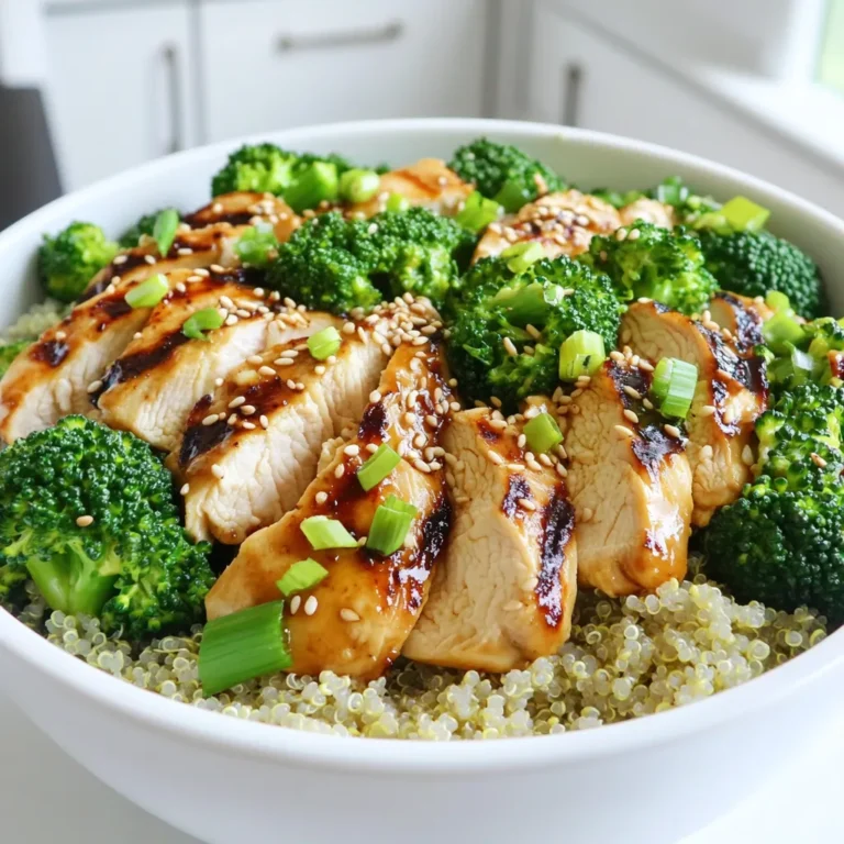 - 2 boneless, skinless chicken breasts - 2 cups broccoli florets - 1 cup cooked quinoa - 2 tablespoons olive oil - 2 tablespoons soy sauce - 1 tablespoon honey - 1 teaspoon garlic powder - 1 teaspoon ginger powder - Salt and pepper to taste - 1 tablespoon sesame seeds - Chopped green onions for garnish Gather all these ingredients before you start cooking. Fresh chicken and broccoli make the best flavors. You can use any type of quinoa you like. The marinade is key for tasty chicken. It adds depth and sweetness. Don't skip the honey! It helps balance the saltiness of soy sauce. For the optional garnishes, sesame seeds add a nice crunch. Chopped green onions bring fresh flavor and color. You can mix and match these ingredients. Feel free to adjust the amounts to suit your taste. This is your bowl, so make it how you like it! To start, you need to make the marinade. In a small bowl, mix 2 tablespoons of olive oil, 2 tablespoons of soy sauce, 1 tablespoon of honey, 1 teaspoon of garlic powder, 1 teaspoon of ginger powder, and a pinch of salt and pepper. Whisk this mixture well. Next, place your two chicken breasts in a resealable bag or a shallow dish. Pour the marinade over the chicken. Seal the bag or cover the dish tightly. You should let it marinate in the fridge for at least 30 minutes. For the best flavor, aim for 2 hours. Rinsing the quinoa is essential. Place it in a fine mesh strainer and rinse under cold water. This step removes any bitterness. Now, cook the quinoa. Follow the package instructions on the quinoa. Usually, you will combine 1 cup of rinsed quinoa with 2 cups of water in a pot. Bring it to a boil, then reduce heat to low. Cover and simmer for about 15 minutes until water absorbs. Fluff the quinoa with a fork and set it aside. Preheat your grill or grill pan over medium-high heat. Remove the chicken from the marinade and let the excess drip off. Place the chicken on the grill. Cook for about 6-7 minutes on one side. Flip it over and cook for another 6-7 minutes. The internal temperature should reach 165°F (75°C). Once done, transfer the chicken to a cutting board. Let it rest for a few minutes before slicing into strips. While the chicken grills, prepare your broccoli. You can steam it by placing the florets in a steamer basket. Steam for about 4-5 minutes until bright green and tender-crisp. Alternatively, you can blanch the broccoli. Boil water in a pot, then add the florets for 2 minutes. After that, plunge them into ice water immediately. This stops the cooking and keeps them crisp. To build your bowls, start with a scoop of cooked quinoa as the base. Next, layer the sliced grilled chicken and the steamed broccoli on top. If you want extra flavor, sprinkle sesame seeds on top. This adds a nice crunch and look to your meal. To get great flavor in your chicken, marinate it well. Use the marinade mix of olive oil, soy sauce, honey, garlic, and ginger. Let it soak for at least 30 minutes. If you have time, two hours is best. This helps the chicken absorb all the tasty flavors. When grilling, preheat your grill to medium-high heat. Place the chicken on the grill and cook for 6-7 minutes per side. Check the internal temperature; it should reach 165°F (75°C). This way, your chicken will be juicy and cooked through. Cooking quinoa might seem easy, but small mistakes can happen. Always rinse the quinoa first to wash away any bitter taste. Cook it according to the package's instructions. After cooking, fluff the quinoa with a fork. This keeps it light and fluffy. If you skip this step, your quinoa might clump together. To steam broccoli, use a steamer basket. Steam the florets for about 4-5 minutes. They should be bright green and tender-crisp. You can also blanch the broccoli. Boil it for 2 minutes, then put it in ice water. This stops the cooking and keeps the color. Perfectly cooked broccoli should be bright and firm, not mushy. {{image_4}} If you want to switch up the protein in your bowls, here are some great options. - Substitutes for chicken: You can use turkey breast, pork tenderloin, or even shrimp. Each option brings a unique taste. - Vegetarian options: Try grilled tofu or tempeh. Both soak up flavors well. You can also use chickpeas or black beans for a hearty protein boost. Don't feel stuck with quinoa! There are many tasty grains you can use. - Quinoa substitute ideas: Brown rice is a great choice. It has a nutty flavor and chewy texture. You could also use farro for a more rustic feel. - Other base options: Consider using barley or bulgur wheat. They offer different textures and flavors that work well with the other ingredients. Let's take your bowls to the next level with some exciting flavors. - Sauces to pair with the bowl: Try a spicy sriracha sauce or a tangy sesame dressing. These can add a kick to your meal. - Additional spices and herbs: Sprinkle some red pepper flakes for heat or add fresh cilantro for a burst of freshness. A squeeze of lime juice can brighten up the dish too. To keep your grilled chicken and broccoli bowls fresh, store them right. Use airtight containers. Glass or BPA-free plastic containers work best. Make sure the chicken and broccoli cool down before sealing. This helps prevent moisture buildup. Label the containers with the date. Use within three days for the best taste. To reheat, use the microwave or stovetop. For the microwave, place a bowl in and cover it with a damp paper towel. This keeps food moist. Heat in short bursts, checking often. For stovetop reheating, place the bowl in a pan over low heat. Stir gently until warm. To keep the chicken juicy, avoid high heat. Enjoy your meal like it was just made! To make these bowls ahead of time, you can prep each component. Start with the chicken. Marinate it and grill it. Once cooked, let it cool, then slice it. Next, cook the quinoa and steam the broccoli. Store all items in separate containers in the fridge. This way, you can quickly assemble bowls when ready to eat. Yes, you can use frozen broccoli. It saves time and still tastes good. Just steam it until it’s hot. Follow the package instructions for best results. This makes meal prep easier and keeps your bowls healthy. To reheat quinoa, use a microwave or stovetop. For the microwave, place the quinoa in a bowl and add a splash of water. Cover it and heat for one minute. Stir and check if it's warm. On the stovetop, add quinoa to a pan with a little water. Heat over low heat until warm. You can boost flavor by using fresh herbs. Basil, cilantro, or parsley work well. You can also add spices like red pepper flakes for heat. Drizzling a bit of lime juice or sesame oil on top adds a nice touch, too. Feel free to experiment with flavorings you enjoy. Absolutely! For a gluten-free option, use tamari instead of soy sauce. If you want a vegetarian dish, swap chicken for tofu or chickpeas. You can also use brown rice or cauliflower rice instead of quinoa. These swaps allow everyone to enjoy the meal. This blog post covered how to make grilled chicken and broccoli bowls. We discussed the main ingredients, marinade components, and optional garnishes. I shared step-by-step instructions for marinating chicken, cooking quinoa, grilling, and preparing broccoli. Tips helped you perfect the flavors and textures. We also explored variations for proteins and grains, plus storage and reheating advice. Now, you can enjoy tasty, nutritious bowls anytime. Get creative and make this recipe your own!