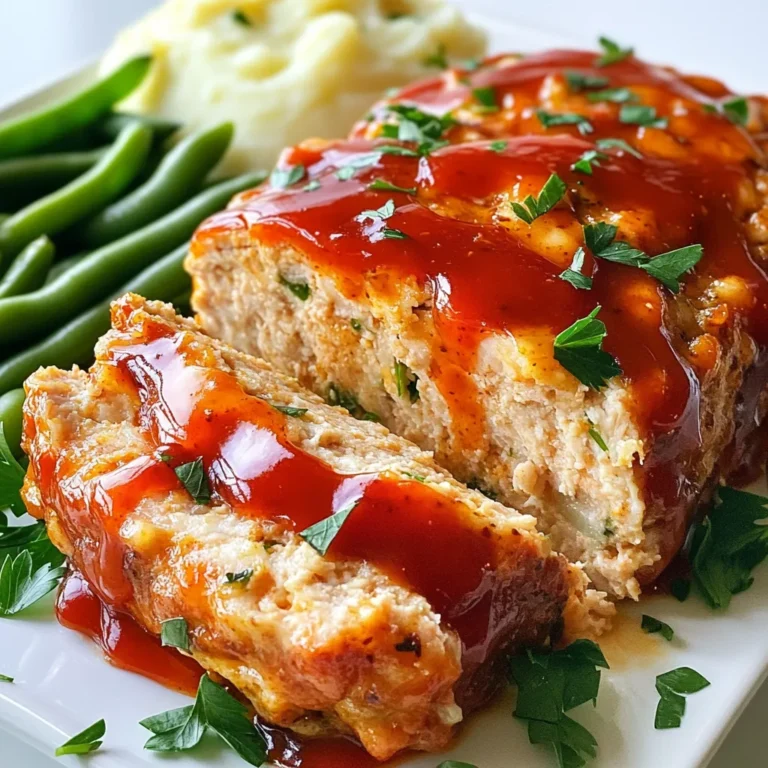 To make Garlic Parmesan Chicken Meatloaf, you need these simple ingredients: - 1 lb ground chicken - 1 cup breadcrumbs - 1/2 cup grated Parmesan cheese - 2 cloves garlic, minced - 1/4 cup fresh parsley, finely chopped - 1 small onion, finely diced - 1 large egg - 1/4 cup milk - 1 tablespoon Worcestershire sauce - Salt and freshly cracked black pepper, to taste - 1/4 cup ketchup (for glazing) - 1 teaspoon Italian seasoning Each of these ingredients plays a key role in the final flavor. The ground chicken keeps it lean, while breadcrumbs add texture. Parmesan cheese gives it a rich taste, and garlic adds a punch of flavor. Fresh parsley not only brightens the dish but also adds a pop of color. Onion adds sweetness and depth. The egg and milk help bind everything together. Worcestershire sauce adds a subtle umami kick. Finally, salt, pepper, and Italian seasoning round out the taste. Using fresh ingredients makes a big difference. Make sure your garlic is fresh and your parsley is vibrant. This dish is not just tasty; it’s also a fun way to enjoy meatloaf with a twist. {{ingredient_image_2}} 1. Preheat the oven Set your oven to 350°F (175°C). This warms it up for baking. 2. Combine ingredients in a mixing bowl In a large bowl, mix the ground chicken, breadcrumbs, and Parmesan cheese. Add minced garlic, chopped parsley, and diced onion. Then, crack in the egg and pour in the milk and Worcestershire sauce. Season with salt, pepper, and Italian seasoning. Use your hands or a spoon to blend everything well. 3. Shape the meat mixture into a loaf Once mixed, shape the meat into a loaf. Place it in a greased loaf pan or on a lined baking sheet. A baking sheet gives a nice crust. 4. Apply ketchup glaze Spread ketchup generously on top of the meatloaf. This adds a sweet glaze. It makes the dish look and taste better. 5. Baking process Bake the meatloaf in the oven for about 45-55 minutes. Use a meat thermometer to check if it reaches 165°F (75°C). The juices should run clear when it’s done. 6. Resting period and slicing After taking it out of the oven, let the meatloaf rest for 10 minutes. This keeps it moist and makes slicing easier. 7. Slice the meatloaf Cut the meatloaf into thick slices. Serve warm, and for a nice touch, sprinkle fresh parsley on top. - Achieving the perfect texture: To get a nice texture, mix your ingredients well. Use your hands to combine them. This helps the flavors meld together. Don't overmix, as it can make the meatloaf tough. - Importance of resting before slicing: After baking, let the meatloaf rest for 10 minutes. This time is key. It keeps the juices inside, making each slice moist. If you cut too soon, the juices run out. - Avoiding dryness in meatloaf: To keep the meatloaf moist, use ground chicken with some fat. Adding milk and egg also helps. The ketchup glaze adds moisture and flavor too. - Recommended side dishes: Serve your meatloaf with creamy mashed potatoes. Steamed green beans add a nice color and crunch. A fresh salad on the side brightens the meal. - Garnishing tips: For a lovely touch, sprinkle fresh parsley over the meatloaf. It adds color and a hint of herb flavor. You can also drizzle a bit of extra ketchup for a pop of sweetness. Pro Tips Use Fresh Ingredients: Always opt for fresh garlic and herbs to enhance the flavor profile of your meatloaf. Monitor Internal Temperature: Use a meat thermometer to ensure your meatloaf reaches the perfect internal temperature of 165°F (75°C) for safe consumption. Experiment with Add-ins: Feel free to add chopped vegetables like bell peppers or spinach to the mixture for added nutrition and flavor. Rest Before Slicing: Allow the meatloaf to rest for at least 10 minutes after baking to retain moisture and make slicing easier. {{image_4}} You can mix things up with different proteins. Ground turkey works well in this recipe. It gives a similar texture but with less fat. Beef is another option. It adds a richer flavor but will change the dish's health profile. If you need gluten-free options, swap out breadcrumbs for gluten-free bread crumbs or oats. This keeps the meatloaf tender and tasty while meeting dietary needs. To spice things up, add herbs or spices to the mix. Try a teaspoon of smoked paprika for a smoky kick. You can also add fresh herbs like thyme or oregano for a burst of flavor. For different glazes, consider using barbecue sauce instead of ketchup. This adds a sweet and tangy flavor. You can also try a balsamic glaze for a gourmet touch that pairs well with the chicken. After cooking, let the meatloaf cool. Wrap it in plastic wrap or foil. You can keep it in the fridge for up to three days. If you have leftovers, you can freeze them for up to three months. Make sure to slice it first. This helps it freeze and thaw faster. To reheat, preheat your oven to 350°F (175°C). Place slices on a baking sheet. Cover them with foil to keep them moist. Heat for about 20 minutes or until warm. You can also use a microwave. Place a slice on a microwave-safe plate. Heat for about one to two minutes, checking often. In the fridge, Garlic Parmesan Chicken Meatloaf lasts about three days. In the freezer, it can stay fresh for up to three months. For best taste, eat it sooner rather than later. Always check for signs of spoilage, like a bad smell or discoloration. How can I make this meatloaf healthier? You can swap some ingredients for lighter options. Use whole-grain breadcrumbs instead of regular ones. Try adding more vegetables like grated carrots or zucchini. You could also reduce the Parmesan cheese. Can I make this meatloaf ahead of time? Yes, you can prepare the meatloaf a day before. Mix the ingredients and shape the loaf. Cover it well and store it in the fridge. When ready, just bake it as usual. What is the best way to tell if the meatloaf is done? The best way is to use a meat thermometer. Insert it into the center of the loaf. It should read 165°F (75°C) when fully cooked. You can also check if the juices run clear. Can I use chicken thighs instead of chicken breast? Yes, you can use ground chicken thighs. They will add more flavor and moisture to the meatloaf. Just keep the other ingredients the same for balance. In this post, we explored how to make a tasty ground chicken meatloaf. We covered the key ingredients, from chicken and breadcrumbs to garlic and herbs. The step-by-step instructions made it easy to prepare and bake. Tips helped ensure a moist meatloaf, while variations let you customize it. With proper storage info, leftovers can stay fresh. Try these ideas to create your best meatloaf. Cooking is all about having fun and being creative!