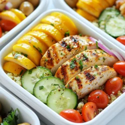 - Chicken and Marinade Components - 2 large chicken breasts - 2 tablespoons extra virgin olive oil - 1 teaspoon dried oregano - 1 teaspoon garlic powder - Sea salt and freshly cracked pepper, to taste To make your chicken flavorful, start with a simple marinade. Mix the olive oil, oregano, garlic powder, salt, and pepper in a bowl. This mix helps the chicken soak up great flavors. - Quinoa and Broth Details - 1 cup quinoa, thoroughly rinsed - 2 cups chicken broth (or water for a lighter option) Quinoa is a wonderful base for these bowls. Rinse it well to remove bitterness. Use chicken broth for a richer taste, or water for a lighter option. - Veggies, Cheese, and Seasonings - 1 medium cucumber, diced into small cubes - 1 cup cherry tomatoes, halved for a burst of flavor - 1/2 red onion, finely diced - 1 cup feta cheese, crumbled for creaminess - 1/2 cup kalamata olives, pitted and halved for a salty kick - Juice of 1 fresh lemon for brightness - Fresh parsley, chopped finely for garnishing Fresh veggies bring color and crunch to your bowls. Feta cheese adds creaminess, while olives give a salty punch. The lemon juice brightens the dish and balances the flavors. Finally, parsley adds a nice touch of freshness. This combination of ingredients makes a tasty and healthy meal prep option. You can easily mix and match based on your preferences! {{ingredient_image_2}} - Preparing the Marinade: In a bowl, mix 2 tablespoons of olive oil, 1 teaspoon of dried oregano, 1 teaspoon of garlic powder, sea salt, and pepper. This mix gives great flavor to the chicken. - Proper Marination Techniques: Add the chicken breasts to the bowl. Make sure they are fully coated. Let them marinate for at least 30 minutes. For more flavor, cover and refrigerate them overnight. - Boiling and Simmering Steps: In a medium pot, bring 2 cups of chicken broth or water to a boil. Add 1 cup of rinsed quinoa and stir. Cover the pot and lower the heat. - Fluffing and Cooling Tips: Let it simmer for about 15 minutes. Once all the liquid is gone, fluff the quinoa with a fork. Set it aside to cool. - Grill/Skillet Preheating: Preheat your grill or skillet to medium-high heat. This step is key for good chicken. - Cooking Times and Temperature Check: Cook the marinated chicken for about 6-7 minutes on each side. Check that it reaches an internal temperature of 165°F. Let it rest for 5 minutes before slicing. - Chopping and Mixing Ingredients: In a large bowl, mix diced cucumber, halved cherry tomatoes, diced red onion, crumbled feta cheese, and halved kalamata olives. - Dressing and Flavor Integration: Squeeze the juice of one lemon over the salad mix. Stir gently to blend all the flavors. - Portioning Techniques: Divide the cooled quinoa among meal prep containers. It helps to use a measuring cup for even portions. - Presentation Suggestions: Top each quinoa portion with sliced chicken. Add a generous scoop of salad on the side. Finish with fresh parsley for a colorful touch. - Cooling the Bowls Properly: Let the meal prep bowls cool completely before sealing them. This helps prevent moisture buildup. - Refrigeration Guidelines: Store in the fridge for up to 4 days. This makes for easy, tasty meals throughout the week. Best Practices for Quick Cooking To save time, prep all your ingredients before cooking. Chop veggies and measure spices first. This helps keep the process smooth. Cook the quinoa while marinating the chicken. This way, both can finish around the same time. Tools to Simplify Preparation Use a sharp knife for quick chopping. A good cutting board helps too. A reliable pot for quinoa is key. If you have one, use a grill pan for the chicken. This makes it easy to cook and adds great flavor. Additional Seasoning Suggestions For more flavor, try adding lemon zest or smoked paprika. These add a nice kick to the chicken. You can also sprinkle some red pepper flakes for heat. Don’t be shy to adjust seasonings to your taste. Marination Time for Best Results Marinate the chicken for at least 30 minutes. If you can, let it sit overnight. This gives the chicken a deep, rich flavor. Remember, the longer it marinates, the better it tastes! Pairing Ideas and Side Dishes These meal prep bowls go well with pita bread or hummus. You can add a side of tzatziki for a creamy touch. For a fresh crunch, serve with a side of mixed greens. Creative Serving Techniques Layer the salad on top of the quinoa and chicken for a colorful look. You can also serve each component in separate containers. This keeps everything fresh and crunchy until you’re ready to eat. Pro Tips Marinate Longer for Flavor: For the best flavor, marinate the chicken overnight. This allows the spices to penetrate the meat, resulting in a juicier and more flavorful dish. Quinoa Rinsing is Key: Always rinse your quinoa before cooking. This removes the natural coating called saponin, which can impart a bitter taste to your dish. Rest the Chicken: After cooking, let the chicken rest for at least 5 minutes. This helps the juices redistribute, ensuring the meat stays moist and tender when sliced. Customize Your Salad: Feel free to add other Mediterranean ingredients like bell peppers, artichokes, or chickpeas to the salad for extra flavor and nutrition. {{image_4}} Alternatives to Chicken If you want a change, use turkey breast. It cooks like chicken and has a similar taste. You can also try shrimp or fish. Both add a fresh twist to your bowls. Plant-Based Options For a vegan twist, use tofu or tempeh. They soak up marinades well. You can also use chickpeas for protein. They add a nice crunch and flavor. Different Types of Grains to Use Quinoa is great, but you can swap it out. Try brown rice for a hearty base. Farro adds a nutty taste. Bulgur wheat is quick to cook, too. Low-Carb Alternatives For a lighter option, use cauliflower rice. It’s low in carbs and full of flavor. Zucchini noodles are another great choice. They add a unique texture. Customizing Dressing or Marinades You can change the flavor of your bowls easily. Use different herbs like basil or dill. A dash of balsamic vinegar adds a sweet touch. Experiment with spices for a kick. Seasonal Ingredient Swaps Use veggies that are in season. Spring peas add sweetness in summer. In fall, you can use roasted butternut squash. These swaps keep your meals fresh and fun. To keep your Greek chicken meal prep bowls fresh, store them in airtight containers. Use glass or BPA-free plastic containers to avoid any unwanted flavors. Make sure the food cools down before sealing. This helps prevent condensation, which can make your food soggy. For reheating, the microwave works well. Heat in 30-second intervals until warm. Stir between intervals to ensure even heating. If you want to maintain texture, try using an oven. Preheat it to 350°F and heat the bowls for about 10-15 minutes. This method keeps the chicken juicy and the quinoa fluffy. For long-term storage, you can freeze the meal prep bowls. Pack them in freezer-safe containers, leaving some space for expansion. They can last up to three months in the freezer. When ready to eat, thaw them overnight in the fridge. Reheat as mentioned before, and your meal will taste fresh and delicious. Yes, you can make these bowls in advance. I recommend prepping them on Sunday for the week ahead. This way, you can enjoy healthy meals without daily cooking. Prepare the chicken and quinoa first. Then, chop the veggies. You can store everything in the fridge for up to four days. These meal prep bowls last in the fridge for about four days. Store them in airtight containers to keep them fresh. Always check for any signs of spoilage before eating. If you notice any off smells or changes in texture, it's best to discard it. If you want to swap quinoa, try brown rice or farro. Both grains are healthy and tasty. You can also use couscous or barley. These options add different textures and flavors to your meal prep bowls. Yes, you can use frozen chicken. Just make sure to thaw it completely before marinating. This helps the marinade soak in better. You can thaw chicken in the fridge overnight or use the microwave. Once thawed, follow the marinating steps as usual. Adding more veggies is easy! Try bell peppers, zucchini, or spinach. You can also toss in some roasted broccoli or snap peas. Get creative with seasonal veggies to keep things fresh and exciting. Mix and match to find your favorite combinations! This blog post covered the process of making Greek chicken meal prep bowls. We discussed key ingredients, including chicken, quinoa, veggies, and seasonings. I detailed steps for marinating, cooking, and grilling. You also learned how to assemble and store your meals efficiently. In closing, enjoy the freedom to customize these bowls. Use different proteins, grains, and flavors. Meal prep can be simple. Plan your week and eat well. Get creative and make it fun!