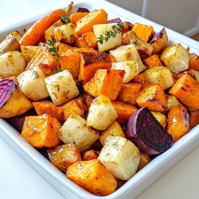 - 2 large carrots - 2 parsnips - 1 medium sweet potato - 1 medium beetroot - Extra virgin olive oil - Pure maple syrup - Ground cinnamon - Sea salt - Freshly cracked black pepper - Fresh thyme leaves These ingredients come together to create a colorful and tasty dish. Each root veggie brings a unique flavor. Carrots add sweetness, while parsnips give a nutty taste. Sweet potatoes offer creaminess, and beets add earthiness. The olive oil helps everything roast well. Maple syrup brings a lovely glaze and sweetness. Cinnamon enhances the flavors, making them warm and cozy. Sea salt and black pepper balance it all. Fresh thyme leaves add a nice hint of herbs at the end. - Preheat the oven to 400°F (200°C). This step makes sure the veggies roast well. - Peel and cut the root vegetables. I use large carrots, parsnips, sweet potatoes, and beetroot. Slice them thick for a hearty bite. - Combine vegetables in a mixing bowl. Mix them well so every piece gets coated. - Add olive oil and maple syrup. I drizzle two tablespoons of olive oil and three tablespoons of syrup. Toss everything together until the veggies shine. - Spread on a baking sheet and season. I line my sheet with parchment to prevent sticking. - Roast for 30-35 minutes, stirring halfway. This helps them cook evenly. You’ll know they’re done when they turn golden brown and smell amazing. Preheating your oven is key. Set it to 400°F (200°C) and let it heat up. This helps the veggies cook evenly and brown nicely. Make sure to coat the veggies well with oil and syrup. This step is important. It adds flavor and helps them caramelize. Use a spatula or your hands to mix. Ensure every piece gets a good amount of oil and syrup. Stir the veggies halfway through roasting. This helps them cook evenly and get a nice color. Give them a gentle toss to ensure they don’t stick. Avoid overcrowding on the baking sheet. Spread the veggies in a single layer. If they are too close, they will steam instead of roast. This can affect their texture and taste. Use fresh thyme leaves for garnish. They add a lovely touch and enhance the flavor. Just sprinkle them on top before serving. Drizzle any remaining maple syrup over the veggies. This adds a glossy finish and extra sweetness. It makes the dish look and taste even better. {{image_4}} For a vegan version, skip any animal products. Use maple syrup for sweetness. The recipe is already vegan-friendly. If you need a gluten-free option, this dish works great. All the ingredients are gluten-free. Just double-check that your maple syrup is pure and gluten-free. You can mix in other root veggies. Turnips add a nice peppery flavor. Garlic gives a savory touch. Try using seasonal vegetables for variety. Beets, carrots, and squash are great choices. To boost flavor, add fresh herbs like rosemary or sage. They pair well with root vegetables. You can also try spices like nutmeg or paprika for a different twist. If you want to change the sweetener, use honey or agave syrup. These will change the flavor but still taste great. To store leftover maple roasted root veggies, let them cool first. Place them in an airtight container. This keeps them fresh for up to three days. If you want to save space, use a flat container. Layer the veggies with parchment paper to avoid sticking. When reheating, I recommend using the oven. Preheat it to 350°F (175°C). Spread the veggies on a baking sheet. Heat for about 10-15 minutes, stirring once. This method keeps them crispy and tasty. If you're short on time, use the microwave. Place in a microwave-safe bowl and cover it. Heat for about two minutes, stirring halfway. This method is quicker but may soften the veggies a bit. Roasting root veggies takes about 30 to 35 minutes at 400°F (200°C). This time allows the veggies to soften and develop a nice caramelized outer layer. I recommend stirring them halfway through cooking. This helps them cook evenly and get that delicious golden brown color. Yes, you can use frozen root veggies. They are convenient and save time. However, frozen vegetables may not get as crispy. They can also release more moisture while cooking. If you use frozen veggies, roast them for a little longer. This helps achieve better texture. These maple roasted root veggies pair well with many dishes. Serve them as a side to roasted chicken or beef. They also work great with grains like quinoa or rice. For a vegetarian option, try them with a hearty salad or as part of a grain bowl. Drizzle extra maple syrup on top for added sweetness. This blog post shared how to make delicious Maple Roasted Root Veggies. You learned the importance of fresh ingredients, proper roasting techniques, and clever variations. These tips ensure your dish is perfect every time. I hope you enjoy experimenting with these flavors and additions. Remember, cooking should be fun! Use the ideas here to create a dish that delights your family. Enjoy your time in the kitchen!