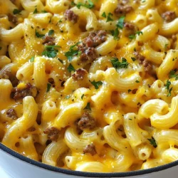 To make a delicious One Pot Cheeseburger Macaroni, you need these simple ingredients: - 1 pound lean ground beef - 2 cups elbow macaroni - 1 small onion, finely diced - 2 cloves garlic, minced - 2 cups beef broth - 1 cup milk - 2 cups shredded sharp cheddar cheese - 1 teaspoon smoked paprika - 1 teaspoon mustard powder - Salt and freshly ground black pepper to taste - 2 tablespoons extra virgin olive oil - 1/4 cup pickles, diced (optional garnish) - Fresh parsley, finely chopped (for garnish) Each item plays a key role in this comfort dish. The lean ground beef provides a hearty base. Elbow macaroni adds that classic pasta feel. Onions and garlic give a rich depth of flavor. Broth and milk keep everything creamy. Sharp cheddar cheese ties it all together with that cheesy goodness. Spices like smoked paprika and mustard powder add a hint of warmth and tang. Finally, pickles and parsley are optional, but they can brighten the dish with freshness and crunch. Gather these ingredients before you start cooking. It makes the process smoother and more enjoyable. {{ingredient_image_2}} 1. Heat 2 tablespoons of olive oil in a large pot over medium heat. 2. Add 1 small finely diced onion. Sauté for 3 to 4 minutes until soft. 3. Toss in 2 minced garlic cloves. Cook for 1 more minute, stirring often. 4. Raise the heat to medium-high and add 1 pound of lean ground beef. Cook for 5 to 6 minutes. Break it up with a spoon until browned and crumbled. Drain excess fat if needed. 5. Stir in 2 cups of elbow macaroni, 2 cups of beef broth, and 1 cup of milk. Add 1 teaspoon of smoked paprika and 1 teaspoon of mustard powder. Bring the mixture to a vigorous boil. 6. Once boiling, reduce the heat to low. Cover the pot and let it simmer for 8 to 10 minutes. Stir occasionally. Ensure the pasta is al dente and most liquid is gone. 7. Remove the pot from heat. Gradually stir in 2 cups of shredded sharp cheddar cheese. Mix until it melts and becomes creamy. 8. If you like a tangy taste, fold in 1/4 cup of diced pickles. 9. Serve warm. Top with finely chopped fresh parsley for a pop of color. - Ensuring pasta is cooked to al dente: Keep an eye on your pasta while it cooks. Al dente means it is firm but cooked through. Stir it every few minutes to prevent sticking. Taste a piece a little before the time is up. You want a nice bite, not mushy pasta. - Adjusting seasoning to taste: After you mix in the cheese, taste your dish. If it needs more flavor, add a pinch of salt or pepper. You can also add more smoked paprika for a deeper flavor. Always season a little at a time. This way, you can hit the right balance. - Ideas for garnishing the dish: For a pop of color, sprinkle fresh parsley on top. You can also add diced pickles for a tangy twist. This makes your dish look vibrant and inviting. - Serving suggestions for best enjoyment: Serve your cheeseburger macaroni in bowls or on plates. Pair it with a side salad for freshness. You can also offer some crusty bread on the side. It’s perfect for scooping up every cheesy bite! Pro Tips Use Quality Beef: Choosing a higher quality ground beef will enhance the flavor of your dish. Look for grass-fed or organic options for a richer taste. Extra Creaminess: For an even creamier texture, consider adding a splash of heavy cream along with the milk before simmering. Customize Your Cheese: Feel free to mix different types of cheese such as mozzarella or pepper jack for added flavor and a unique twist. Save Some Cheese: Reserve a small amount of cheese to sprinkle on top before serving for a melty and appealing finish. {{image_4}} You can change the ground beef to ground turkey or chicken. This swap makes the dish lighter. You can also try different types of cheese. Swiss, pepper jack, or even a mix can add unique flavors. If you want a dairy-free meal, use a plant-based cheese. These swaps keep the dish tasty while meeting your needs. To make this dish even better, add spices like cayenne pepper or Italian seasoning. These spices boost the flavor and make each bite exciting. You can also toss in veggies for extra nutrition. Chopped bell peppers, spinach, or even broccoli work great. This keeps the meal balanced and delicious. Store any leftovers in the fridge within two hours. Place the dish in an airtight container. This keeps it fresh and safe to eat. Use glass or plastic containers with tight lids for best results. They help prevent odors from mixing. Leftovers can last up to three days in the fridge. For longer shelf life, freeze your One Pot Cheeseburger Macaroni. Let it cool completely before freezing. Use freezer-safe bags or containers. Make sure to remove as much air as possible to avoid freezer burn. It can last for up to three months in the freezer. To thaw, move the container to the fridge overnight. You can also use the microwave for a quick defrost. When ready to eat, reheat on the stove or in the microwave until hot. Stir well to ensure even heating. Enjoy your meal again without losing flavor! Can I use a different type of pasta? Yes, you can use other pasta shapes. Rotini or penne work well. Just remember that cooking times may change. How can I make the dish spicier? To add heat, mix in red pepper flakes or diced jalapeños. You can also try a spicy cheese. Is this recipe suitable for meal prep? Yes, this dish stores well. You can make it ahead and reheat it for easy meals. Estimated calorie count This dish has about 600 calories per serving. It’s filling and tasty. Macronutrient breakdown - Protein: 35 grams - Carbohydrates: 65 grams - Fat: 25 grams This recipe combines simple ingredients to make a delicious meal. You learned how to prepare, cook, and garnish your dish. With tips on ingredient swaps and storage, you can customize it. Think about how you can make it your own or share it. Enjoy this dish any night of the week. Experiment with flavors and make it great. The potential is huge, so dive in and have fun!