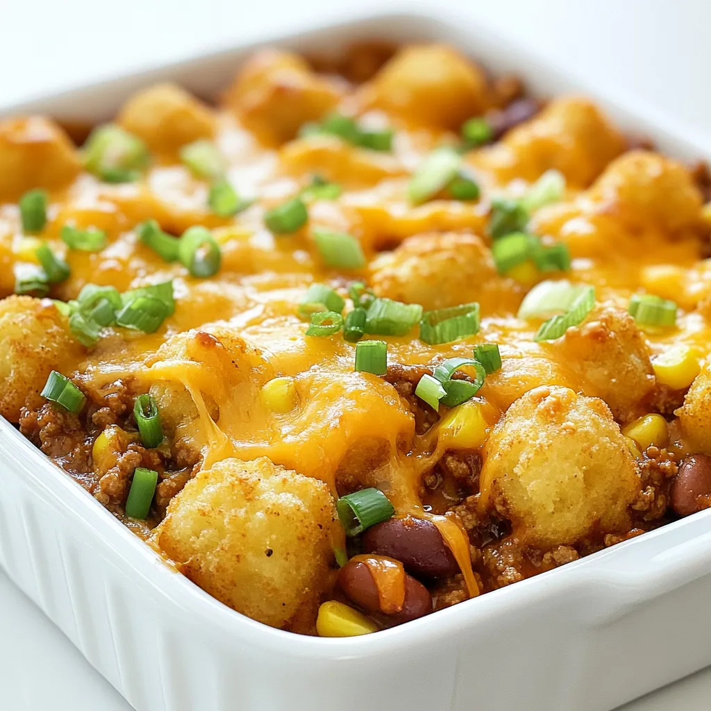 - 1 lb ground beef or turkey - 1 can (15 oz) chili beans in sauce - 1 can (15 oz) diced tomatoes, drained - 1 cup frozen or canned corn - 1 packet taco seasoning mix - 2 cups shredded cheddar cheese, divided - 2 cups frozen tater tots - Salt and black pepper to taste - Cooking spray for greasing Chili Cheese Tater Tot Casserole starts with hearty ingredients. Ground beef or turkey gives protein and flavor. Chili beans and diced tomatoes add a rich, saucy base. Corn brings sweetness to balance the spice. Taco seasoning adds a kick. The cheese melts beautifully on top. Tater tots create a crispy layer, making each bite delightful. - ½ cup chopped green onions - Sour cream or guacamole For those who love a fresh touch, chopped green onions brighten the dish. A dollop of sour cream or guacamole gives creaminess. These toppings enhance the flavors and make the dish even more inviting. - 9x13 inch baking dish - Large skillet - Spatula You will need a 9x13 inch baking dish for the casserole. A large skillet cooks the meat and combines the ingredients. A spatula helps mix and serve. These tools make the cooking process smooth and simple. {{ingredient_image_2}} Set your oven to 400°F (200°C). While it heats, grab a 9x13 inch baking dish. Spray it lightly with cooking spray to keep everything from sticking. In a large skillet over medium heat, add 1 lb of ground beef or turkey. Cook it until it turns brown. Use a spatula to break it apart while it cooks. Once it is browned, drain any excess fat from the skillet. Stir in 1 can of chili beans (with sauce), 1 can of drained diced tomatoes, and 1 cup of corn. Add a packet of taco seasoning mix, plus a sprinkle of salt and black pepper. Mix it all well and let it simmer for about 5 minutes. This step helps the flavors blend nicely. Carefully pour the chili mixture into the prepared baking dish. Spread it evenly to form a base layer. This will hold all the deliciousness inside. Sprinkle 1 cup of shredded cheddar cheese evenly over the chili mixture. This cheesy layer adds great flavor and richness. Take 2 cups of frozen tater tots and arrange them on top of the cheese. Lay them out in a single layer. This helps them get crispy while baking. Place the baking dish in the oven. Bake for 25-30 minutes. Look for the tater tots to turn golden brown and crispy on the outside. Once the tater tots are done, pull the casserole out of the oven. Sprinkle the remaining 1 cup of shredded cheddar cheese on top. Return the dish to the oven for an extra 5 minutes. This makes the cheese melt and bubble beautifully. Let the casserole cool for a few minutes after baking. Garnish it with chopped green onions for a fresh touch. Serve it warm and enjoy! If you want to swap ground meat, try ground chicken or lentils. Both work well. For a vegan option, use plant-based ground meat or mushrooms. You can also use nutritional yeast instead of cheese for a creamy texture. To ensure even cooking of tater tots, spread them out well in the dish. Do not crowd them. This helps them get crispy all around. For flavor enhancement, add a dash of hot sauce or a sprinkle of garlic powder. This will give your casserole a tasty kick. Pair your casserole with a simple green salad or some steamed veggies. This adds freshness to your meal. For presentation, serve right from the baking dish. Use a large spoon to scoop portions. A dollop of sour cream or guacamole on top makes it even better. Enjoy every bite! Pro Tips Use Leftover Chili: If you have leftover chili, feel free to use it in place of the canned chili beans for an even heartier dish. Customize Your Toppings: Add your favorite toppings like jalapeños, black olives, or even crushed tortilla chips for extra crunch. Make It Spicy: If you like heat, consider adding diced jalapeños or a splash of hot sauce to the meat mixture. Storage Tips: This casserole stores well in the fridge for up to 3 days. Reheat in the oven for best results. {{image_4}} Want to add some heat? Try adding jalapeños or hot sauce. You can mix chopped jalapeños into the meat mixture. For extra kick, drizzle hot sauce over the top before baking. Adjust the amount to fit your spice level. This adds a nice zing to every bite. If you want a lighter dish, use leaner meat like ground turkey. You can also swap in veggies for the meat. For example, use black beans or lentils. This makes it healthier while still tasty. You can add more corn or even spinach for extra nutrients. Cheese is a big part of this dish. While cheddar is classic, feel free to experiment. Try using pepper jack for a spicy twist. Mozzarella gives a milder flavor and great melt. You can also mix different cheeses together. This adds depth to the flavor and makes it fun to create. To store leftovers, let the casserole cool first. Place it in an airtight container. This keeps the flavors fresh. You can store it in the fridge for up to five days. When ready to eat, just reheat a portion. Freezing this casserole is simple. First, let it cool completely. Then, wrap it tightly in plastic wrap or foil. You can also use a freezer-safe container. It will last up to three months in the freezer. When you're ready to enjoy it, thaw it in the fridge overnight. For reheating, preheat your oven to 350°F (175°C). Take the casserole out of the fridge or freezer. If frozen, let it thaw first. Cover it with foil to keep it moist. Bake for about 25-30 minutes or until heated through. You can also microwave single servings for quick meals. Just heat in 1-minute intervals until warm. Chili Cheese Tater Tot Casserole can last about 3 to 5 days in the fridge. Store it in an airtight container. This keeps it fresh and tasty. Before serving, check for any signs of spoilage. If it smells off or looks strange, it’s best to toss it. Yes, you can make this dish ahead of time. Prepare the casserole and cover it tightly with foil. You can store it in the fridge for up to 24 hours before baking. When you are ready to bake, just add a few extra minutes to the cooking time. You can make your own taco seasoning at home. Mix these spices: - 1 tsp chili powder - 1 tsp cumin - 1 tsp paprika - ½ tsp garlic powder - ½ tsp onion powder - Salt and pepper to taste This blend works great as a substitute for taco seasoning. Yes, this casserole is great for freezing. To freeze it, make the dish up to the point of baking. Wrap it well in plastic wrap and then in foil. It can last up to 3 months in the freezer. When ready to eat, thaw it overnight in the fridge. Bake it as directed, adding a bit of time if it’s still cold. This blog covers a tasty Chili Cheese Tater Tot Casserole. We discussed key ingredients like ground meat, cheese, and tater tots. Steps include browning meat, combining ingredients, and baking. I offered tips on swaps and cooking, plus ways to serve. Don't hesitate to experiment with flavors and add your touch. Whether for family dinner or a game day snack, this dish is sure to please. Enjoy every bite!