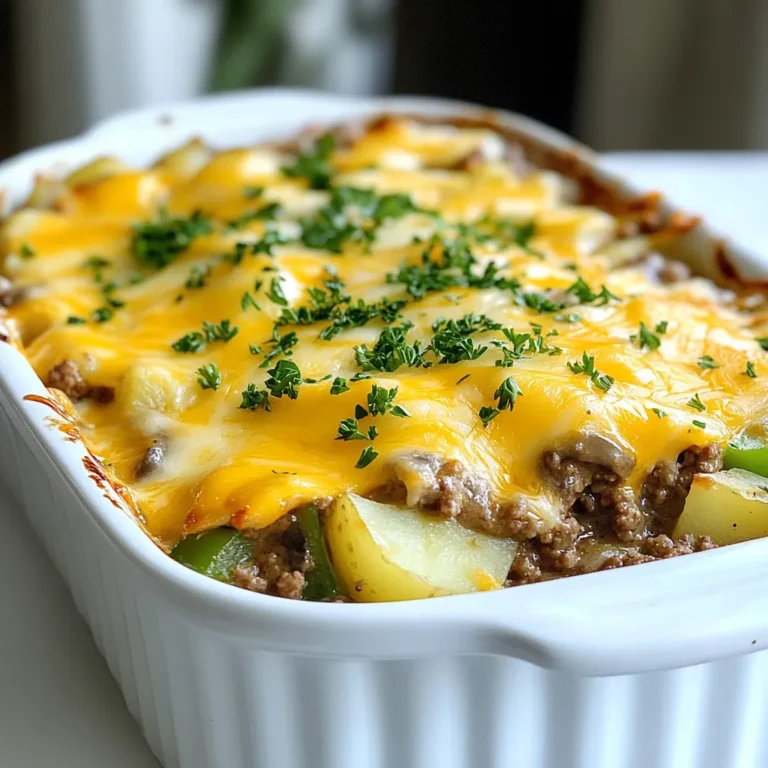 To make Hobo Ground Beef Casserole, gather these ingredients: - 1 pound of ground beef - 1 cup green bell pepper, diced - 1 cup onion, chopped - 2 cups potatoes, diced (Yukon gold or red potatoes work well) - 1 cup corn (frozen or canned) - 1 can (10.5 oz) cream of mushroom soup - 1 cup shredded cheddar cheese - 1 tablespoon Worcestershire sauce - 1 teaspoon garlic powder - 1 teaspoon onion powder - Salt and pepper to taste - Fresh parsley, chopped (for garnish) If you want to switch things up, try these swaps: - Use ground turkey or chicken instead of beef for a lighter dish. - Swap the green bell pepper for red or yellow for a sweeter taste. - Replace the cream of mushroom soup with cream of chicken or a homemade white sauce. - Add black beans or kidney beans for extra protein and fiber. Choosing fresh ingredients makes a big difference. Here’s how: - Look for ground beef that is bright red with minimal fat. - Select firm, unblemished potatoes free of sprouts. - Pick bell peppers that are shiny and feel heavy in your hand. - Choose onions that are dry and firm, avoiding any soft spots. - If using corn, pick frozen for better taste and texture than canned. {{ingredient_image_2}} Start by preheating your oven to 375°F (190°C). This step helps the casserole cook evenly. In a large skillet, add 1 pound of ground beef over medium heat. As the beef cooks, break it apart into small pieces with a spatula. Cook it for about 6-8 minutes until it turns brown. If you see excess fat, drain it from the skillet. This keeps your meal lean and tasty. After the beef is browned, toss in 1 cup of diced green bell pepper and 1 cup of chopped onion. Sauté these for around 5 minutes. This softens the veggies and brings out their smell. Next, mix in 2 cups of diced potatoes, 1 cup of corn, and 1 can of cream of mushroom soup. Add 1 tablespoon of Worcestershire sauce, 1 teaspoon of garlic powder, and 1 teaspoon of onion powder. Don't forget to season with salt and pepper. Stir everything well until all the ingredients blend together nicely. Pour the mixture into a greased 9x13 inch baking dish. Spread it evenly. Cover the dish with aluminum foil. This keeps moisture in while baking. Place it in your preheated oven and bake for 35 minutes. After that, take off the foil and sprinkle 1 cup of shredded cheddar cheese on top. Return the dish to the oven without the foil. Bake it for another 10-15 minutes until the cheese is melted and bubbly. The potatoes should be soft when poked with a fork. Once done, let the casserole cool for a few minutes. Garnish it with fresh parsley for a lovely touch. To cook your Hobo Ground Beef Casserole evenly, follow these tips: - Cut your vegetables into uniform pieces. This ensures they cook at the same rate. - Sauté the ground beef fully before adding other ingredients. Browned meat adds flavor. - Mix the ingredients well in the baking dish. This helps distribute heat evenly. Enhance the taste of your casserole with these ideas: - Add a pinch of cayenne pepper for warmth. Spice can elevate the dish. - Use fresh herbs like thyme or rosemary. They add depth to the flavor. - Consider adding a splash of hot sauce for some zing. It can really wake up the dish. Make your casserole look as good as it tastes: - Serve in individual bowls for a cozy touch. It feels special and inviting. - Garnish with extra parsley for a bright pop of color. Fresh herbs always enhance dishes. - Pair with a light salad or crusty bread. These sides create a balanced meal. Pro Tips Choose the Right Potatoes: Using Yukon gold or red potatoes will yield a creamier texture, enhancing the overall flavor of the casserole. Brown the Beef Properly: Ensure the ground beef is well browned to develop a rich flavor base for your casserole. Layering Ingredients: For even cooking, layer the ingredients in your baking dish, ensuring that potatoes are spread evenly throughout. Let it Rest: Allow the casserole to sit for a few minutes after baking. This helps the flavors to meld and makes serving easier. {{image_4}} If you want a meat-free dish, there are great options. You can replace the ground beef with lentils or black beans. Both add protein and flavor. Using a mix of mushrooms can also add a nice meaty texture. Just sauté them well, so they release their moisture. You can also use tofu; just press it to remove excess water before cooking. Feel free to get creative with your veggie choices. Carrots, peas, or zucchini are perfect additions. You can also swap the potatoes for sweet potatoes or even butternut squash. If you like more protein, try adding cooked chicken or turkey. These swaps keep the dish exciting and fun. Toppings can make your casserole shine. Instead of just cheese, try adding crushed tortilla chips. This gives a nice crunch on top. You can also add crispy fried onions for extra flavor. For a fresh kick, sprinkle some chopped green onions or fresh herbs before serving. These small touches make a big difference in taste and presentation. After enjoying your hobo ground beef casserole, store leftovers in an airtight container. This keeps the flavors fresh. Let the casserole cool down to room temperature first. Then, cover it tightly to prevent air from entering. You can keep it in the fridge for up to three days. Freezing the hobo casserole is a great way to save meals for later. First, let it cool completely. Then, portion it into smaller containers. This makes it easy to thaw only what you need. Label the containers with the date. You can freeze it for up to three months. When ready to eat, just thaw in the fridge overnight. To reheat your hobo casserole, preheat your oven to 350°F (175°C). Place the casserole in an oven-safe dish. Cover it with foil to keep it moist. Heat for about 20-25 minutes or until it's hot all the way through. You can also microwave individual portions for quick meals. Just make sure to cover them to avoid drying out. Yes, you can use other meats! Ground turkey or chicken works well. You can also try sausage for a spicy kick. Just remember to cook them until browned. Each meat will add its own flavor to the casserole, making it unique. If you don’t want to use cream of mushroom soup, try cream of chicken soup. It has a similar texture and taste. You can also make your own by mixing heavy cream with sautéed mushrooms. This option is fresh and free from preservatives. Every oven heats a bit differently. If your oven runs hot, reduce cooking time by 5-10 minutes. If it runs cool, add a few extra minutes. Always check the potatoes with a fork to see if they are tender. This will help you get the perfect bake every time. You learned about the ingredients needed for a tasty hobo casserole. I shared tips to select fresh items and tricks to make cooking easier. You can even try cool variations, like vegetarian options or creative toppings. Lastly, proper storage will keep your leftovers fresh and tasty. Keep these ideas in mind as you prepare your dish. Enjoy making and sharing your hobo casserole with others!