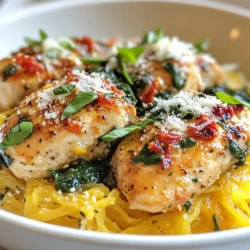 - 2 boneless, skinless chicken breasts - 1 medium spaghetti squash - 1 tablespoon olive oil (plus extra for drizzling) - 2 cloves garlic, minced - 1 cup sun-dried tomatoes, roughly chopped - 1 cup fresh spinach leaves - ½ cup heavy cream - 1 teaspoon Italian seasoning - Salt and pepper, to taste - Grated Parmesan cheese, for serving - Fresh basil leaves, for garnish Each ingredient plays an important part in this dish. The chicken provides protein and a juicy texture. The spaghetti squash acts as a pasta substitute, offering a healthy twist. Olive oil adds richness while garlic gives a delightful aroma. Sun-dried tomatoes bring a sweet, tangy flavor. Fresh spinach adds color and nutrients. Heavy cream creates a rich sauce, while Italian seasoning ties all the flavors together. Finally, Parmesan cheese and basil enhance the dish's taste and presentation. If you need to make substitutions, here are some ideas: - Chicken: Use turkey or chickpeas for a different protein. - Spaghetti squash: Zucchini noodles or regular pasta work well. - Olive oil: Avocado oil or butter can replace it. - Heavy cream: Use coconut cream for a dairy-free option. - Sun-dried tomatoes: Fresh tomatoes or roasted red peppers can work too. - Parmesan cheese: Nutritional yeast gives a cheesy flavor without dairy. {{ingredient_image_2}} To start, preheat your oven to 400°F (200°C). Cut the spaghetti squash in half lengthwise. Carefully scoop out the seeds. Drizzle olive oil on the cut sides and season with salt and pepper. Place the squash halves cut-side down on a lined baking sheet. Roast for about 30-35 minutes. The flesh should be tender and easily shred into strands when you scrape it with a fork. While the squash is roasting, season the chicken breasts with salt, pepper, and Italian seasoning. In a large skillet, heat 1 tablespoon of olive oil over medium heat. Add the seasoned chicken and cook for 6-7 minutes on each side. The chicken should be golden brown and reach an internal temperature of 165°F (75°C). Once done, transfer the chicken to a cutting board and let it rest for a few minutes before slicing. In the same skillet, add minced garlic and chopped sun-dried tomatoes. Sauté for about 2 minutes, stirring often, until the garlic becomes fragrant. Next, add fresh spinach and cook until it wilts, which takes about one minute. Lower the heat and pour in the heavy cream. Stir well to mix it with the garlic and sun-dried tomatoes. Let the mixture simmer for 2-3 minutes, stirring occasionally to thicken the sauce. Slice the rested chicken breasts into strips. Return the chicken to the skillet and toss it gently in the creamy sauce. Ensure each piece is well coated with the sauce for maximum flavor. Once the spaghetti squash is cooked, use a fork to shred it into noodle-like strands. Divide a generous portion of the squash among serving plates. Top each serving with the Tuscan chicken and sauce mixture. This allows the creamy sauce to envelop the squash, making each bite delicious. For added flavor and color, sprinkle grated Parmesan cheese on top and garnish with fresh basil leaves. Serve it in shallow bowls for a beautiful presentation. To roast spaghetti squash, preheat your oven to 400°F (200°C). Cut the squash in half lengthwise. Scoop out the seeds. Drizzle olive oil on the cut sides. Season with salt and pepper. Place cut-side down on a lined baking sheet. Roast for 30-35 minutes. The squash should be tender and shred easily with a fork. This method brings out its natural sweetness. For juicy chicken, choose boneless, skinless chicken breasts. Season them with salt, pepper, and Italian seasoning. Heat olive oil in a large skillet over medium heat. Cook the chicken for 6-7 minutes on each side. Ensure it reaches an internal temperature of 165°F (75°C). Let it rest for a few minutes before slicing. This keeps the juices inside, making it more flavorful. To make the cream sauce creamier, start with heavy cream. After adding it to the skillet, let it simmer for 2-3 minutes. This helps it thicken. Stir often to incorporate the garlic and sun-dried tomatoes. For an extra creamy texture, you can add more cream or a splash of milk. This will enhance the richness of the sauce. For a beautiful presentation, serve the dish in shallow bowls. This allows the colors of the spinach and sun-dried tomatoes to pop. Drizzle balsamic glaze around the plate for added flair. Top each serving with grated Parmesan cheese and fresh basil leaves. This not only looks great but also adds fresh flavor. Pro Tips Rest the Chicken: Allow the cooked chicken to rest for a few minutes before slicing. This helps retain the juices, making the chicken more flavorful and moist. Customize the Sauce: Feel free to add other vegetables such as bell peppers or mushrooms to the creamy sauce for additional flavor and nutrition. Perfectly Cooked Spaghetti Squash: To check if the spaghetti squash is done, insert a fork into the flesh; it should be tender and easily shredded into strands. Fresh Herbs: For an extra burst of flavor, consider adding fresh herbs like thyme or oregano to the sauce along with the spinach. {{image_4}} You can easily make this dish vegetarian. Just swap the chicken for tofu. Tofu soaks up flavors well. I recommend using firm or extra-firm tofu. Press it to remove excess water. Cut it into cubes, and cook it just like the chicken. Sauté it until golden brown. Then, add it to the creamy sauce. You get a tasty meal without meat! Want to boost the nutrition? Add more veggies! Bell peppers, zucchini, or mushrooms work great. Slice them thin for even cooking. Sauté them with garlic before adding spinach. You can also toss in some broccoli or kale. This adds color, flavor, and health benefits to your dish. Plus, it makes your meal more filling! If you love spice, add some heat! Red pepper flakes bring a nice kick. Start with a pinch and adjust to your taste. For a smoky flavor, try smoked paprika. It pairs well with the creamy sauce. You can also use fresh herbs like thyme or oregano. They add depth and freshness. Customize the spices to make this dish your own! To store leftovers, let the dish cool completely. Place the Tuscan chicken and spaghetti squash in an airtight container. Keep it in the fridge for up to three days. For the best taste, eat within two days. When you want to reheat, use the microwave or a skillet. If using the microwave, heat on medium for 1-2 minutes. Stir halfway to ensure even heating. If using a skillet, add a splash of water and cover. Heat over low for about 5 minutes. This keeps the chicken and sauce moist. You can freeze the Tuscan chicken and sauce. Use a freezer-safe container and leave space at the top. The sauce may expand. It stays fresh for up to three months. When ready to eat, thaw overnight in the fridge. Reheat as mentioned earlier. You can pair Tuscan chicken with a side salad. A simple green salad adds freshness. Garlic bread also complements this dish well. If you want to keep it light, serve it with steamed veggies. Yes, you can prepare parts of this dish ahead of time. Cook the chicken and sauce a day before. Store them in the fridge. You can roast the spaghetti squash in advance too, but it’s best to keep it separate until serving. Roasting spaghetti squash takes about 30-35 minutes at 400°F (200°C). You want it tender enough to shred into strands. Check for doneness by scraping the flesh with a fork. Yes, you can use half-and-half or coconut cream as a substitute. Both will change the flavor slightly. If you're looking for a lighter option, try using Greek yogurt mixed with a bit of milk. This recipe is great for meal prep. You can portion it out for easy lunches or dinners. Just store each component separately for the best texture. Reheat when ready to enjoy! Tuscan chicken with spaghetti squash is a tasty dish packed with flavor. We explored essential ingredients, cooking steps, and tips to make it great. You can adjust ingredients or try variations like adding veggies or tofu. Remember to store leftovers properly for later enjoyment. This dish is perfect for meal prep, too. Enjoy cooking and tasting your creation. You’ll impress your friends and family with this delicious meal!