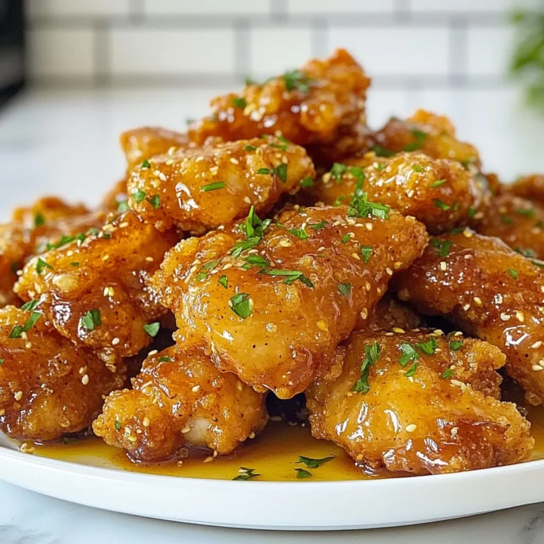 - 1 lb chicken breast, cut into bite-sized pieces - 1/4 cup honey - 1/4 cup unsalted butter - 1/2 cup all-purpose flour - 1 teaspoon garlic powder - 1 teaspoon paprika - 1/2 teaspoon salt - 1/4 teaspoon black pepper - 1/4 cup buttermilk - 2 tablespoons vegetable oil - Fresh parsley, chopped (for garnish) This recipe shines with its simple yet flavorful ingredients. The chicken breast gives a nice, tender bite. Honey adds sweetness, while unsalted butter offers richness. For the dry coating, all-purpose flour forms the base. Garlic powder and paprika boost flavor. Salt and black pepper add the perfect touch. Buttermilk helps the coating stick well. Vegetable oil is used for frying, creating a crispy texture. Finally, fresh parsley brightens the dish when served. Each ingredient plays a key role in making honey butter chicken delightful and delicious! {{ingredient_image_2}} First, combine the dry ingredients in a bowl. Use all-purpose flour, garlic powder, paprika, salt, and black pepper. Mix well until the spices are evenly distributed. This step is key for flavor. An even mix makes sure every bite tastes great. Next, pour buttermilk into a separate bowl. Dip each chicken piece into the buttermilk. Make sure it is fully coated. Let any extra buttermilk drip off. Then, toss the chicken in the flour mixture. Ensure each piece is well covered. Set the coated chicken aside while you heat the oil. Heat vegetable oil in a large skillet over medium heat. Wait until the oil shimmers. Carefully add the coated chicken pieces in a single layer. Do not overcrowd the pan; this helps in cooking evenly. Cook for about 5-7 minutes on each side. Look for a golden brown color. The chicken should not be pink inside. Once done, move the chicken to a paper towel-lined plate to absorb extra oil. In the same skillet, reduce heat to medium-low. Add unsalted butter and let it melt. Stir in the honey and mix them well. Allow the mixture to simmer gently for about 2 minutes. Stir continuously to prevent burning. This step helps the flavors to blend nicely. Reintroduce the cooked chicken back into the skillet. Toss it in the honey butter sauce. Make sure every piece is well coated. Cook for an additional minute. This will warm everything through and give a nice gloss to the chicken. - Oil temperature monitoring: Heat your oil until it shimmers. Use a thermometer if needed. The right temperature makes the chicken crispy. - Avoiding overcrowding the pan: Cook the chicken in batches. If the pan is too full, the chicken will steam instead of fry. This can make it soggy. - Additional spices or herbs: Feel free to add your favorite spices. Try cayenne for heat or thyme for earthiness. - Marinating tips for chicken: For more flavor, marinate chicken in buttermilk and spices for at least an hour. This makes the chicken tender and flavorful. - Plating ideas: Serve the honey butter chicken on a bed of rice or alongside fresh greens. This adds color and balance to your dish. - Side dishes that complement honey butter chicken: Roasted vegetables or a simple salad work well. They add freshness and crunch to the meal. Pro Tips Perfectly Coated Chicken: Ensure the chicken pieces are well-coated in buttermilk before dredging in the flour mixture. This extra step helps the coating adhere better, resulting in a crunchier texture. Oil Temperature Matters: Make sure the vegetable oil is hot enough before adding the chicken. If the oil isn’t hot, the chicken will absorb too much oil and become greasy instead of crispy. Honey Butter Balance: Adjust the honey in the sauce to suit your taste. If you prefer a more savory dish, reduce the honey slightly to enhance the flavor of the butter and chicken. Garnish for Freshness: Don’t skip the parsley garnish! It adds a fresh flavor and visual appeal, making the dish look vibrant and inviting. {{image_4}} Want to add a kick? You can make spicy honey butter chicken easily. Just add a bit of cayenne pepper to the flour mix. Start with half a teaspoon. Taste the spice level and adjust as needed. You can also tweak the sweetness. If it's too spicy, add more honey. This balance makes every bite exciting! Incorporating veggies adds color and nutrition. You can add chopped bell peppers or broccoli during the cooking stage. Just toss them in when the chicken is halfway cooked. This way, they will soak up the honey butter flavor. Pair it with roasted carrots or a fresh salad. It makes the meal complete and delicious! Not in the mood for chicken? You can swap it with tofu or tempeh. Use the same coating and cooking method. For tofu, press it first to remove excess water. Cook it for about 5-6 minutes on each side. If you go for tempeh, slice it thin and cook for about 4-5 minutes. Both options give you a tasty twist! To store leftovers, let the honey butter chicken cool first. Place it in an airtight container. I recommend using glass or plastic containers with tight lids. This keeps the chicken fresh and prevents spills in your fridge. You can freeze honey butter chicken for later use. Just follow these steps: First, cool the chicken completely. Then, place it in a freezer-safe container or bag. Make sure to remove as much air as possible. When you want to eat it, thaw it in the fridge overnight. Reheat it in a skillet over low heat until warm. This keeps the chicken juicy and tasty. You can keep leftovers in the fridge for about 3 to 4 days. After that, the chicken may start to lose its flavor. Signs that the chicken has gone bad include an off smell or a slimy texture. If you notice these signs, it's best to throw it away. Always trust your senses when it comes to food safety. Honey butter chicken is a dish that combines crispy chicken with a sweet honey sauce. This recipe is popular in many homes because it is simple and tasty. The mix of flavors makes it a favorite for family dinners or gatherings. Its sweet and savory taste appeals to both kids and adults alike. Yes, you can use frozen chicken breast. Just remember to thaw it first. The best way to thaw chicken is in the fridge overnight. If you need it fast, you can use a microwave. After thawing, pat it dry to help the coating stick better. Honey butter chicken is not spicy. It has a mild flavor from the spices used. If you want some heat, you can add cayenne pepper or chili flakes. Just a pinch can make it spicy without losing the sweet taste. You can serve honey butter chicken with many sides. Some great options include: - Fluffy rice - Roasted vegetables - Mashed potatoes - Coleslaw These sides balance the sweet flavors and make your meal complete. To make honey butter chicken healthier, you can: - Use skinless chicken breast for less fat. - Substitute honey with a sugar-free sweetener. - Bake instead of frying the chicken for fewer calories. These changes keep the dish tasty while making it easier to fit into a healthy diet. In this blog post, you learned how to make honey butter chicken. We covered the main ingredients, the step-by-step instructions, and some tips for the best results. You now know how to achieve that perfect crispiness and enhance flavors. The variations allow you to explore different tastes and even use alternative proteins. Finally, proper storage keeps your leftovers fresh. I hope you feel excited to try this recipe and share it with others. Enjoy your cooking journey!