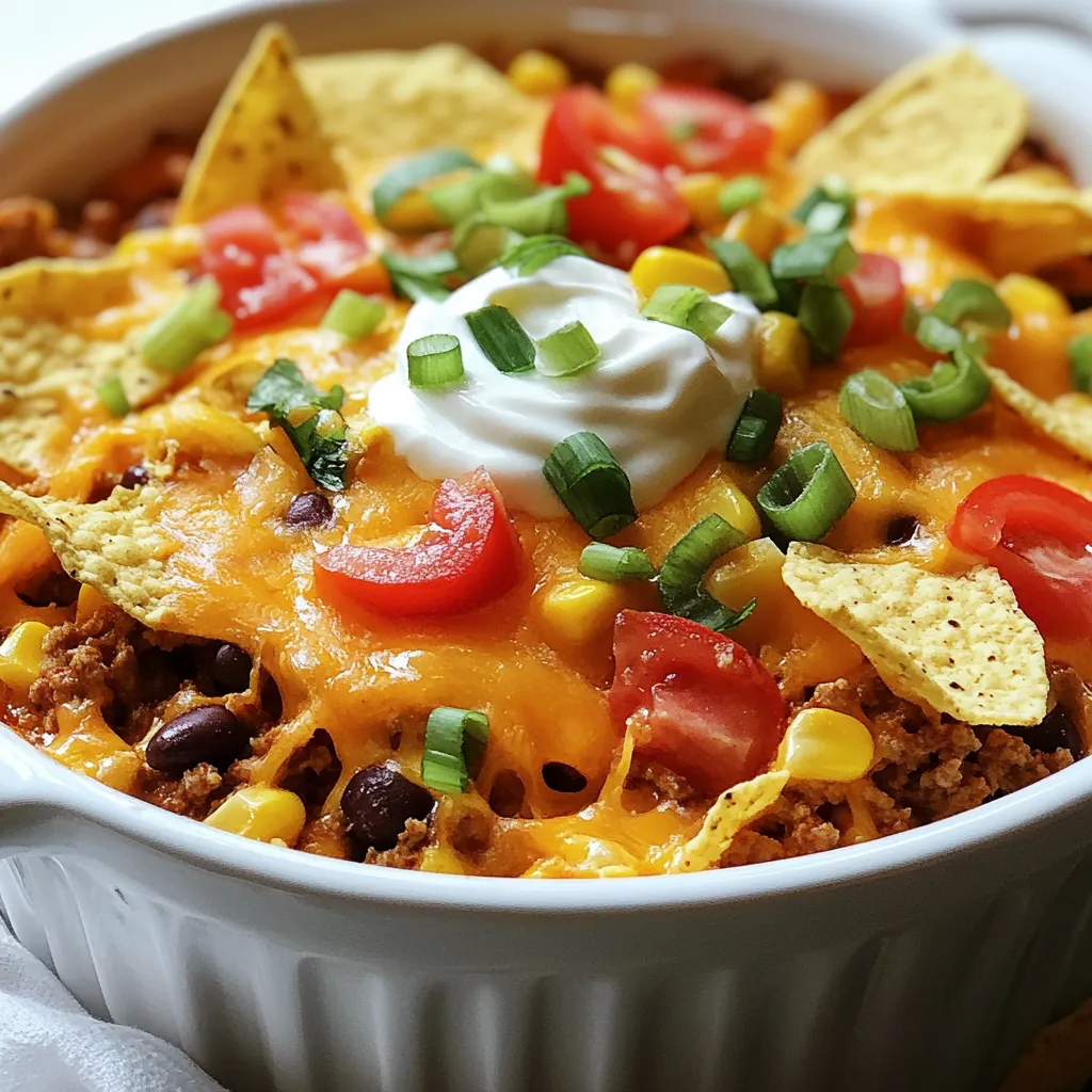 To make a Loaded Taco Beef Casserole, gather these main ingredients: - 1 lb ground beef - 1 can (15 oz) black beans, drained and rinsed - 1 cup corn, either frozen or canned - 1 packet (1 oz) taco seasoning - 1 cup salsa - 2 cups tortilla chips, crushed - 2 cups shredded cheddar cheese - 1 cup diced tomatoes with green chilies - 1/2 cup sour cream - 1/4 cup sliced green onions - Fresh cilantro, chopped (optional) Each ingredient plays a role in creating the rich, savory layers of flavor that define this dish. The ground beef serves as the hearty base, while black beans add protein and fiber. Corn brings a sweet crunch, and taco seasoning gives the casserole its signature taste. You can add these garnishes and toppings for a personal touch: - Sliced jalapeños for heat - Avocado or guacamole for creaminess - Extra salsa for more flavor - Chopped tomatoes for freshness - Sour cream dollops for added richness These options allow you to customize the casserole to your taste, making it even more delightful. If you need to adjust the recipe, consider these substitutes: - Ground turkey or chicken instead of beef - Canned chickpeas instead of black beans for a vegetarian twist - Greek yogurt in place of sour cream for a healthier option - Tortilla chips can be replaced with crushed cornflakes or tortilla strips These substitutes keep the spirit of the dish while catering to different dietary needs or personal preferences. {{ingredient_image_2}} Start by preheating your oven to 350°F (175°C). This step is key for even cooking. While the oven heats, gather all your ingredients. Make sure to have your ground beef, black beans, corn, taco seasoning, salsa, tortilla chips, cheese, diced tomatoes, sour cream, and green onions ready. This prep keeps the cooking process smooth. In a large skillet, add the ground beef over medium heat. Use a wooden spoon to break it apart. Cook it for about 6-8 minutes until it turns brown. This step adds flavor to your beef. Drain any excess fat. Next, stir in the taco seasoning, black beans, corn, and salsa. Cook this mixture for 5-7 minutes, mixing well until it’s hot and combined. Grab your 9x13-inch baking dish and grease it lightly. Start by spreading half of the crushed tortilla chips at the bottom. This forms a crunchy base. Layer the beef mixture evenly on top of the chips. Then, sprinkle 1 cup of shredded cheddar cheese over the beef. Add the rest of the crushed chips for more texture. Pour the diced tomatoes with green chilies on top, ensuring every bite will be full of flavor. Finish this layer with the remaining cheese and dollops of sour cream for creaminess. Cover the baking dish with aluminum foil to protect the cheese from browning too fast. Place it in the preheated oven and bake for 25 minutes. After this time, take off the foil and bake for another 10-15 minutes. Watch for the cheese to get bubbly and golden brown. Once done, let it sit for 5 minutes before serving. Top each serving with sliced green onions and chopped cilantro for a fresh touch. Enjoy your loaded taco beef casserole! To boost the taste of your casserole, use fresh ingredients. Fresh herbs like cilantro add a burst of flavor. Try adding some lime juice for a zesty kick. You can also mix in diced jalapeños for heat. Consider using a blend of cheeses for deeper flavor. A combination of cheddar and pepper jack works well. If you want more depth, add a splash of Worcestershire sauce to the beef mixture. Having the right tools makes cooking easier. Use a large skillet for browning the beef. A wooden spoon helps break up the meat well. For baking, a 9x13-inch dish is perfect. This size allows for even cooking. Keep aluminum foil handy to cover the dish while baking. A sharp knife is great for chopping vegetables. Measuring cups and spoons will help you get your ingredients just right. Many cooks make simple mistakes. One common error is overcooking the ground beef. Cook it until just browned to keep it juicy. Another mistake is not draining excess fat. This keeps your casserole from being greasy. Make sure to layer ingredients evenly. This ensures every bite is tasty. Don’t skip letting the casserole sit before serving. This helps it set and makes serving easier. Pro Tips Choose Quality Beef: Opt for lean ground beef (90% lean or higher) for a healthier casserole that doesn't compromise on flavor. Layering for Flavor: Make sure to layer ingredients evenly to ensure every bite is packed with flavor and texture. Customize Your Toppings: Feel free to add your favorite toppings such as jalapeños, olives, or avocado for an extra kick and freshness. Rest Before Serving: Let the casserole sit for a few minutes after baking; this helps it set and makes serving easier. {{image_4}} You can easily make a vegetarian version of this casserole. Swap the ground beef for 1 pound of lentils or quinoa. Both options add great texture and protein. Use the same taco seasoning and mix in black beans, corn, and salsa. Layer as directed. This dish stays rich and flavorful. For a gluten-free meal, choose gluten-free tortilla chips. Many brands offer tasty options. Ensure your taco seasoning is also gluten-free. You can find gluten-free varieties in stores. The rest of the ingredients, like beans and cheese, are typically gluten-free. This version keeps all the great taste without the gluten. Want it spicier? Add chopped jalapeños or hot salsa to the beef mix. You can also sprinkle crushed red pepper flakes between the layers. If you prefer it milder, use less salsa or choose a mild variety. Adjusting the spice level makes this dish perfect for everyone at your table. To keep your Loaded Taco Beef Casserole fresh, first let it cool. Then, place it in an airtight container. Make sure to store it in the fridge. This way, it stays tasty for 3 to 4 days. If you want to save it longer, consider freezing it. Reheating is easy. You can use the oven or microwave. For the oven, preheat it to 350°F (175°C). Place the leftover casserole in a baking dish. Cover it with foil to keep it moist. Heat for about 20 minutes or until warm. In the microwave, heat in short bursts. Stir after each burst to ensure even heating. Freezing is a great option. If you want to freeze, do it before baking. Assemble the casserole as usual, but don’t bake it. Wrap the dish tightly with plastic wrap, then foil. This helps prevent freezer burn. When you're ready, thaw in the fridge overnight. Then, bake as directed. Enjoy your meal anytime! You can make this casserole ahead of time. Prepare it fully, but do not bake it. Cover it tightly with foil and store it in the fridge. You can bake it the next day. Just add 10-15 minutes to the baking time. This saves you time during busy days. Yes, you can use other meats. Ground turkey or chicken works well. If you want a beefy flavor, stick with beef. You could even use shredded rotisserie chicken for a quick option. Just make sure to adjust the cooking time as needed. This casserole pairs nicely with many sides. Consider serving it with a fresh salad. Cornbread or Mexican rice also makes a great side. You can offer extra toppings like avocado or jalapeños for a fun twist. These add flavor and texture. Yes, this casserole is great for meal prep. It keeps well in the fridge for 3-4 days. You can reheat individual portions in the microwave. It also freezes well if you want to save some for later. Just ensure it is stored in an airtight container. Loaded taco beef casserole is easy to make and full of flavor. You can customize it with different toppings and ingredients. I shared tips to boost flavor and avoid common mistakes. If you want a vegetarian or gluten-free version, those options are available too. Don't forget to store leftovers properly for later. This dish is great for meal prep and can make delicious meals all week. Enjoy your cooking adventure with this tasty casserole!