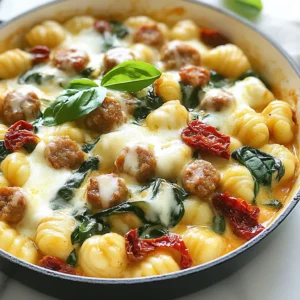 - 1 pound Italian sausage (mild or spicy) - 1 pound gnocchi (store-bought or homemade) - 1 cup heavy cream - 1 cup chicken broth - 1 cup fresh spinach The main ingredients are key to making this creamy sausage gnocchi skillet. The Italian sausage adds a rich flavor. You can choose mild for a gentle taste or spicy for a kick. Gnocchi gives a soft, pillowy texture. Use store-bought for ease or homemade for a fun challenge. Heavy cream makes the dish rich and smooth. Chicken broth adds depth, while fresh spinach brings color and nutrition. - 1/2 cup sun-dried tomatoes, finely chopped - 2 cloves garlic, finely minced - 1 teaspoon Italian seasoning - Salt and pepper to taste Flavor enhancers elevate this dish. Sun-dried tomatoes add sweetness and tang. Garlic gives a warm, savory note. Italian seasoning combines herbs for a classic taste. Don’t forget to adjust salt and pepper. This helps balance all the flavors perfectly. - Fresh basil leaves - 1 cup mozzarella cheese, freshly shredded Garnishes make your dish look and taste even better. Fresh basil leaves add a pop of color and a fresh scent. Shredded mozzarella melts beautifully, adding creaminess. They’re not just for looks; they enhance the taste too. {{ingredient_image_2}} Start by heating a large skillet over medium heat. Add one tablespoon of olive oil to the skillet. Once the oil is hot, add one pound of Italian sausage. You can choose either mild or spicy. Use a spatula to break the sausage into small pieces. Cook for about 5 to 7 minutes. You want it to be browned and cooked through. Next, add two cloves of finely minced garlic to the skillet. Stir it in for about one minute. This will make your kitchen smell amazing! Then, add half a cup of finely chopped sun-dried tomatoes. Pour in one cup of chicken broth. Sprinkle in one teaspoon of Italian seasoning, along with some salt and pepper. Bring the mixture to a gentle simmer. Let it cook for about 5 minutes to blend the flavors. Now, it’s time to make it creamy! Gradually add one cup of heavy cream while stirring. Allow the mixture to return to a gentle simmer. Carefully fold in one pound of gnocchi. Cook according to the package instructions, usually about 3 to 4 minutes. You’ll know it’s done when the gnocchi float to the surface. Once the gnocchi are cooked, stir in one cup of fresh spinach. Cook until the spinach wilts. Then, fold in one cup of freshly shredded mozzarella cheese. Stir until the cheese melts and the sauce is creamy. Adjust the seasoning with more salt and pepper if needed. Let the skillet sit for a few minutes before serving. This will help the flavors come together even more. To get a smooth, creamy sauce, add the heavy cream slowly. Mix it well with the chicken broth before it simmers. This helps keep the cream from curdling. Stir constantly during this step. If you want it richer, you can add more cream or cheese. Gnocchi cooks quickly. When they float to the top of the skillet, they are done. This usually takes about 3-4 minutes. Don’t forget to stir gently, so they don’t stick together. Overcooking can make them too soft, so watch closely. Taste the dish before serving. Adjust seasoning with salt and pepper to suit your taste. If you like spice, add red pepper flakes for a kick. For a fresh feel, try adding lemon juice or zest. Fresh herbs like basil can also boost the flavor. Pro Tips Quality Sausage: Choose a high-quality Italian sausage for the best flavor. Freshly ground sausage often has more spices and a richer taste. Gnocchi Cooking Time: Keep an eye on the gnocchi as they cook; they are done when they float to the surface. Overcooking can lead to a mushy texture. Spinach Variation: Feel free to substitute fresh spinach with kale or arugula for a different flavor profile and added nutrients. Cheese Melting: For an even creamier dish, use a combination of mozzarella and a sharper cheese like parmesan to enhance the flavor depth. {{image_4}} You can use chicken or turkey sausage in this dish. These options are leaner than pork sausage. They still add great flavor and spice. Just cook them the same way as the Italian sausage. The cooking time might be a little less, so keep an eye on them. For a meat-free take, swap the sausage for vegetable stock. This keeps the dish rich and creamy without any meat. You can also add plant-based sausage for more texture. With these changes, you still get a hearty meal that everyone will enjoy. If you don't have spinach, try using kale or other greens. Kale gives a nice crunch and is packed with nutrients. You can also use Swiss chard or arugula for a different flavor. Just add them when you would add the spinach to keep them fresh and colorful. To store leftovers, let the dish cool first. Then, place it in an airtight container. Make sure to seal it well to keep it fresh. You can store it in the fridge for up to three days. This helps keep the flavors intact. When you're ready to eat, just take it out to reheat. If you want to freeze the creamy sausage gnocchi, you can do that too! Pour the cooled dish into a freezer-safe container. Leave some space at the top for expansion. It can stay in the freezer for up to three months. Just label the container with the date. This way, you’ll remember when you made it. To reheat, I suggest using the stovetop for best results. Pour the gnocchi into a skillet over low heat. Add a splash of chicken broth or cream to keep it moist. Stir often to avoid burning. Heat until it’s warmed through, about 5-7 minutes. You can also use the microwave, but be careful. Heat in short bursts, stirring in between, to keep it creamy. Yes, you can use homemade gnocchi in this dish. Making your own gnocchi adds a personal touch. Here are some benefits and tips: - Taste: Homemade gnocchi can taste fresher and more flavorful. - Texture: You can get the texture just right to your liking. - Ingredients: You control the ingredients, making it healthier if desired. To make homemade gnocchi, combine boiled potatoes, flour, and egg. Roll the dough into small pieces and shape them. Cook them in boiling water until they float, then add them to your skillet. Yes, this recipe is great for meal prep. Here are some suggestions: - Make Ahead: Cook the dish in advance and store it in the fridge. - Reheat: When ready to eat, simply reheat it on the stove or in the microwave. - Divide: Portion the dish into containers to grab and go during the week. This dish tastes even better the next day as the flavors meld together. You can easily add more veggies to your creamy sausage gnocchi. Here are some ideas: - Bell Peppers: Dice them and sauté with the sausage for added crunch and sweetness. - Zucchini: Slice or dice zucchini and add it in with the spinach. - Broccoli: Steam broccoli florets and mix them in for extra nutrition. - Mushrooms: Sauté sliced mushrooms with the sausage for a rich, earthy flavor. Feel free to experiment with your favorite vegetables to make this dish even more vibrant! This article covers how to make a simple yet tasty dish. We explored the main ingredients, like Italian sausage, gnocchi, and spinach, plus flavor enhancers like garlic and sun-dried tomatoes. I shared step-by-step instructions and handy tips for perfecting the creamy sauce. We even looked at fun variations and storage tips. This dish offers flexibility for your taste. Try different proteins and greens to match your style. Enjoy cooking and savoring this dish!