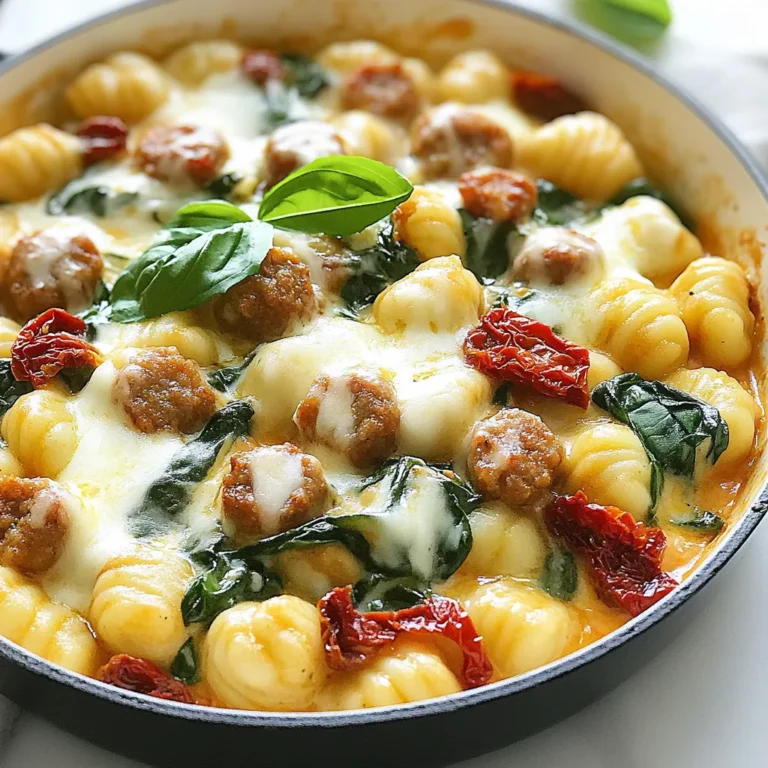 - 1 pound Italian sausage (mild or spicy) - 1 pound gnocchi (store-bought or homemade) - 1 cup heavy cream - 1 cup chicken broth - 1 cup fresh spinach The main ingredients are key to making this creamy sausage gnocchi skillet. The Italian sausage adds a rich flavor. You can choose mild for a gentle taste or spicy for a kick. Gnocchi gives a soft, pillowy texture. Use store-bought for ease or homemade for a fun challenge. Heavy cream makes the dish rich and smooth. Chicken broth adds depth, while fresh spinach brings color and nutrition. - 1/2 cup sun-dried tomatoes, finely chopped - 2 cloves garlic, finely minced - 1 teaspoon Italian seasoning - Salt and pepper to taste Flavor enhancers elevate this dish. Sun-dried tomatoes add sweetness and tang. Garlic gives a warm, savory note. Italian seasoning combines herbs for a classic taste. Don’t forget to adjust salt and pepper. This helps balance all the flavors perfectly. - Fresh basil leaves - 1 cup mozzarella cheese, freshly shredded Garnishes make your dish look and taste even better. Fresh basil leaves add a pop of color and a fresh scent. Shredded mozzarella melts beautifully, adding creaminess. They’re not just for looks; they enhance the taste too. {{ingredient_image_2}} Start by heating a large skillet over medium heat. Add one tablespoon of olive oil to the skillet. Once the oil is hot, add one pound of Italian sausage. You can choose either mild or spicy. Use a spatula to break the sausage into small pieces. Cook for about 5 to 7 minutes. You want it to be browned and cooked through. Next, add two cloves of finely minced garlic to the skillet. Stir it in for about one minute. This will make your kitchen smell amazing! Then, add half a cup of finely chopped sun-dried tomatoes. Pour in one cup of chicken broth. Sprinkle in one teaspoon of Italian seasoning, along with some salt and pepper. Bring the mixture to a gentle simmer. Let it cook for about 5 minutes to blend the flavors. Now, it’s time to make it creamy! Gradually add one cup of heavy cream while stirring. Allow the mixture to return to a gentle simmer. Carefully fold in one pound of gnocchi. Cook according to the package instructions, usually about 3 to 4 minutes. You’ll know it’s done when the gnocchi float to the surface. Once the gnocchi are cooked, stir in one cup of fresh spinach. Cook until the spinach wilts. Then, fold in one cup of freshly shredded mozzarella cheese. Stir until the cheese melts and the sauce is creamy. Adjust the seasoning with more salt and pepper if needed. Let the skillet sit for a few minutes before serving. This will help the flavors come together even more. To get a smooth, creamy sauce, add the heavy cream slowly. Mix it well with the chicken broth before it simmers. This helps keep the cream from curdling. Stir constantly during this step. If you want it richer, you can add more cream or cheese. Gnocchi cooks quickly. When they float to the top of the skillet, they are done. This usually takes about 3-4 minutes. Don’t forget to stir gently, so they don’t stick together. Overcooking can make them too soft, so watch closely. Taste the dish before serving. Adjust seasoning with salt and pepper to suit your taste. If you like spice, add red pepper flakes for a kick. For a fresh feel, try adding lemon juice or zest. Fresh herbs like basil can also boost the flavor. Pro Tips Quality Sausage: Choose a high-quality Italian sausage for the best flavor. Freshly ground sausage often has more spices and a richer taste. Gnocchi Cooking Time: Keep an eye on the gnocchi as they cook; they are done when they float to the surface. Overcooking can lead to a mushy texture. Spinach Variation: Feel free to substitute fresh spinach with kale or arugula for a different flavor profile and added nutrients. Cheese Melting: For an even creamier dish, use a combination of mozzarella and a sharper cheese like parmesan to enhance the flavor depth. {{image_4}} You can use chicken or turkey sausage in this dish. These options are leaner than pork sausage. They still add great flavor and spice. Just cook them the same way as the Italian sausage. The cooking time might be a little less, so keep an eye on them. For a meat-free take, swap the sausage for vegetable stock. This keeps the dish rich and creamy without any meat. You can also add plant-based sausage for more texture. With these changes, you still get a hearty meal that everyone will enjoy. If you don't have spinach, try using kale or other greens. Kale gives a nice crunch and is packed with nutrients. You can also use Swiss chard or arugula for a different flavor. Just add them when you would add the spinach to keep them fresh and colorful. To store leftovers, let the dish cool first. Then, place it in an airtight container. Make sure to seal it well to keep it fresh. You can store it in the fridge for up to three days. This helps keep the flavors intact. When you're ready to eat, just take it out to reheat. If you want to freeze the creamy sausage gnocchi, you can do that too! Pour the cooled dish into a freezer-safe container. Leave some space at the top for expansion. It can stay in the freezer for up to three months. Just label the container with the date. This way, you’ll remember when you made it. To reheat, I suggest using the stovetop for best results. Pour the gnocchi into a skillet over low heat. Add a splash of chicken broth or cream to keep it moist. Stir often to avoid burning. Heat until it’s warmed through, about 5-7 minutes. You can also use the microwave, but be careful. Heat in short bursts, stirring in between, to keep it creamy. Yes, you can use homemade gnocchi in this dish. Making your own gnocchi adds a personal touch. Here are some benefits and tips: - Taste: Homemade gnocchi can taste fresher and more flavorful. - Texture: You can get the texture just right to your liking. - Ingredients: You control the ingredients, making it healthier if desired. To make homemade gnocchi, combine boiled potatoes, flour, and egg. Roll the dough into small pieces and shape them. Cook them in boiling water until they float, then add them to your skillet. Yes, this recipe is great for meal prep. Here are some suggestions: - Make Ahead: Cook the dish in advance and store it in the fridge. - Reheat: When ready to eat, simply reheat it on the stove or in the microwave. - Divide: Portion the dish into containers to grab and go during the week. This dish tastes even better the next day as the flavors meld together. You can easily add more veggies to your creamy sausage gnocchi. Here are some ideas: - Bell Peppers: Dice them and sauté with the sausage for added crunch and sweetness. - Zucchini: Slice or dice zucchini and add it in with the spinach. - Broccoli: Steam broccoli florets and mix them in for extra nutrition. - Mushrooms: Sauté sliced mushrooms with the sausage for a rich, earthy flavor. Feel free to experiment with your favorite vegetables to make this dish even more vibrant! This article covers how to make a simple yet tasty dish. We explored the main ingredients, like Italian sausage, gnocchi, and spinach, plus flavor enhancers like garlic and sun-dried tomatoes. I shared step-by-step instructions and handy tips for perfecting the creamy sauce. We even looked at fun variations and storage tips. This dish offers flexibility for your taste. Try different proteins and greens to match your style. Enjoy cooking and savoring this dish!