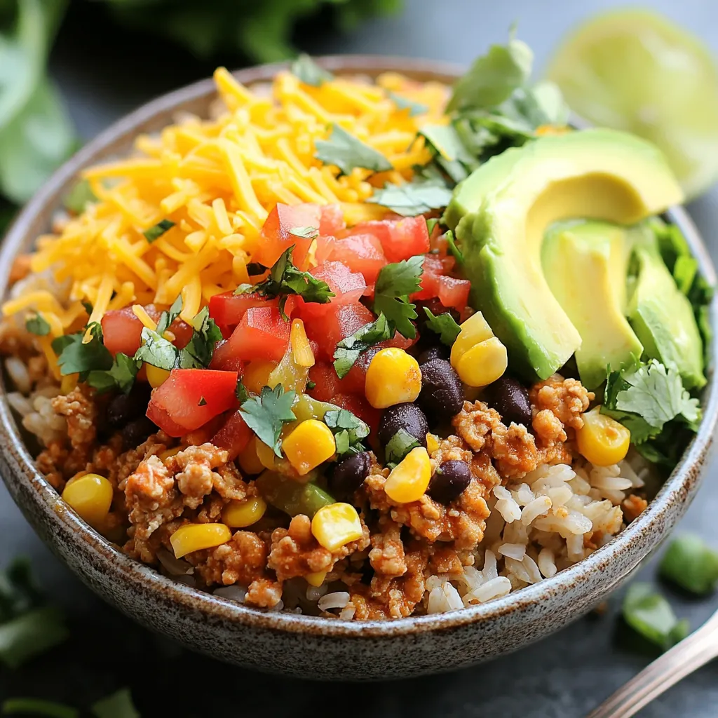 - 2 cups cooked brown rice - 1 pound ground turkey or beef - 1 can (15 oz) black beans, drained and rinsed - 1 cup corn kernels (fresh, frozen, or canned) - 1 medium onion, finely diced - 2 cloves garlic, minced - 1 tablespoon taco seasoning - 1 teaspoon ground cumin - 1 teaspoon smoked paprika - 1 cup diced tomatoes (fresh or canned) - 1 ripe avocado, diced - 1 cup shredded lettuce - ½ cup shredded cheddar cheese - Fresh cilantro leaves for garnish - Lime wedges for serving - Different proteins (e.g., chicken, tofu) - Additional toppings (e.g., sour cream, jalapeños) - Alternative grains (e.g., quinoa, cauliflower rice) This simple taco rice bowl recipe brings together big flavors and fresh ingredients. You can mix and match to make it your own. The main ingredients create a solid base. Brown rice is healthy and filling. Ground turkey or beef adds protein. Black beans and corn boost fiber and flavor. Feel free to customize your bowl! If you want a different protein, chicken or tofu works well. You can also add toppings like sour cream or jalapeños for extra flavor. If you prefer a different grain, try quinoa or cauliflower rice instead of brown rice. With these ingredients, you can create a tasty meal that suits your tastes. Mix and match to make your taco rice bowl a hit at your dinner table! {{ingredient_image_2}} - First, cook 2 cups of brown rice. Follow the package directions for the best results. - Next, finely chop one medium onion and mince two cloves of garlic. These add great flavor. - Heat a splash of olive oil in a large skillet over medium heat. - Add the chopped onion and minced garlic. Sauté for about 3–4 minutes until soft. - Now, add one pound of ground turkey or beef. Break it up with a spatula and cook until browned, about 5–7 minutes. - Sprinkle in one tablespoon of taco seasoning, one teaspoon of ground cumin, and one teaspoon of smoked paprika. Stir well to coat the meat. - Add one can of drained black beans, one cup of corn, and one cup of diced tomatoes. Mix everything together and let it simmer for about 5 minutes. - Start with a scoop of cooked brown rice in each bowl. - Layer the taco meat mixture over the rice. - Top with diced avocado, shredded lettuce, and shredded cheddar cheese. - Garnish with fresh cilantro and serve with lime wedges for a zesty touch. To make the taco meat burst with flavor, adjust the seasoning to fit your taste. Start with the taco seasoning, then add extra salt or pepper if needed. You can also mix in more spices like chili powder for a kick. When cooking the meat, use medium heat to brown it well. This helps to seal in juices and create a nice texture. Don’t rush this step; a good brown color adds depth to the flavor. Make your taco rice bowl pop with color. Use a clear bowl to showcase the layers. You can also serve the bowls family-style, allowing everyone to build their own. Pair the bowl with tortilla chips for a crunchy side, or fresh salsa for a zesty dip. A light drink, like iced tea or sparkling water, complements the meal perfectly. Prepare ingredients ahead of time for easy assembly. Cook your brown rice and store it in the fridge. Chop veggies like onion and garlic, then keep them in airtight containers. This way, you save time on busy nights. If you have leftovers, store them in separate containers. This keeps the rice and toppings fresh. Enjoy your taco rice bowl again without losing taste! Pro Tips Use Fresh Ingredients: For the best flavor, opt for fresh vegetables and herbs whenever possible. Fresh cilantro and ripe avocados can elevate your bowl significantly. Customize Your Protein: Feel free to substitute ground turkey with chicken, or even a plant-based protein like lentils or tempeh for a vegetarian option. Add Extra Spice: If you enjoy heat, consider adding chopped jalapeños or a dash of hot sauce to the taco meat mixture for an extra kick. Meal Prep Friendly: This dish is perfect for meal prepping! Cook a batch and portion it out for easy lunches or dinners throughout the week. {{image_4}} For a tasty vegetarian or vegan taco rice bowl, swap the ground turkey or beef for plant-based proteins. You can use lentils, chickpeas, or crumbled tofu. Each option adds a unique flavor and texture. For cheese lovers, try dairy-free cheese. This substitution keeps it vegan and still gives a creamy finish. To boost flavor, experiment with different spices. Try chili powder, oregano, or even a pinch of cinnamon for a twist. You can also mix in your favorite salsa or guacamole. These add vibrant flavors and a fresh touch to each bite. Adjust the spice level to fit your taste. For a milder bowl, skip hot spices. If you love heat, add jalapeños or a dash of hot sauce. You can mix in crushed red pepper for extra warmth. These simple changes let you customize heat to your liking. Store leftover taco rice bowls in the fridge. Use airtight containers to keep them fresh. This method helps prevent moisture loss and keeps flavors intact. Leftovers can last for about 3 to 4 days. You can freeze taco rice bowls for later. Portion them into single-serving containers. This makes it easy to grab when you need a quick meal. To thaw, place the container in the fridge overnight. For reheating, use the microwave or stovetop. Ensure the food is heated through. Most ingredients stay fresh for a few days in the fridge. Cooked rice lasts about 4 to 6 days. Ground meat should be used within 1 to 2 days after cooking. Look for signs of spoilage, like off smells or changes in color. If something seems off, it's best to discard it. It takes about 10 minutes to prep and 20 minutes to cook. So, the total time is 30 minutes. You can enjoy a tasty meal in no time! Yes, you can make this taco rice bowl ahead. Cook the rice and meat mix first. Store them separately in the fridge. When you're ready to eat, just reheat and assemble. This makes meal prep easy! You can use several options instead of ground turkey or beef. Try ground chicken, tofu, or lentils. Each option works well and adds its own flavor. Choose what you like best. Yes, this recipe can easily be gluten-free. Just check the taco seasoning and beans. Make sure they are labeled gluten-free. All other ingredients are naturally gluten-free, so you're good to go! Absolutely! For a slow cooker, brown the meat first, then add everything else. Cook on low for 4-6 hours. For an Instant Pot, brown the meat, then add all ingredients. Cook on high for 10 minutes and let it release naturally. Cooking methods provide tasty results too! In this article, we explored how to create a tasty taco rice bowl. You learned the key ingredients, easy instructions, and tips for perfecting the dish. Customize it with different proteins and toppings to make it your own. Remember, meal prep can save time later. Whether you want a vegetarian version or spicy twist, the options are endless. Enjoy experimenting in your kitchen. Your taco rice bowls will be a hit with family and friends. Happy cooking!