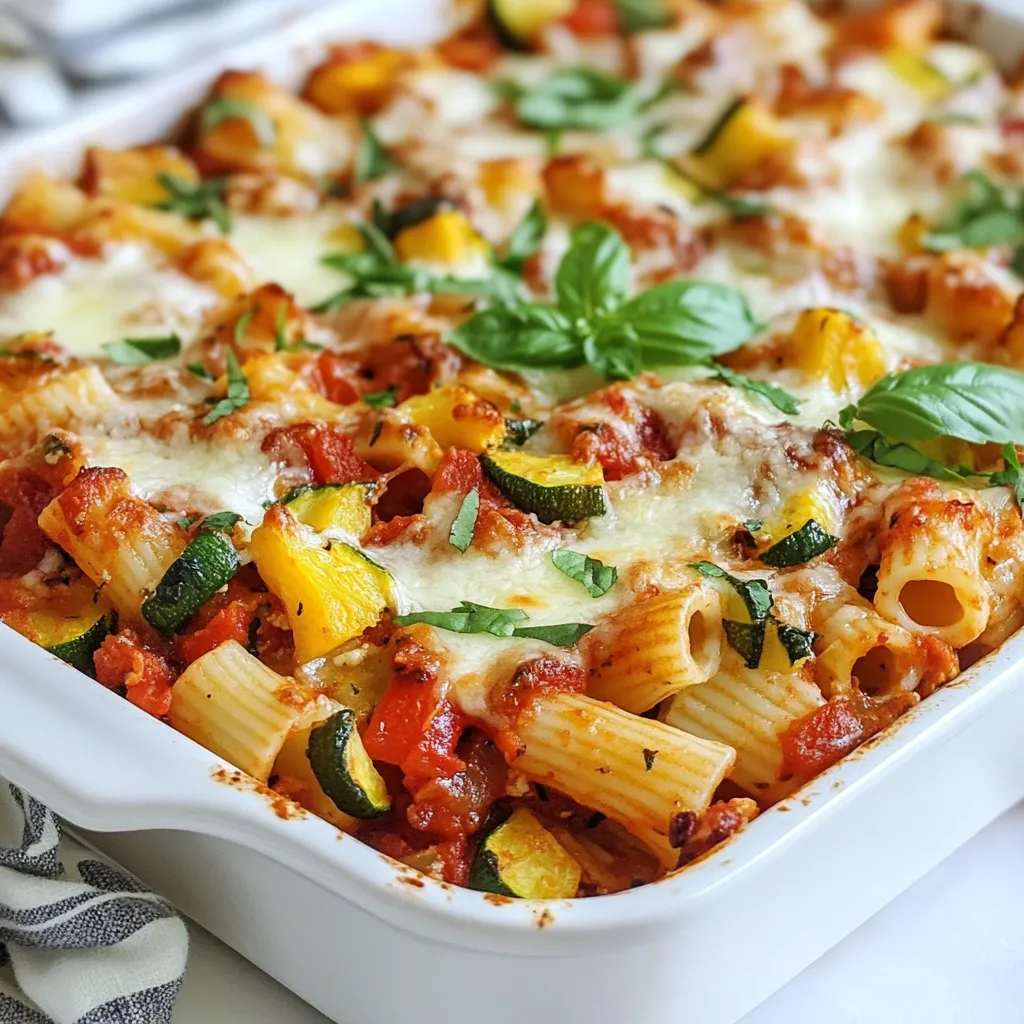 To make Loaded Veggie Baked Ziti, gather these items: - 12 oz ziti pasta - 2 tablespoons extra virgin olive oil - 1 medium onion, finely diced - 3 cloves garlic, minced - 1 bell pepper (any color), diced - 1 medium zucchini, diced - 1 medium yellow squash, diced - 1 cup fresh spinach, roughly chopped - 24 oz marinara sauce (store-bought or homemade) - 1 teaspoon dried basil - 1 teaspoon dried oregano - Salt and freshly ground black pepper to taste - 2 cups ricotta cheese (full-fat for creaminess) - 2 cups shredded mozzarella cheese (plus more for topping) - 1/2 cup freshly grated Parmesan cheese - Fresh basil leaves for garnish (optional but recommended) You can change some ingredients if you need to. Here are a few ideas: - Pasta: Use any short pasta like penne or fusilli. - Ricotta Cheese: Cottage cheese works well if you're in a pinch. - Marinara Sauce: A jar of your favorite pasta sauce will also do. - Vegetables: Try eggplant or mushrooms for a different taste. - Cheese: Swap mozzarella for provolone or gouda for a unique flavor. Loaded Veggie Baked Ziti is hearty and filling. Here’s a rough breakdown per serving: - Calories: About 450-500 - Protein: 20-25 grams - Carbohydrates: 50-55 grams - Fat: 20-25 grams - Fiber: 4-6 grams This dish packs in nutrients from veggies and cheese, making it a balanced meal. You get fiber from the veggies and protein from the cheese, making it a great option for everyone. {{ingredient_image_2}} First, you need to make the ziti pasta. Start by preheating your oven to 375°F (190°C). This helps the dish cook evenly later. In a large pot, bring salted water to a boil. Once boiling, add 12 oz of ziti pasta. Cook it according to the package directions until it is al dente. This means it should be firm to the bite. After cooking, drain the pasta and set it aside in a large mixing bowl. Now it's time to add flavor with veggies. Heat 2 tablespoons of extra virgin olive oil in a large skillet over medium heat. Add 1 medium onion, finely diced, and 3 cloves of minced garlic. Sauté these for about 2-3 minutes. You want the garlic and onion to smell great and the onion to turn translucent. Next, add 1 diced bell pepper, 1 medium diced zucchini, and 1 medium diced yellow squash to the skillet. Sauté these veggies for 5-7 minutes. Stir occasionally until they soften. Finally, add 1 cup of roughly chopped fresh spinach. Cook for 1-2 more minutes until it wilts. Pour in 24 oz of marinara sauce along with 1 teaspoon of dried basil and 1 teaspoon of dried oregano. Season the mixture with salt and freshly ground black pepper to taste. Allow it to simmer gently for about 5 minutes. This helps all the flavors mix well together. Now it's time to put everything together. In the large mixing bowl with the cooked ziti, gently fold in the veggie sauce mixture. Add 2 cups of ricotta cheese and stir well until everything is evenly combined. The pasta should be fully coated in that rich veggie sauce. Next, transfer half of this ziti and veggie mix into a greased 9x13 inch baking dish. Spread it out evenly. Sprinkle half of the 2 cups of shredded mozzarella on top. Layer the remaining ziti mixture over this. Finish by adding the rest of the mozzarella and 1/2 cup of grated Parmesan cheese on top. Cover the baking dish tightly with aluminum foil to keep the cheese from burning. Place it in the preheated oven and bake for 25 minutes. After that, carefully remove the foil. Bake for another 10-15 minutes until the cheese is bubbly and golden brown. Once done, let the baked ziti cool for a few minutes. You can garnish it with fresh basil leaves for extra flavor and color. Enjoy! To bake the loaded veggie ziti just right, start with a hot oven. Preheat it to 375°F (190°C). This helps the cheese melt and brown perfectly. Cover the dish with foil for the first half of baking. This keeps the dish moist. Remove the foil for the last 10-15 minutes. This allows the cheese to get that golden crust. Let it cool for a few minutes before serving. This helps the layers set and makes serving easier. For the best ricotta cheese blend, choose full-fat ricotta. It gives a rich, creamy texture. Mix the ricotta with the veggie sauce evenly. This helps each bite be creamy and flavorful. You can also add a splash of heavy cream for extra richness. Blend well until smooth. If you like herbs, add some fresh basil or parsley to the ricotta. This adds a fresh taste and brightens the dish. Herbs and spices are key to making this dish special. Dried basil and oregano work well in the sauce. You can add red pepper flakes for heat. Fresh herbs, like basil or parsley, can be added right before serving. This gives a fresh flavor boost. Always taste as you go. Adjust salt and pepper to your liking. If you want more depth, a splash of balsamic vinegar can enhance the overall flavor. Pro Tips Fresh Herbs: Enhance the flavor by using fresh herbs instead of dried. Add chopped fresh basil or parsley just before serving for a burst of freshness. Extra Creaminess: For an even creamier texture, mix in a little cream cheese or sour cream with the ricotta. This adds richness to every bite. Make-Ahead Option: Assemble the dish a day in advance and store it in the refrigerator. Just bake it right before serving for a quick dinner option. Vegetable Variations: Feel free to swap or add your favorite vegetables! Mushrooms, broccoli, or eggplant work beautifully in this dish. {{image_4}} You can make Loaded Veggie Baked Ziti gluten-free by using gluten-free ziti pasta. Many brands offer good options. For a vegan twist, swap ricotta and mozzarella for plant-based cheeses. Nutritional yeast can add a cheesy flavor too. Use vegan marinara to keep it dairy-free. These changes still keep all the taste. Cheese is key in this dish. You can mix different cheeses for a unique taste. Try adding gouda for smokiness or pepper jack for a kick. A blend of cream cheese and mozzarella can make it extra creamy. Always adjust the types of cheese to fit your taste. Using seasonal veggies can change the flavor profile. In spring, add asparagus or peas for freshness. In summer, try using eggplant or heirloom tomatoes. Fall brings great options like butternut squash or kale. Winter can be brightened with carrots or Brussels sprouts. Tailoring your veggies keeps the dish exciting and delicious. To keep your Loaded Veggie Baked Ziti fresh, let it cool first. Once it’s cool, cover it tightly with plastic wrap or aluminum foil. You can also use an airtight container. This way, it stays tasty in the fridge for up to four days. When you’re ready to enjoy the leftovers, preheat your oven to 350°F (175°C). Place the ziti in an oven-safe dish. Add a splash of marinara sauce to keep it moist. Cover the dish with foil to avoid drying out. Bake for about 20 minutes, or until it's hot all the way through. If you want a crispy top, remove the foil for the last 5 minutes. To freeze your Loaded Veggie Baked Ziti, first let it cool completely. Portion it into freezer-safe containers. Leave some space at the top of each container for expansion. You can freeze it for up to three months. When you’re ready to eat, thaw it overnight in the fridge. Then, follow the reheating instructions above for a warm, hearty meal. Bake the Loaded Veggie Baked Ziti for 25 minutes covered with foil. After that, remove the foil and bake for another 10 to 15 minutes. This allows the cheese to melt and brown nicely. You want it bubbly and golden for the best texture and flavor. Yes, you can use whole wheat pasta instead of ziti. Whole wheat pasta adds fiber and a nutty taste. Just make sure to adjust the cooking time. Whole wheat pasta often cooks a bit faster than regular pasta. Keep an eye on it so it doesn’t get mushy. You can serve a fresh salad alongside the Loaded Veggie Baked Ziti. A crisp green salad with a light vinaigrette adds a nice contrast. Garlic bread also pairs well and helps soak up the sauce. For a fun twist, try some roasted veggies for extra flavor and color. This post covered the key ingredients, step-by-step instructions, and useful tips for making Loaded Veggie Baked Ziti. We explored substitutions and nutritional info, and discussed variations for gluten-free and vegan options. Proper storage and reheating tips ensure you can enjoy it later. In closing, baked ziti is versatile and fun to make. You can tweak it to fit your taste and needs. Enjoy cooking and sharing this hearty dish!