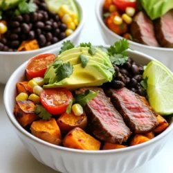- 1 lb flank steak - 2 large sweet potatoes, peeled and diced into 1-inch cubes - 1 tablespoon olive oil - 1 tablespoon chipotle chili powder - 1 teaspoon garlic powder - 1 teaspoon ground cumin - Salt and freshly cracked pepper, to taste The main ingredients in this meal are flank steak and sweet potatoes. Flank steak gives a rich flavor. It’s best to cut it against the grain for tenderness. Sweet potatoes add a sweet touch and healthy carbs. The spices make all the difference. Chipotle chili powder gives a smoky kick. Garlic powder and cumin add depth to the taste. Always season generously with salt and pepper. - 1 cup black beans, rinsed and drained - 1 cup corn kernels (fresh, canned, or frozen) - 1 cup cherry tomatoes, halved - 1 ripe avocado, sliced - Fresh cilantro, chopped for garnish - Lime wedges, for serving The additional components add great texture and flavor. Black beans are high in protein and fiber. Corn kernels bring sweetness and crunch. Cherry tomatoes add freshness. Sliced avocado gives creaminess. Cilantro brightens up the dish. The lime wedges add a zesty touch when you serve. This balance of flavors makes your meal fun and delicious. 1. First, preheat your oven to 425°F (220°C). This heat is perfect for roasting. 2. In a large bowl, mix the diced sweet potatoes with 1 tablespoon of olive oil. 3. Add 1 tablespoon of chipotle chili powder, 1 teaspoon of garlic powder, 1 teaspoon of cumin, salt, and pepper to taste. 4. Toss the sweet potatoes well. Make sure every piece is coated in the spice mix. 5. Spread the sweet potatoes in a single layer on a lined baking sheet. 6. Roast them for 25-30 minutes. Stir them halfway through for even cooking. They should be tender and a bit caramelized when done. 1. While the sweet potatoes roast, season the flank steak well with salt, pepper, and a sprinkle of chipotle chili powder. 2. Heat a grill or pan to medium-high. Cook the steak for 4-5 minutes on each side. 3. Check for your desired doneness. 4. Once cooked, let the steak rest for 5 minutes. This helps keep it juicy. 5. Slice the steak thinly against the grain. This will ensure each bite is tender. 1. Grab your meal prep containers and start portioning. 2. Evenly distribute the roasted sweet potatoes, sliced flank steak, 1 cup of black beans, 1 cup of corn, and halved cherry tomatoes. 3. For a fresh touch, top each bowl with avocado slices and chopped cilantro. 4. Add a lime wedge on the side for a zesty kick. 5. Let the bowls cool before sealing them with lids. 6. Store them in the fridge. They will stay fresh for up to 5 days. - Ensuring even cooking: Cut your sweet potatoes into 1-inch cubes. This size helps them cook evenly. Stir them halfway through roasting. This keeps them from sticking and helps them caramelize nicely. - Alternative seasoning ideas: If you want to mix it up, try adding cinnamon or paprika. These spices add a nice twist. You can also use fresh herbs like rosemary for a fragrant touch. - Checking for doneness: Use a meat thermometer to check the steak’s temperature. Aim for 130°F for medium-rare. This ensures you get juicy and tender meat. If you prefer it more done, aim for 145°F. - Best cooking methods for tenderness: Grilling is my favorite method. It gives a great char. Pan-searing also works well. Just make sure to keep the heat at medium-high. This helps achieve a nice crust while keeping the inside tender. - Cooling down before sealing: Let your meal prep bowls cool for about 20 minutes. This helps prevent moisture buildup in the container. Moisture can lead to soggy food. - Best practices for reheating meal prep: When reheating, use the microwave or oven. If using the microwave, cover the bowl with a damp paper towel. This keeps the food from drying out. If you're using the oven, reheat at 350°F for about 10-15 minutes. {{image_4}} You can change the protein in this meal. If you want a lighter option, try chicken or turkey. They cook quickly and soak up the spices well. For a tasty twist, marinate the chicken in chipotle sauce before cooking. This adds great flavor. If you prefer plant-based meals, consider using tofu or tempeh. Both options soak in flavors nicely. Marinate them in the same spices as the steak. Then grill or sauté until golden brown. You’ll have a filling, tasty meal. Switching up spices can elevate your dish. Instead of chipotle chili powder, try smoked paprika for a different kick. Cumin is also a great choice; it adds warmth and depth. Fresh herbs like oregano or thyme can give your meal a fragrant touch. You can mix in different beans and veggies too. Instead of black beans, use pinto or kidney beans for variety. Peppers, zucchini, or spinach can add color and nutrition. Let your creativity shine with every bowl! Accompany your meal prep bowls with tasty sauces. A dollop of sour cream or Greek yogurt can add creaminess. If you like heat, drizzle some hot sauce on top. For a fresh touch, squeeze lime juice over your bowl. Don’t forget about toppings! Crumbled queso or feta cheese adds a salty bite. Chopped green onions or jalapeños can provide a nice crunch. Explore different combos to keep your meals exciting! - Refrigeration guidelines: Always let your meal prep cool down before sealing. This keeps moisture out and helps prevent spoilage. Store in airtight containers. Your meal prep can last in the fridge for up to 5 days. - Vacuum sealing for longevity: For extra freshness, use a vacuum sealer. This method removes air and extends shelf life. It’s perfect if you want to keep your meal prep for longer. - Container choices for freezing: Use freezer-safe containers or heavy-duty bags. Make sure to leave some space for expansion. This helps avoid freezer burn. - Defrosting tips: Always defrost your meal prep in the fridge for best results. If you're in a hurry, use the microwave. Just remember to reheat it until hot all the way through. - Duration in the fridge: Your Chipotle Steak and Potatoes will stay fresh for 5 days in the fridge. This makes meal planning easy and stress-free. - Signs of spoilage: Check for any off smells or changes in texture or color. If you see any mold, it's best to toss it. Always trust your senses when it comes to food safety. Chipotle Steak and Potatoes last up to 5 days in the fridge. Store them in airtight containers to keep them fresh. Make sure the meal prep bowls cool down before sealing. This helps to avoid moisture build-up, which can spoil your meal. Check for any signs of spoilage, like off smells or mold, before eating. Yes, you can meal prep Chipotle Steak ahead of time. Cook the steak and sweet potatoes first. Let them cool before packing them into containers. This helps save time during busy weeks. You can also chop the veggies and prepare the toppings in advance. Just assemble everything on the day you plan to eat. You can use several options instead of flank steak. Sirloin steak works well and is often tender. Chicken breast is a great choice for a leaner meal. If you prefer plants, try using marinated tofu or tempeh. Both options absorb flavors nicely and add protein to your meal. Yes, this recipe is gluten-free! The ingredients used, like flank steak, sweet potatoes, and spices, do not contain gluten. Just be cautious with any packaged items, like canned beans or corn. Always check labels to ensure they are gluten-free. This makes it safe for those with gluten sensitivities. In this post, we explored a tasty dish featuring flank steak and sweet potatoes. You learned how to prepare each ingredient and assemble meal prep bowls. We also shared tips for perfecting your flavors and storage options to keep your food fresh. Think about customizing the recipe with various proteins and spices. Meal prep can save time and bring joy to your cooking. Try out these ideas and make this dish your own!