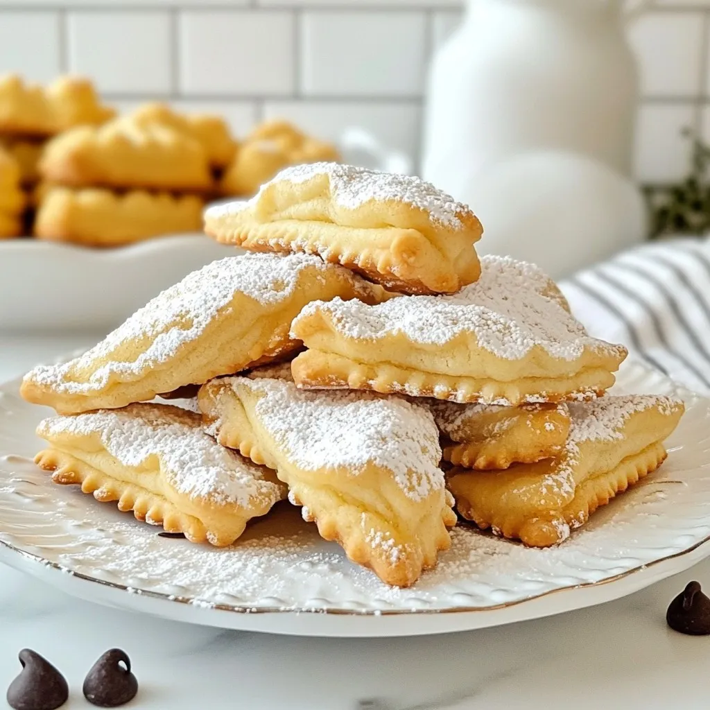 To make Cannoli Cookies, you need a few simple items. Here’s what you will need: - 1 cup all-purpose flour - 1/2 teaspoon baking powder - 1/4 teaspoon salt - 1/2 teaspoon ground cinnamon - 1/2 cup unsalted butter, softened to room temperature - 1/2 cup granulated sugar - 1 large egg - 1 teaspoon vanilla extract - 1/2 cup ricotta cheese (drained if watery) - 1/4 cup mini chocolate chips - 1/4 cup powdered sugar (for dusting) Each ingredient plays a key role in making these cookies delightful. The all-purpose flour gives the cookies structure. Baking powder helps them rise. Salt enhances flavor, while cinnamon adds warmth. Butter and sugar create a creamy base. The egg binds everything together, and vanilla adds a sweet aroma. Ricotta cheese gives a rich, creamy texture. Finally, the chocolate chips add little bursts of sweetness. Gather these ingredients before you start. It makes the process smooth and fun! {{ingredient_image_2}} - Preheat your oven to 350°F (175°C). Line a baking sheet with parchment paper. - In a medium bowl, mix together 1 cup of all-purpose flour, 1/2 teaspoon baking powder, 1/4 teaspoon salt, and 1/2 teaspoon ground cinnamon. Set this dry mix aside. - In a large bowl, cream together 1/2 cup softened butter and 1/2 cup granulated sugar. Use an electric mixer for 2-3 minutes until fluffy. - Add 1 large egg and 1 teaspoon vanilla extract to the creamed butter and sugar. Beat until smooth and mixed well. - Gradually mix the dry ingredients into your wet mixture. Stir until just combined. Don't overmix; this keeps the cookies tender. - Use a spatula to fold in 1/2 cup drained ricotta cheese and 1/4 cup mini chocolate chips. Make sure they are evenly spread in the dough. - Use a tablespoon or cookie scoop to portion the dough into small balls. Place them on the prepared baking sheet, leaving 2 inches between them. - Bake for 12-15 minutes. Look for golden brown edges and soft centers. - Let the cookies cool on the baking sheet for 5 minutes. Then, move them to a wire rack to cool completely. - Once cooled, lightly dust with 1/4 cup powdered sugar to add a lovely finish before serving. To ensure tender cookies, do not overmix the dough. When you combine wet and dry ingredients, mix just until you see no flour. This keeps your cookies soft and chewy. The ideal baking time for these cookies is 12-15 minutes. Look for golden edges while the center stays soft. This combination gives you the best texture. For a lovely presentation, arrange the cannoli cookies on a colorful plate. Scatter extra mini chocolate chips around them for a fun look. You can pair these cookies with whipped cream. This adds a sweet touch for dipping and makes each bite even better. Enjoy the flavors together! Pro Tips Use High-Quality Ricotta: For the best flavor and texture, opt for whole milk ricotta cheese. It provides a creamier consistency and enhances the overall taste of your cookies. Chill the Dough: If you find the dough is too soft to handle, refrigerate it for about 30 minutes. This will make rolling the cookies easier and help them maintain their shape while baking. Customize the Mix-Ins: Feel free to experiment with different mix-ins like chopped nuts or dried fruit to create your own unique twist on these cannoli cookies. Store Properly: To keep your cookies fresh, store them in an airtight container at room temperature for up to a week. You can also freeze them for longer storage! {{image_4}} To make your cannoli cookies even more fun, you can try adding citrus zests. Zest from lemons or oranges gives a bright, fresh taste. Just add about a teaspoon of zest to your dough. This small change can make a big difference in flavor! You can also explore different types of chocolate. Instead of mini chocolate chips, try dark chocolate chunks or white chocolate. Each type brings its own unique taste. You can even mix several kinds for a chocolate lover's dream! If you need gluten-free options, you can use gluten-free flour. Make sure to use a blend that works well for baking. This way, everyone can enjoy these cookies without worry. For vegan substitutions, swap the butter with a vegan butter or coconut oil. Use a flax egg instead of a regular egg. To make a flax egg, mix one tablespoon of ground flaxseed with three tablespoons of water. Let it sit for a few minutes to thicken. These swaps keep your cookies vegan while still tasting amazing! To keep your cannoli cookies fresh, use an airtight container. This type of container helps prevent moisture loss. You can stack the cookies in a single layer or add parchment paper between layers. Before you store them, let the cookies cool completely. Cooling prevents sogginess. Place them on a wire rack for even cooling. Cannoli cookies last about 5 days at room temperature. Store them in a cool, dry place. If you want to keep them longer, freezing is a great option. To freeze your cookies, place them in a freezer-safe bag or container. Make sure to remove as much air as possible. They can stay in the freezer for up to 3 months. When you’re ready to eat them, thaw them at room temperature. Enjoy your sweet treat later! Can I use ricotta cheese substitutes? Yes, you can. Cream cheese or mascarpone works well. They provide a similar creamy texture. How do I know when the cookies are done? Look for golden edges and a soft center. The cookies should look puffy but not wet. Can I make the dough ahead of time? Yes, you can. Chill the dough for up to two days. Just wrap it tightly before storing. What type of flour works best? All-purpose flour is ideal for these cookies. It gives the right texture and structure. Can I add nuts to the dough? Absolutely! Chopped pistachios or walnuts add a nice crunch. Just mix them in gently. What is the best way to ensure cookies are chewy? Do not overmix the dough. Mixing just until combined keeps them tender and chewy. How can I make my cookies more flavorful? Try adding a bit of almond extract or extra vanilla. A pinch of salt enhances the sweetness too. In summary, you’ve learned to make Cannoli Cookies with simple steps and tasty variations. From mixing the ingredients to baking, each step is key to perfect cookies. Remember to avoid overmixing for tenderness and enjoy serving these treats with flair. Explore flavor twists or modifications that fit your needs. Proper storage helps keep them fresh, and your cookies will shine. Try these tips, and enjoy baking and sharing your delicious creations!