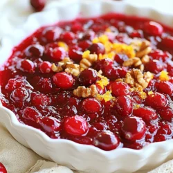 - 12 ounces fresh cranberries - 1 cup orange juice - Pinch of salt To make whole berry cranberry sauce, you need fresh cranberries. They bring vibrant flavor and color. Use 12 ounces for a nice batch. Next, fresh orange juice is a must. One cup adds brightness and balances the tartness of the cranberries. Don’t forget a pinch of salt. It enhances all the flavors. - 1/2 cup chopped walnuts - Ground spices: cinnamon and ginger - Zest of 1 orange For added texture and flair, consider chopped walnuts. A half cup gives a nice crunch. Ground spices like cinnamon and ginger add warmth and depth. Just a pinch brings a cozy feel to the sauce. Finally, zest from one orange adds a lovely citrus note. These add-ins make your sauce even more special. {{ingredient_image_2}} - Rinse and sort cranberries. - Remove any bruised or overripe berries. - In a medium saucepan, combine the rinsed cranberries, orange juice, and sugar. - Place the saucepan over medium heat. - Gently stir the mixture until the sugar dissolves. - As it heats, the mixture will start to simmer. - Reduce the heat to low once it simmers. - Stir in the ground cinnamon, ground ginger, orange zest, and a pinch of salt. - Let the sauce simmer for 10 to 15 minutes. - Watch the cranberries pop open and release juices. - If using walnuts, add them in the last 5 minutes. - Remove the saucepan from heat and let it cool. - The sauce thickens more as it cools. - Transfer the sauce to a serving dish or airtight container. - Serve warm or chill it first, based on your taste. To make a great whole berry cranberry sauce, use fresh cranberries. Check for plump, bright berries. Toss any that are bruised or soft. Fresh cranberries make your sauce taste better. Next, you may want to adjust the sweetness. The sugar in the recipe balances the tartness of the cranberries. Start with one cup of sugar, then taste the sauce. If it's too tart, add a bit more sugar. You want it to fit your taste. Simmering is key to the perfect sauce. When you heat the mixture, it should bubble gently. This helps the cranberries pop and release their juices. Keep the heat low after it starts to simmer. This slow cooking thickens the sauce nicely. To check the consistency, dip a spoon into the sauce. If it coats the back of the spoon, it's ready. If it's too runny, let it simmer a bit longer. The sauce will thicken as it cools, too. Whole berry cranberry sauce goes well with many dishes. It pairs nicely with turkey, chicken, or pork. The tart flavor cuts through rich meats, making each bite better. You can also use it as a condiment. Spread it on sandwiches or mix it into yogurt or oatmeal. It makes a great topping for desserts like cheesecake. The options are endless, so get creative! Pro Tips Use Fresh Cranberries: Fresh cranberries provide the best flavor and texture. Avoid using frozen cranberries as they may lead to a watery sauce. Adjust Sweetness: Depending on your taste, you can adjust the amount of sugar. Start with less and add more if you prefer a sweeter sauce. Experiment with Spice: Feel free to add other spices like nutmeg or cloves for an extra layer of flavor that complements the cranberries. Storage Tips: Store the sauce in an airtight container in the refrigerator for up to a week or freeze it for longer preservation, making it a great make-ahead option. {{image_4}} You can make your whole berry cranberry sauce even more tasty with some simple changes. Adding other fruits can bring a nice twist. Try mixing in chopped apples or pears. They add sweetness and a soft texture. You can also use dried fruits like raisins or cherries for a different flavor. Spices can elevate your sauce too. Consider adding a pinch of cloves or nutmeg for warmth. These spices blend well with the tang of cranberries. Just a little goes a long way. Experimenting with flavors is fun and can lead to new favorites. If you want a healthier version, there are options. You can reduce the sugar in your recipe. Use a low-sugar or sugar-free alternative. Stevia or erythritol works well. This way, you can enjoy the sauce without the extra sugar. For those with nut allergies, skip the walnuts. You can still keep the texture by using seeds like sunflower seeds. They add a nice crunch without the risk of allergies. How you serve your sauce can make it special. Use a colorful dish to show off the vibrant red color. A glass bowl lets everyone see the beautiful berries inside. Garnishing adds a nice touch too. You can sprinkle some fresh herbs like mint or add orange slices on top. These details can make your dish more appealing. It’s all about showing your style while enjoying a tasty sauce. For the best storage, you can choose between refrigeration and freezing. If you plan to eat the sauce soon, store it in the fridge. Use an airtight container to keep it fresh. This will help stop air from getting in and changing the taste. If you want to save it for later, freezing is a great option. Use a freezer-safe container or a plastic bag. Make sure to remove as much air as possible before sealing. This will prevent freezer burn. In the fridge, your whole berry cranberry sauce lasts about one week. If you freeze it, it can last up to six months. For thawing frozen sauce, place it in the fridge overnight. This makes it easier to reheat without losing flavor. You can also use the microwave for quick thawing. Just be sure to stir it well after heating to keep the texture smooth. How to make the sauce thicker? To thicken your sauce, let it simmer longer. This helps the cranberries break down and release their juices. You can also mash some cranberries with a fork. If you want it even thicker, try adding a cornstarch mixture. Mix one tablespoon of cornstarch with two tablespoons of cold water. Stir it in, then simmer for a few more minutes. Can I use frozen cranberries? Yes, you can use frozen cranberries. Just rinse them under cold water before cooking. They may take a bit longer to cook. Frozen cranberries work well, but they may not burst as much as fresh ones. Still, you'll get a great taste. Are there health benefits to cranberry sauce? Cranberries are full of vitamins. They are rich in vitamin C and fiber. Eating cranberries may help support your immune system. They also contain antioxidants that can protect your body from damage. Using less sugar in your sauce boosts these health benefits. How many calories per serving? Each serving of this cranberry sauce has about 100 calories. This is based on dividing the sauce into eight servings. The sugar and orange juice add calories, but the cranberries provide nutrition. You can reduce sugar to lower the calorie count. Where to buy whole berry cranberry sauce? You can find whole berry cranberry sauce at most grocery stores. Look in the canned goods aisle, especially around holiday time. Local markets also often have fresh versions during the fall season. What to look for in store-bought versions? When buying store-bought sauce, check the label. Look for whole berries and natural ingredients. Avoid sauces with too much added sugar or artificial flavors. A good sauce should have cranberries as the main ingredient. This blog post covers everything you need for making the perfect cranberry sauce. You learned about fresh ingredients and optional add-ins that enhance flavor. I provided easy steps for preparation and cooking, along with tips to perfect your sauce. Variations and storage methods ensure it fits your needs. Remember, you can mix flavors or adjust for dietary needs. With these pointers, you can create a delicious sauce everyone will love. Enjoy your cooking and feel proud of your tasty creation!